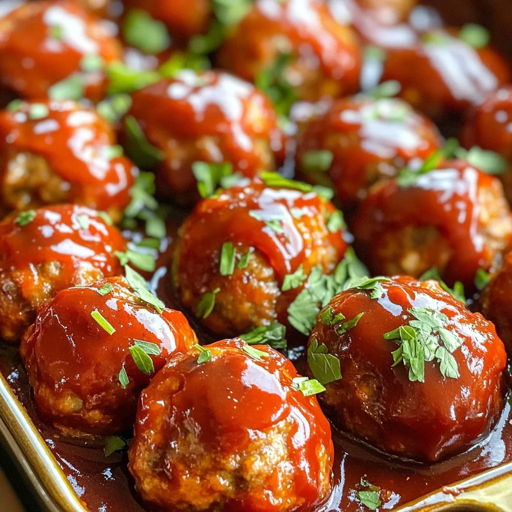 - 1 pound ground beef - 1/2 cup breadcrumbs - 1/2 cup grated Parmesan cheese - 1 large egg - 3 cloves garlic, minced - 1 teaspoon onion powder - 1 teaspoon smoked paprika - 1/2 teaspoon salt - 1/4 teaspoon black pepper To make these meatballs, start with ground beef. I like using 80/20 beef for a juicy bite. Combine it with breadcrumbs and Parmesan for texture and flavor. One egg binds the mix together. Garlic, onion powder, smoked paprika, salt, and black pepper add zest. - 1/2 cup BBQ sauce (preferably sweet) - 1/4 cup honey - 1 tablespoon hot sauce (adjust for spice level) - 1 tablespoon apple cider vinegar - Fresh chopped parsley for garnish For the sauce, I love sweet BBQ sauce for balance. Honey adds a nice touch of sweetness. Adjust hot sauce based on your spice preference—go mild or kick it up! Apple cider vinegar brings acidity, brightening the flavors. Don’t forget fresh parsley for garnish. It adds color and freshness. Start by gathering a large mixing bowl. Add these ingredients: - 1 pound ground beef - 1/2 cup breadcrumbs - 1/2 cup grated Parmesan cheese - 1 large egg - 3 cloves garlic, minced - 1 teaspoon onion powder - 1 teaspoon smoked paprika - 1/2 teaspoon salt - 1/4 teaspoon black pepper Mix everything until smooth. You want a thick and sticky mixture. If it feels too dry, add a little water or more egg. If it’s too wet, add more breadcrumbs. This helps your meatballs hold their shape. With your hands, roll the mixture into small balls. Aim for about 1 inch in size. Make them all even so they cook at the same rate. Place the balls on a tray as you roll them. Once done, it’s time to move them to the slow cooker. Carefully transfer each meatball into the slow cooker. Spread them out evenly to ensure even cooking. In another bowl, whisk together these sauce ingredients: - 1/2 cup BBQ sauce (preferably sweet) - 1/4 cup honey - 1 tablespoon hot sauce (adjust for spice level) - 1 tablespoon apple cider vinegar Whisk until it’s smooth. Pour this sauce over the meatballs in the slow cooker. Make sure all meatballs are well-coated. This step is key for flavor. Now it’s time to cook. You have two options: - Cook on low for 4-5 hours - Cook on high for 2-3 hours Check the meatballs for doneness. They should be firm and no longer pink inside. If they look done, use a meat thermometer. It should read 160°F (71°C). Once cooked, gently stir the meatballs to coat them more in the sauce. How to prevent meatballs from falling apart? To keep your meatballs intact, use breadcrumbs. They bind the meat and help hold shape. Adding an egg also helps with this. Mix everything well, but don’t overwork the meat. Shape the meatballs gently; this helps them stay firm while cooking. Using different meat types for variations You can switch up the ground beef for other meats. Ground turkey or chicken works great too. For a vegetarian option, use lentils or chickpeas. Each meat gives the meatballs a unique flavor. Just adjust cooking times if you choose leaner meats. Presentation tips and serving ideas Serve your meatballs in a deep dish. Drizzle extra BBQ sauce on top for a tasty look. Use toothpicks for easy grabbing. You can also garnish with fresh parsley to add color. Pairing side dishes with BBQ meatballs BBQ meatballs pair well with simple sides. Try coleslaw or baked beans for a classic touch. Rice or mashed potatoes can soak up the sauce. Serve with a fresh salad for a complete meal. {{image_2}} You can change the spice level by adjusting the hot sauce. If you want less heat, use less hot sauce. For more spice, add extra hot sauce. You can also try different sauces to switch up the flavor. For example, go with a teriyaki sauce for a sweet taste. Or, use a mustard-based sauce for a tangy kick. Each choice gives your meatballs a unique twist! You can swap out ground beef for other meats. Ground turkey or chicken works well, too. These options cut fat and still taste great. If you want a vegetarian version, try using lentils or chickpeas. Both make a filling and tasty meatball. Regarding breadcrumbs, you can use different types. Panko breadcrumbs make the meatballs extra crispy. Regular breadcrumbs offer a softer texture. You can even use crushed crackers for a fun crunch. Feel free to get creative with the meatball mix! To store your leftover meatballs, let them cool first. Use an airtight container for the best results. They will stay fresh for up to four days in the fridge. Label your container with the date to keep track. If you want to save some meatballs for later, freezing is easy. Place the cooked meatballs in a single layer on a tray. Freeze them until solid, then move them to a freezer bag. This way, they won’t stick together. They can last up to three months in the freezer. To thaw your meatballs, move them to the fridge overnight. If you're in a hurry, you can microwave them for a few minutes. Just be careful not to overcook them. Enjoy your sweet and spicy BBQ meatballs any time! You can cook meatballs in a slow cooker for 4-5 hours on low or 2-3 hours on high. The longer they cook, the more tender they become. Check for doneness by cutting one open. It should be hot throughout and no longer pink. This method ensures the flavors blend well and the meatballs soak up the sweet and spicy BBQ sauce. Yes, you can use frozen meatballs. Just add about 1 hour to the cooking time. If the meatballs are pre-cooked, they may take less time. Be sure to check the internal temperature. It should reach 165°F for safe eating. Using frozen meatballs saves time and still gives you a delicious dish. If your meatballs turn out dry, add moisture with a splash of BBQ sauce or a bit of broth. You can also mix in a little milk or an extra egg next time to keep them soft. Make sure to mix the meatball mixture well, but don’t overwork it. This helps them stay moist and tender while cooking. This guide on making BBQ meatballs covers key details—from ingredients to storage. I shared tips for perfect meatballs and explored fun variations. With the right spices and sauces, you can make this dish your own. Remember to store any leftovers properly to keep them fresh. Enjoy your delicious meatballs as a tasty treat or a meal that impresses. Cooking should always be fun and rewarding. You now have the tools and knowledge to master BBQ meatballs. Dive in and try them out!