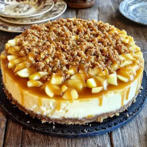 - 1 ½ cups graham cracker crumbs - ½ cup unsalted butter, melted - 2 tablespoons sugar - 16 oz cream cheese, softened - 1 cup sugar - 3 large eggs - 1 teaspoon vanilla extract - ½ teaspoon cinnamon - 2 medium apples, peeled, cored, and diced - ½ cup caramel sauce (store-bought or homemade) - 1 cup oats - ½ cup brown sugar - ½ cup flour - 1 teaspoon cinnamon - ½ cup unsalted butter, chilled and cubed I love how each ingredient plays a role in this dessert. The graham cracker crumbs form a sweet and crunchy base. The melted butter helps hold it together. Sugar adds just the right touch of sweetness. For the cheesecake, cream cheese is key. It gives a rich and creamy texture. The sugar makes it sweet. Eggs help it set while baking. Vanilla and cinnamon add warmth. Diced apples bring in a fresh, fruity flavor. Caramel sauce ties everything together. It drizzles over the top, adding a sweet finish. The crumble topping is the final touch. Oats add a nice chewiness. Brown sugar gives it a deep flavor. Flour helps it clump, while chilled butter makes it crumbly. Gather these ingredients, and you’re ready to create something special. - Set temperature to 350°F (175°C). - In a medium bowl, combine: - 1 ½ cups graham cracker crumbs - ½ cup unsalted butter, melted - 2 tablespoons sugar - Mix until well combined. Press the mixture firmly into the bottom of a 9-inch springform pan. Bake for 8-10 minutes, then set aside to cool. - In a large mixing bowl, beat together: - 16 oz cream cheese, softened - 1 cup sugar - Add in 3 large eggs, one at a time, mixing well after each. Stir in: - 1 teaspoon vanilla extract - ½ teaspoon cinnamon - Gently fold in 2 medium apples, peeled, cored, and diced. - Pour the cheesecake mixture over the cooled crust, spreading it evenly. Bake for 45-50 minutes. Look for the center to be set and slightly puffed. - In a medium bowl, mix together: - 1 cup oats - ½ cup brown sugar - ½ cup flour - 1 teaspoon cinnamon - Add in ½ cup unsalted butter, chilled and cubed. Use your fingers or a pastry cutter to mix until it resembles coarse crumbs. - After baking the cheesecake, carefully remove it from the oven. Evenly sprinkle the crumble topping over the cheesecake. Return it to the oven for an additional 15-20 minutes, or until the crumble is golden brown. - Take the cheesecake out and let it cool at room temperature for about an hour. Then refrigerate for at least 4 hours or overnight to set completely. - Once chilled, slice the cheesecake. Drizzle with ½ cup caramel sauce before serving. Enjoy the sweet, creamy delight! - For your crust, use 1 to 2 tablespoons of sugar. Adjust it based on your taste. - Try using crushed cookies or nuts instead of graham crackers for a unique crust. - To avoid cracks, bake the cheesecake in a water bath. It helps keep the heat even. - Check for doneness by gently shaking the pan. The center should jiggle slightly, but not be runny. - Mix the crumble until it looks like coarse crumbs. It should hold together but still crumble easily. - To change the flavor, add nuts or different spices like nutmeg or ginger to the topping. {{image_2}} For the best flavor in your caramel apple crumble cheesecake, choose the right apples. I recommend using a mix of tart and sweet apples. Here are some great options: - Granny Smith: They are tart and add a great contrast to the sweet cheesecake. - Honeycrisp: These apples are sweet and juicy, perfect for desserts. - Fuji: Their natural sweetness makes them a favorite for baking. Using a mix of these apples gives your cheesecake a balanced taste that everyone will love. Adding special touches can make your cheesecake even better. Here are great options: - Nuts: Chopped walnuts or pecans add crunch and flavor. - Spices: A pinch of nutmeg or ginger can spice things up. - Dried fruits: Raisins or cranberries can add chewiness and sweetness. Feel free to get creative! Each addition can change the flavor and texture, making it your own. Want to make your cheesecake a bit healthier? Here are some easy swaps: - Low-sugar: Use a sugar substitute like stevia or monk fruit. - Gluten-free: Substitute graham crackers with gluten-free cookies or oats. - Dairy-free: Use cashew cream or coconut cream instead of cream cheese. These options can help you enjoy this dessert while sticking to your health goals. To keep your caramel apple crumble cheesecake fresh, store it in the fridge. Use an airtight container or cover it tightly with plastic wrap. This way, it stays moist and tasty. The cheesecake should chill for at least four hours after baking. It can also last up to a week in the fridge. If you want to save some for later, freezing is a good option. First, let the cheesecake cool completely. Then, wrap it tightly in plastic wrap. After that, place it in a freezer-safe bag. It can stay in the freezer for about three months. When you're ready to enjoy it, move it to the fridge to thaw overnight. The expected shelf life of this cheesecake is about one week in the fridge. If frozen, it can last for three months while keeping its flavor. Always check for signs of spoilage, like off smells or changes in texture, before serving. Enjoying this dessert fresh will give you the best taste experience! Yes, you can use many fruits. Try pears, peaches, or berries. Each fruit adds its own flavor. For a twist, mix apples with cranberries. You can create a fruit medley that excites the taste buds. Chill the cheesecake for at least four hours. This time lets it set properly. For the best taste and texture, I recommend chilling it overnight. The longer it chills, the more flavors blend. Absolutely! This cheesecake is perfect for making ahead. You can prepare it up to two days in advance. Just store it in the fridge. It will taste even better after a day or two. If you want a vegan option, use cashew cream. Blend soaked cashews until smooth. You can also try silken tofu. It gives a similar texture but with a different taste. If your cheesecake cracks, don’t worry! You can cover it with caramel or whipped cream. This hides the cracks and adds flavor. To prevent cracks next time, bake at a lower temperature. Also, avoid opening the oven door too often. This blog post shared step-by-step instructions for making a delicious cheesecake. You learned about the crust, cheesecake filling, and the perfect crumble topping. I also covered tips for storage and variations to make this dessert your own. Now, you can create a tasty treat for any occasion. Enjoy personalizing your cheesecake with different fruits and flavors. Your friends and family will love the results, and you will feel proud to share it. Happy baking!