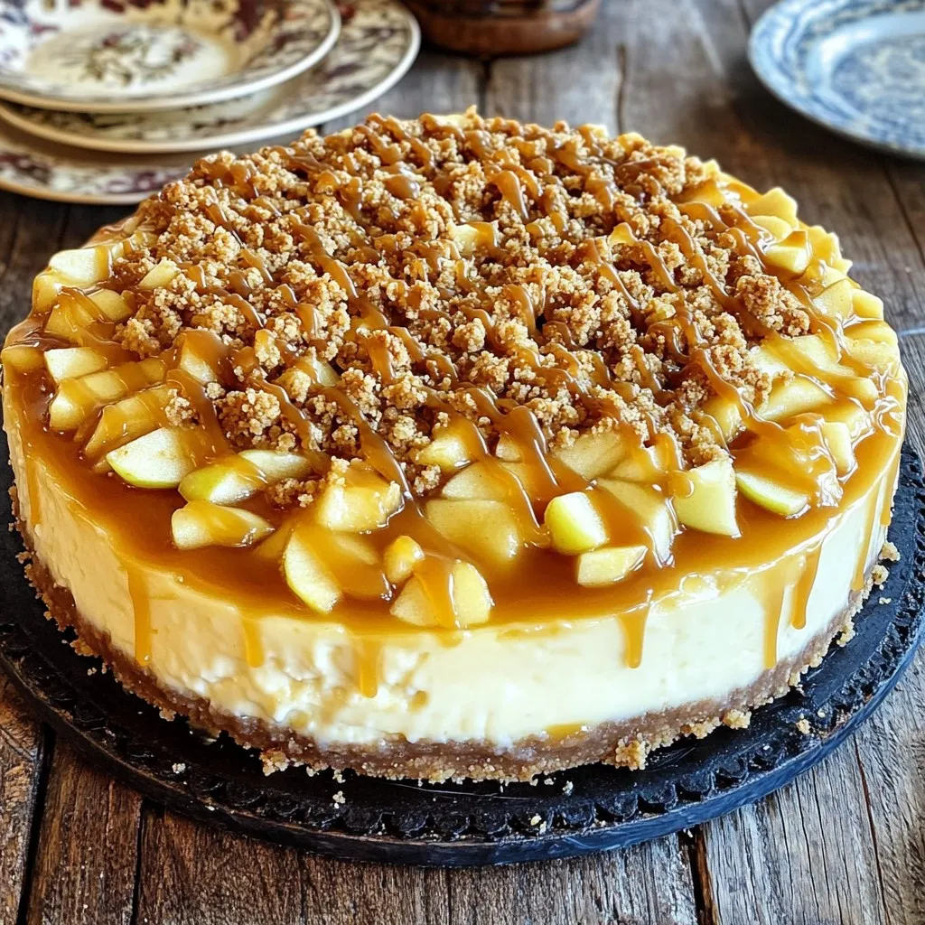 - 1 ½ cups graham cracker crumbs - ½ cup unsalted butter, melted - 2 tablespoons sugar - 16 oz cream cheese, softened - 1 cup sugar - 3 large eggs - 1 teaspoon vanilla extract - ½ teaspoon cinnamon - 2 medium apples, peeled, cored, and diced - ½ cup caramel sauce (store-bought or homemade) - 1 cup oats - ½ cup brown sugar - ½ cup flour - 1 teaspoon cinnamon - ½ cup unsalted butter, chilled and cubed I love how each ingredient plays a role in this dessert. The graham cracker crumbs form a sweet and crunchy base. The melted butter helps hold it together. Sugar adds just the right touch of sweetness. For the cheesecake, cream cheese is key. It gives a rich and creamy texture. The sugar makes it sweet. Eggs help it set while baking. Vanilla and cinnamon add warmth. Diced apples bring in a fresh, fruity flavor. Caramel sauce ties everything together. It drizzles over the top, adding a sweet finish. The crumble topping is the final touch. Oats add a nice chewiness. Brown sugar gives it a deep flavor. Flour helps it clump, while chilled butter makes it crumbly. Gather these ingredients, and you’re ready to create something special. - Set temperature to 350°F (175°C). - In a medium bowl, combine: - 1 ½ cups graham cracker crumbs - ½ cup unsalted butter, melted - 2 tablespoons sugar - Mix until well combined. Press the mixture firmly into the bottom of a 9-inch springform pan. Bake for 8-10 minutes, then set aside to cool. - In a large mixing bowl, beat together: - 16 oz cream cheese, softened - 1 cup sugar - Add in 3 large eggs, one at a time, mixing well after each. Stir in: - 1 teaspoon vanilla extract - ½ teaspoon cinnamon - Gently fold in 2 medium apples, peeled, cored, and diced. - Pour the cheesecake mixture over the cooled crust, spreading it evenly. Bake for 45-50 minutes. Look for the center to be set and slightly puffed. - In a medium bowl, mix together: - 1 cup oats - ½ cup brown sugar - ½ cup flour - 1 teaspoon cinnamon - Add in ½ cup unsalted butter, chilled and cubed. Use your fingers or a pastry cutter to mix until it resembles coarse crumbs. - After baking the cheesecake, carefully remove it from the oven. Evenly sprinkle the crumble topping over the cheesecake. Return it to the oven for an additional 15-20 minutes, or until the crumble is golden brown. - Take the cheesecake out and let it cool at room temperature for about an hour. Then refrigerate for at least 4 hours or overnight to set completely. - Once chilled, slice the cheesecake. Drizzle with ½ cup caramel sauce before serving. Enjoy the sweet, creamy delight! - For your crust, use 1 to 2 tablespoons of sugar. Adjust it based on your taste. - Try using crushed cookies or nuts instead of graham crackers for a unique crust. - To avoid cracks, bake the cheesecake in a water bath. It helps keep the heat even. - Check for doneness by gently shaking the pan. The center should jiggle slightly, but not be runny. - Mix the crumble until it looks like coarse crumbs. It should hold together but still crumble easily. - To change the flavor, add nuts or different spices like nutmeg or ginger to the topping. {{image_2}} For the best flavor in your caramel apple crumble cheesecake, choose the right apples. I recommend using a mix of tart and sweet apples. Here are some great options: - Granny Smith: They are tart and add a great contrast to the sweet cheesecake. - Honeycrisp: These apples are sweet and juicy, perfect for desserts. - Fuji: Their natural sweetness makes them a favorite for baking. Using a mix of these apples gives your cheesecake a balanced taste that everyone will love. Adding special touches can make your cheesecake even better. Here are great options: - Nuts: Chopped walnuts or pecans add crunch and flavor. - Spices: A pinch of nutmeg or ginger can spice things up. - Dried fruits: Raisins or cranberries can add chewiness and sweetness. Feel free to get creative! Each addition can change the flavor and texture, making it your own. Want to make your cheesecake a bit healthier? Here are some easy swaps: - Low-sugar: Use a sugar substitute like stevia or monk fruit. - Gluten-free: Substitute graham crackers with gluten-free cookies or oats. - Dairy-free: Use cashew cream or coconut cream instead of cream cheese. These options can help you enjoy this dessert while sticking to your health goals. To keep your caramel apple crumble cheesecake fresh, store it in the fridge. Use an airtight container or cover it tightly with plastic wrap. This way, it stays moist and tasty. The cheesecake should chill for at least four hours after baking. It can also last up to a week in the fridge. If you want to save some for later, freezing is a good option. First, let the cheesecake cool completely. Then, wrap it tightly in plastic wrap. After that, place it in a freezer-safe bag. It can stay in the freezer for about three months. When you're ready to enjoy it, move it to the fridge to thaw overnight. The expected shelf life of this cheesecake is about one week in the fridge. If frozen, it can last for three months while keeping its flavor. Always check for signs of spoilage, like off smells or changes in texture, before serving. Enjoying this dessert fresh will give you the best taste experience! Yes, you can use many fruits. Try pears, peaches, or berries. Each fruit adds its own flavor. For a twist, mix apples with cranberries. You can create a fruit medley that excites the taste buds. Chill the cheesecake for at least four hours. This time lets it set properly. For the best taste and texture, I recommend chilling it overnight. The longer it chills, the more flavors blend. Absolutely! This cheesecake is perfect for making ahead. You can prepare it up to two days in advance. Just store it in the fridge. It will taste even better after a day or two. If you want a vegan option, use cashew cream. Blend soaked cashews until smooth. You can also try silken tofu. It gives a similar texture but with a different taste. If your cheesecake cracks, don’t worry! You can cover it with caramel or whipped cream. This hides the cracks and adds flavor. To prevent cracks next time, bake at a lower temperature. Also, avoid opening the oven door too often. This blog post shared step-by-step instructions for making a delicious cheesecake. You learned about the crust, cheesecake filling, and the perfect crumble topping. I also covered tips for storage and variations to make this dessert your own. Now, you can create a tasty treat for any occasion. Enjoy personalizing your cheesecake with different fruits and flavors. Your friends and family will love the results, and you will feel proud to share it. Happy baking!