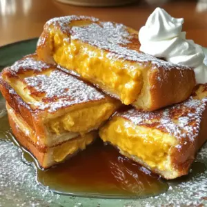 - Thick bread options - 8 slices of thick bread (like brioche or challah) - Pumpkin cheesecake filling ingredients - 1 cup cream cheese, softened - 1 cup pumpkin puree - 1/2 cup powdered sugar - 1 teaspoon vanilla extract - 2 teaspoons pumpkin pie spice - Egg and milk mixture components - 4 large eggs - 1/2 cup milk - 1 tablespoon cinnamon - 2 tablespoons butter (for cooking) - Maple syrup (for serving) - Whipped cream (optional, for serving) The main part of this recipe is the filling. You mix cream cheese with pumpkin puree. You add sugar and spices for flavor. This gives a rich and creamy taste. The bread choice is key. Brioche or challah works best because they are thick and soft. They soak up the egg mixture well. Next, you need eggs and milk. These create a custard-like coating. Adding cinnamon gives a warm spice flavor. The butter cooks the French toast, giving it a golden crust. You can serve it with maple syrup for sweetness. Whipped cream is a nice touch for extra richness. Together, these ingredients create a delightful treat. You will love how easy and fun it is to make! To create the filling, start by combining the cream cheese and pumpkin puree. Use a medium bowl for this. Make sure the cream cheese is softened for easy mixing. Once they are mixed, add the powdered sugar, vanilla extract, and pumpkin pie spice. Stir until the mixture is smooth and creamy. This will be your pumpkin cheesecake stuffing. Now, take two slices of thick bread. Spread about 2-3 tablespoons of the pumpkin cheesecake mixture on one slice. Place the second slice on top to form a sandwich. Press gently to seal it. Repeat this step until all the bread and filling are used. You should have four delicious sandwiches ready to cook. Next, prepare the egg mixture. In a separate bowl, whisk together the eggs, milk, and cinnamon. Make sure everything is well combined. Heat a large skillet or griddle over medium heat. Melt 1 tablespoon of butter in the skillet. Dip each stuffed sandwich into the egg mixture. Make sure both sides are coated. Carefully place the coated sandwich on the skillet. Cook until it is golden brown and crispy on one side, about 3-4 minutes. Flip it over and repeat for the other side. If needed, add more butter when cooking the remaining sandwiches. Once they are fully cooked, remove the French toast from the skillet. Let them cool slightly before serving. Enjoy your warm Pumpkin Cheesecake Stuffed French Toast with maple syrup and whipped cream if you like! The best bread for this dish is thick and soft. I recommend using brioche or challah. These breads soak up the egg mixture well and stay fluffy. You can also try Texas toast or sourdough for a different texture. Each type adds a unique flavor and bite to the dish. To get the best browning, use medium heat. This gives the bread time to cook through without burning. Flip the sandwich gently to avoid spilling the filling. If you notice sogginess, you might be using too much egg mixture. A light coat is all you need to keep the bread crisp. To boost flavor, consider adding nutmeg or a pinch of clove to your pumpkin mixture. These spices complement pumpkin well. For toppings, maple syrup is classic. You can also use fresh berries or a dusting of powdered sugar. Whipped cream adds a fun touch, making it extra special. {{image_2}} You can switch up the filling for more fun. If you want a lighter touch, try using mascarpone cheese instead of cream cheese. It has a smooth texture and a mild taste. This change makes the dish feel fresh. Another idea is to add chocolate chips or nuts to the pumpkin cheesecake mix. Chocolate adds a sweet touch that pairs well with pumpkin. Nuts give a nice crunch, which adds great texture. Experiment to see what you like best! For those who need gluten-free options, choose gluten-free bread. Many brands offer great alternatives that taste good. You can still enjoy the same pumpkin cheesecake flavor without the gluten. If you follow a vegan diet, replace the cream cheese with a plant-based option. There are many tasty vegan cream cheeses on the market. You can also use flax eggs in place of the eggs. Combine one tablespoon of ground flaxseed with three tablespoons of water. Let it sit for a few minutes until it thickens. This mix works great in baked goods! You can change the flavors based on the season. In fall, add chopped apples or cranberries to the stuffing. These fruits add a tartness that balances the sweetness. During summer, you might try fresh berries for a bright, fruity twist. This way, you can enjoy this dish all year round! To keep your pumpkin cheesecake stuffed French toast fresh, use airtight containers. Glass or plastic containers work best. If you want to keep them longer, wrap them in foil or plastic wrap before placing them in the container. In the fridge, your leftovers can stay good for about 3 days. If you decide to freeze them, they will last up to 2 months. Just make sure to label the containers. To reheat, the best method is using a skillet. Heat it on low and add a little butter. Place the stuffed French toast in, cooking until warm. This helps keep the outside crispy. You can also use the microwave, but it may make the toast a bit soggy. If you choose this method, heat in short bursts, about 30 seconds at a time. Keep the texture in mind to enjoy this delicious treat again! Yes, you can prepare this dish ahead of time. Make the pumpkin cheesecake filling and store it in the fridge for up to two days. You can assemble the sandwiches in advance as well. Just keep them in the fridge until you are ready to cook them. This saves time in the morning. If you want to cook them later, cover the stuffed bread tightly. It helps keep them fresh. This dish pairs well with a few sides. Here are some good ideas: - Crispy bacon or sausage links - Fresh fruit like berries or bananas - A light salad for contrast - Hot coffee or spiced chai tea These options add flavor and balance to your meal. They also make for a lovely brunch spread. To check if your French toast is ready, look for a golden brown color. You want it crispy on the outside. If you gently press the center, it should feel firm but soft. Another trick is to use a toothpick. Insert it into the center, and if it comes out clean, your toast is done. This way, you can avoid cutting into it while cooking. This blog post covered how to make Pumpkin Cheesecake Stuffed French Toast. We discussed key ingredients like thick bread, cheesecake filling, and the egg mixture. I shared step-by-step instructions for preparing the stuffing and cooking the sandwiches. You also learned tips for choosing the best bread and perfecting your cooking skills. Remember, you can adapt this dish with creative stuffing options or dietary tweaks. Enjoy experimenting and delighting your taste buds with this delicious twist on a classic breakfast!