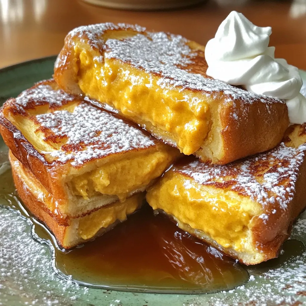 - Thick bread options - 8 slices of thick bread (like brioche or challah) - Pumpkin cheesecake filling ingredients - 1 cup cream cheese, softened - 1 cup pumpkin puree - 1/2 cup powdered sugar - 1 teaspoon vanilla extract - 2 teaspoons pumpkin pie spice - Egg and milk mixture components - 4 large eggs - 1/2 cup milk - 1 tablespoon cinnamon - 2 tablespoons butter (for cooking) - Maple syrup (for serving) - Whipped cream (optional, for serving) The main part of this recipe is the filling. You mix cream cheese with pumpkin puree. You add sugar and spices for flavor. This gives a rich and creamy taste. The bread choice is key. Brioche or challah works best because they are thick and soft. They soak up the egg mixture well. Next, you need eggs and milk. These create a custard-like coating. Adding cinnamon gives a warm spice flavor. The butter cooks the French toast, giving it a golden crust. You can serve it with maple syrup for sweetness. Whipped cream is a nice touch for extra richness. Together, these ingredients create a delightful treat. You will love how easy and fun it is to make! To create the filling, start by combining the cream cheese and pumpkin puree. Use a medium bowl for this. Make sure the cream cheese is softened for easy mixing. Once they are mixed, add the powdered sugar, vanilla extract, and pumpkin pie spice. Stir until the mixture is smooth and creamy. This will be your pumpkin cheesecake stuffing. Now, take two slices of thick bread. Spread about 2-3 tablespoons of the pumpkin cheesecake mixture on one slice. Place the second slice on top to form a sandwich. Press gently to seal it. Repeat this step until all the bread and filling are used. You should have four delicious sandwiches ready to cook. Next, prepare the egg mixture. In a separate bowl, whisk together the eggs, milk, and cinnamon. Make sure everything is well combined. Heat a large skillet or griddle over medium heat. Melt 1 tablespoon of butter in the skillet. Dip each stuffed sandwich into the egg mixture. Make sure both sides are coated. Carefully place the coated sandwich on the skillet. Cook until it is golden brown and crispy on one side, about 3-4 minutes. Flip it over and repeat for the other side. If needed, add more butter when cooking the remaining sandwiches. Once they are fully cooked, remove the French toast from the skillet. Let them cool slightly before serving. Enjoy your warm Pumpkin Cheesecake Stuffed French Toast with maple syrup and whipped cream if you like! The best bread for this dish is thick and soft. I recommend using brioche or challah. These breads soak up the egg mixture well and stay fluffy. You can also try Texas toast or sourdough for a different texture. Each type adds a unique flavor and bite to the dish. To get the best browning, use medium heat. This gives the bread time to cook through without burning. Flip the sandwich gently to avoid spilling the filling. If you notice sogginess, you might be using too much egg mixture. A light coat is all you need to keep the bread crisp. To boost flavor, consider adding nutmeg or a pinch of clove to your pumpkin mixture. These spices complement pumpkin well. For toppings, maple syrup is classic. You can also use fresh berries or a dusting of powdered sugar. Whipped cream adds a fun touch, making it extra special. {{image_2}} You can switch up the filling for more fun. If you want a lighter touch, try using mascarpone cheese instead of cream cheese. It has a smooth texture and a mild taste. This change makes the dish feel fresh. Another idea is to add chocolate chips or nuts to the pumpkin cheesecake mix. Chocolate adds a sweet touch that pairs well with pumpkin. Nuts give a nice crunch, which adds great texture. Experiment to see what you like best! For those who need gluten-free options, choose gluten-free bread. Many brands offer great alternatives that taste good. You can still enjoy the same pumpkin cheesecake flavor without the gluten. If you follow a vegan diet, replace the cream cheese with a plant-based option. There are many tasty vegan cream cheeses on the market. You can also use flax eggs in place of the eggs. Combine one tablespoon of ground flaxseed with three tablespoons of water. Let it sit for a few minutes until it thickens. This mix works great in baked goods! You can change the flavors based on the season. In fall, add chopped apples or cranberries to the stuffing. These fruits add a tartness that balances the sweetness. During summer, you might try fresh berries for a bright, fruity twist. This way, you can enjoy this dish all year round! To keep your pumpkin cheesecake stuffed French toast fresh, use airtight containers. Glass or plastic containers work best. If you want to keep them longer, wrap them in foil or plastic wrap before placing them in the container. In the fridge, your leftovers can stay good for about 3 days. If you decide to freeze them, they will last up to 2 months. Just make sure to label the containers. To reheat, the best method is using a skillet. Heat it on low and add a little butter. Place the stuffed French toast in, cooking until warm. This helps keep the outside crispy. You can also use the microwave, but it may make the toast a bit soggy. If you choose this method, heat in short bursts, about 30 seconds at a time. Keep the texture in mind to enjoy this delicious treat again! Yes, you can prepare this dish ahead of time. Make the pumpkin cheesecake filling and store it in the fridge for up to two days. You can assemble the sandwiches in advance as well. Just keep them in the fridge until you are ready to cook them. This saves time in the morning. If you want to cook them later, cover the stuffed bread tightly. It helps keep them fresh. This dish pairs well with a few sides. Here are some good ideas: - Crispy bacon or sausage links - Fresh fruit like berries or bananas - A light salad for contrast - Hot coffee or spiced chai tea These options add flavor and balance to your meal. They also make for a lovely brunch spread. To check if your French toast is ready, look for a golden brown color. You want it crispy on the outside. If you gently press the center, it should feel firm but soft. Another trick is to use a toothpick. Insert it into the center, and if it comes out clean, your toast is done. This way, you can avoid cutting into it while cooking. This blog post covered how to make Pumpkin Cheesecake Stuffed French Toast. We discussed key ingredients like thick bread, cheesecake filling, and the egg mixture. I shared step-by-step instructions for preparing the stuffing and cooking the sandwiches. You also learned tips for choosing the best bread and perfecting your cooking skills. Remember, you can adapt this dish with creative stuffing options or dietary tweaks. Enjoy experimenting and delighting your taste buds with this delicious twist on a classic breakfast!