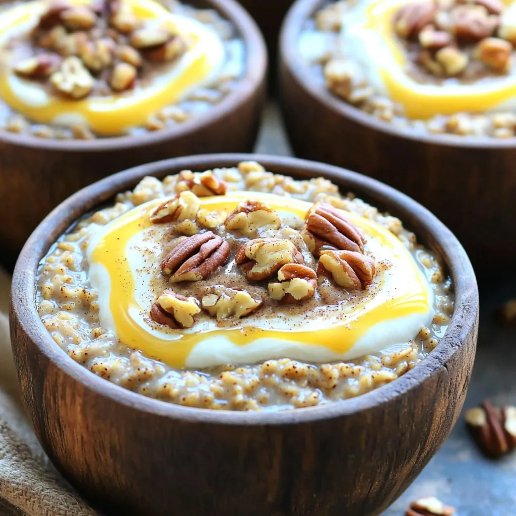To make this Slow Cooker Cinnamon Roll Oatmeal, you need a few simple ingredients. Here’s what you will need: - 2 cups rolled oats - 4 cups almond milk (or other milk options) - 1/2 cup brown sugar - 2 teaspoons cinnamon - 1 teaspoon vanilla extract - 1/2 teaspoon salt - 1/2 cup cream cheese, softened - 1/4 cup powdered sugar - Optional toppings: 1/4 cup chopped pecans, 1/4 cup raisins Each ingredient plays a key role in creating that warm, cozy flavor. Rolled oats give you a lovely texture. Almond milk keeps it creamy and rich. Brown sugar adds sweetness, while cinnamon brings that classic roll flavor. The vanilla extract lifts the taste, and salt balances everything out. For the cream cheese swirl, you’ll mix it with powdered sugar to mimic that gooey frosting on a cinnamon roll. The optional toppings, chopped pecans and raisins, add crunch and extra sweetness. Gather these ingredients, and you’re ready to make a delightful breakfast! Start by gathering your ingredients. In a slow cooker, combine: - 2 cups rolled oats - 4 cups almond milk (or any milk of your choice) - 1/2 cup brown sugar - 2 teaspoons cinnamon - 1 teaspoon vanilla extract - 1/2 teaspoon salt Stir well to ensure all ingredients mix together. This step is key for flavor. You want every bite to taste great. Now, cover the slow cooker and set it on low heat. It will cook for 6-7 hours. Check it after 6 hours. The oats should be soft and creamy. The smell will fill your kitchen, making it feel warm and inviting. Once the oatmeal is ready, it’s time to make the cream cheese swirl. In a small bowl, mix: - 1/2 cup cream cheese, softened - 1/4 cup powdered sugar Whisk until smooth. Drizzle this mixture over the cooked oatmeal. Use a spoon to create swirls in the oatmeal. This adds a lovely touch and makes it look like a treat! Enjoy your delicious creation warm. To make the best oatmeal, always use rolled oats. Instant oats can become mushy. Rolled oats hold their shape well and give a nice bite. The liquid ratio is key for creaminess. Use 4 cups of almond milk for 2 cups of oats. This balance ensures your oatmeal is thick and creamy. You can boost the flavor by adding more spices. Nutmeg pairs well with cinnamon. A splash of vanilla extract brightens the taste. If you want a different sweetness, try maple syrup. It adds a rich flavor and is a great choice for a natural sweetener. When serving, drizzle extra cream cheese over the top. This looks pretty and tastes great. You can also sprinkle chopped pecans or raisins for a nice touch. These additions not only add flavor but also make your dish look inviting. Serve in large bowls for a cozy feel. {{image_2}} You can make a nut-free version of this oatmeal. Substitute dairy-free cream cheese with a soy or coconut-based cream cheese. You can also use yogurt alternatives made from almond or coconut milk. This keeps the dish creamy and delicious without any nuts. If you love chocolate, try adding cocoa powder. Mix in about 1/4 cup of cocoa powder to the oats before cooking. This adds a rich, chocolatey twist to your cinnamon roll oatmeal. The blend of chocolate and cinnamon is a real treat. Fruits can elevate your oatmeal. You can mix in slices of banana or fresh apple. Dried fruits like raisins or cranberries also work well. These add natural sweetness and texture to the dish. Not only do they taste great, but they also add nutrients. To keep your Slow Cooker Cinnamon Roll Oatmeal fresh, store it in airtight containers. This helps lock in moisture and flavor. Make sure the oatmeal cools before sealing the containers. You can keep it in the fridge for up to five days. When you're ready to enjoy your oatmeal again, you can reheat it easily. For the microwave, place a portion in a bowl and add a splash of milk. Heat for one to two minutes, stirring halfway through. If you prefer the slow cooker, set it on low for about 30 minutes or until warm. If you want to save some for later, freezing is a great choice. Portion the oatmeal into freezer-safe containers. Leave some space at the top, as oatmeal expands when frozen. It can stay fresh in the freezer for up to three months. When you’re ready to eat, thaw it overnight in the fridge and reheat as described above. You can use steel-cut oats, but the cooking time changes. Steel-cut oats need more time to cook. They take about 8 to 9 hours on low heat. The texture will be chewier and heartier. Rolled oats are softer and creamier. They cook faster in about 6 to 7 hours. Keep this in mind when you choose your oats. To make this oatmeal vegan, swap the cream cheese with a dairy-free cream cheese. Use almond milk or any plant-based milk. Coconut milk gives a rich flavor. Replace powdered sugar with maple syrup or agave for sweetness. These swaps keep the dish tasty and plant-based. Yes, you can set this up for overnight cooking. Just combine all your ingredients in the slow cooker at night. Set it on low heat. You can wake up to warm, sweet oatmeal. It’s perfect for busy mornings. Don't forget to stir in the cream cheese mixture before serving. You can add many toppings to make it special. Fresh fruits like bananas or apples add a nice crunch. Drizzle maple syrup for extra sweetness. Granola gives a great texture. Chopped nuts or raisins also add flavor. Feel free to mix and match your favorites! This recipe shows how to make creamy slow cooker oatmeal. We covered ingredients, step-by-step instructions, and tips for the best texture and flavor. You learned about fun variations and proper storage. Oatmeal can be simple and delicious. With this guide, you can enjoy breakfast your way. Don’t forget to get creative with toppings! Easy, tasty, and fun—who knew oatmeal could be this versatile? It’s time to try this recipe and enjoy your morning!