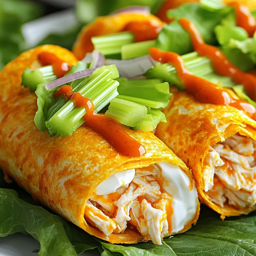 - 2 cups cooked chicken, shredded - 1/4 cup buffalo sauce (adjust to taste) - 1/2 cup shredded cheddar cheese - 1/2 cup cream cheese, softened - 1/4 cup Greek yogurt - 1/4 cup diced celery - 1/4 cup diced green onions - 4 large flour tortillas - 1 tablespoon olive oil - Lettuce leaves for serving - Salt and pepper to taste You can play with these add-ins to make your wraps unique. Try adding: - Avocado slices for creaminess - Jalapeños for extra heat - Sliced pickles for a tangy crunch - Different cheeses like pepper jack or mozzarella If you're looking for gluten-free options, swap the flour tortillas for corn tortillas. For dairy-free wraps, use dairy-free cream cheese and cheese alternatives. You can also replace Greek yogurt with a dairy-free yogurt option. Always check labels to ensure your choices fit your dietary needs. To start, grab a medium bowl. Add 2 cups of shredded chicken to the bowl. Pour in 1/4 cup of buffalo sauce. Mix until the chicken is well coated. You can adjust the sauce for more or less heat. In another bowl, take 1/2 cup of softened cream cheese. Add 1/4 cup of Greek yogurt and mix until smooth. Stir in 1/4 cup of diced celery and 1/4 cup of diced green onions. Season with salt and pepper to taste. Now, lay out 4 large flour tortillas on a flat surface. Spread a generous amount of the cream cheese mixture over each tortilla. Next, top each tortilla with the buffalo chicken mixture. Don’t forget to sprinkle on 1/2 cup of shredded cheddar cheese. Roll each tortilla tightly, folding the sides in as you go. This helps keep all the tasty filling inside. Brush the outside of each wrap with 1 tablespoon of olive oil. This gives them a crispy texture. Preheat your air fryer to 375°F (190°C). Place the wraps in the basket in a single layer. You may need to cook in batches. Air fry for 8-10 minutes. Flip the wraps halfway through cooking for even browning. When they turn golden brown and crispy, they are ready. Let them cool slightly and cut each wrap in half for easier serving. Enjoy with extra buffalo sauce and lettuce leaves on the side. To get the best texture in your wraps, follow a few simple steps. First, use cooked chicken. Shredded chicken works well and mixes easily with the buffalo sauce. Next, brush the outside of each wrap with olive oil. This helps them crisp up nicely. Make sure not to overcrowd the air fryer basket. Leave space between wraps for air to flow and cook evenly. Cook in batches if needed. You can easily change the spice in your wraps. Start with 1/4 cup of buffalo sauce. Mix it with the chicken until well coated. If you want more heat, add more sauce. Taste the mixture before wrapping. You can also add diced jalapeños for extra kick. If you prefer less spice, use a milder sauce. You can even mix buffalo sauce with a little ranch dressing to tone it down. Serve your wraps with a side of extra buffalo sauce for dipping. They also go well with a fresh salad. Try adding lettuce leaves on the side for a crunchy bite. You can serve them with carrot and celery sticks for a healthy crunch. Pair with a cold drink, like lemonade or iced tea, to cool down the heat. {{image_2}} You can swap out the chicken for other proteins. Trying shredded turkey works well. Cooked beef or pork is also a great choice. These options bring new flavors to your wrap. Each protein pairs nicely with buffalo sauce. Buffalo sauce is a classic, but you can mix it up. Barbecue sauce gives a sweet twist. Hot sauce adds more heat if you like spice. A honey mustard blend can make it sweet and tangy. Each sauce changes the wrap's taste, so feel free to experiment. For a vegetarian option, use jackfruit or tofu. Both can soak up flavors well. You can also try chickpeas for a protein boost. For vegan wraps, swap cream cheese for cashew cream. Use vegan yogurt instead of Greek yogurt. These changes keep the wrap tasty and plant-based. After making your air fryer buffalo chicken wraps, you may have some left. To store them, let the wraps cool completely. Then, wrap each one in plastic wrap or foil. Place them in an airtight container. Store in the fridge for up to three days. This keeps them fresh and ready for your next meal. When you want to enjoy your leftover wraps, reheating is easy. Preheat your air fryer to 350°F (175°C). Place the wraps in the basket in a single layer. Heat them for about 5-7 minutes. This method warms them through and keeps them crispy. You can also use a microwave, but the wraps won't be as crispy. If you want to prepare these wraps ahead of time, freezing works well. After cooling, wrap each one tightly in plastic wrap. Then, place the wrapped wraps in a freezer bag. Make sure to press out any air before sealing. These can stay in the freezer for up to three months. When ready to eat, thaw them in the fridge overnight before reheating. This keeps them tasty and fresh for your next meal. No, you should not use raw chicken. This recipe calls for cooked chicken. Using cooked chicken saves time and ensures the wraps cook evenly. You can use leftover chicken or rotisserie chicken for ease. If you have raw chicken, you can cook it first, shred it, and then use it in the recipe. You can make many wraps in an air fryer. Try using different proteins like turkey, beef, or black beans. You can also mix in veggies, cheeses, or sauces. Some popular wraps include BBQ chicken, veggie hummus, or even breakfast wraps with eggs and cheese. The air fryer makes them crispy and tasty. To make the wraps spicier, add more buffalo sauce to the chicken. You can also mix in hot sauce or diced jalapeños. For a milder flavor, use less buffalo sauce and add more cream cheese or Greek yogurt. You can also mix in mild sauces like ranch or honey mustard. Adjust the spice to fit your taste! This blog post covered the key ingredients and step-by-step instructions for making delicious buffalo chicken wraps. You learned how to customize wraps to fit dietary needs and preferences. We explored tips for cooking perfect wraps in an air fryer and shared ideas for variations. Finally, I provided storage advice and answered common questions. With these insights, you can create tasty wraps that suit your tastes and lifestyle. Enjoy the process and make it your own!