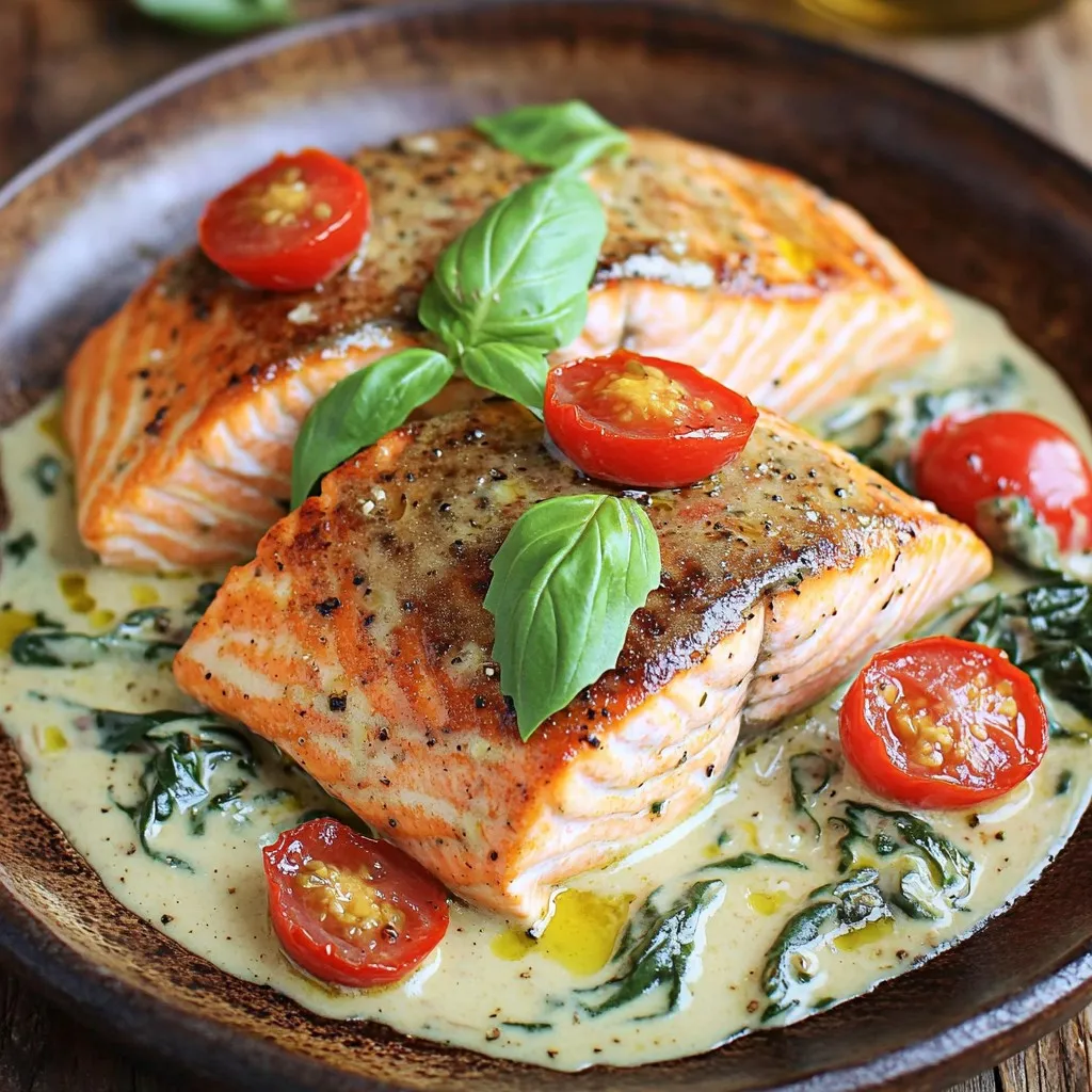 To make Minute Creamy Tuscan Salmon, you need a few fresh and tasty ingredients. Here’s what you will need: - 4 salmon fillets - 2 tablespoons olive oil - 3 cloves garlic, minced - 1 cup cherry tomatoes, halved - 1 cup spinach, fresh - 1 cup heavy cream - 1/2 cup grated Parmesan cheese - 1 teaspoon dried Italian herbs (oregano, basil, thyme) - Salt and pepper to taste - Fresh basil leaves for garnish These ingredients come together to create a dish that is both creamy and packed with flavor. Salmon provides healthy fats and protein, while garlic and cherry tomatoes add a burst of freshness. The spinach brings a nice texture, and the heavy cream creates a rich sauce that ties everything together. Parmesan cheese gives it a savory kick, making every bite delightful. Gather these ingredients before you start cooking. It helps keep the process smooth and quick. Trust me; having everything ready makes cooking more fun! First, heat 2 tablespoons of olive oil in a large skillet over medium-high heat. While the oil warms, season 4 salmon fillets with salt and pepper. Place the salmon in the skillet, skin-side down. Sear for 4-5 minutes until the skin turns crispy. Flip the fillets and cook for another 2-3 minutes. Once done, remove the salmon from the skillet and set it aside. In the same skillet, add 3 cloves of minced garlic and 1 cup of halved cherry tomatoes. Sauté these for about 2-3 minutes. You want the tomatoes to soften and release their tasty juices. This step adds a fresh and vibrant flavor to your dish. Now, lower the heat to medium and add 1 cup of fresh spinach to the skillet. Stir until the spinach wilts. Next, pour in 1 cup of heavy cream and sprinkle in 1/2 cup of grated Parmesan cheese along with 1 teaspoon of dried Italian herbs. Stir well until the cheese melts and the sauce thickens, which should take about 3-4 minutes. This creamy sauce is what makes the dish rich and delightful. Return the seared salmon to the skillet. Spoon some of that creamy sauce over the fillets. Let it simmer for 2-3 minutes. This allows the salmon to absorb those delicious flavors. Taste and adjust the seasoning with salt and pepper if needed. Carefully transfer the salmon to a serving dish. Drizzle the remaining creamy sauce over the top for extra goodness. Garnish with fresh basil leaves for a pop of color. For an amazing presentation, serve it over a bed of cooked pasta or quinoa. Add some halved cherry tomatoes around the plate for a beautiful touch. Enjoy! To make the salmon truly shine, you want crispy skin. Start by heating olive oil in your skillet over medium-high heat. When you add the salmon, place it skin-side down. Press down lightly for a few seconds. This helps the skin crisp up. Cook for about 4-5 minutes without moving it. Flip it over and cook for another 2-3 minutes. For doneness, use a fork to check the thickest part of the salmon. It should flake easily but still be moist. Aim for an internal temperature of 145°F for safety. To boost flavor in your cream sauce, consider adding a splash of lemon juice. This adds brightness to the dish. You can also stir in some capers or sun-dried tomatoes for extra depth. If you have leftover sauce, store it in an airtight container in the fridge. It will last up to three days. Reheat it gently on the stove with a splash of cream to keep it smooth. For serving, I love using a bed of pasta or quinoa. It makes the dish look inviting. Drizzle with a bit of fresh olive oil for richness. To garnish, sprinkle fresh basil leaves on top. You can also add halved cherry tomatoes around the plate for a pop of color. This makes your meal not just tasty but also beautiful. {{image_2}} For a low-carb meal, skip the pasta or quinoa. You can serve the salmon with a side of roasted vegetables or a fresh salad. This keeps the meal light and healthy. If you want to change the protein, try using chicken breasts or shrimp. Both options cook well and absorb the creamy sauce. Switch up the taste by using different herbs and spices. Instead of Italian herbs, try fresh dill or parsley for a new twist. You can also add a pinch of red pepper flakes for some heat. Adding vegetables boosts flavor and nutrition. Consider bell peppers or zucchini for color and crunch. Pair creamy Tuscan salmon with various sides. Garlic bread or a simple green salad works great. For meal prep, make extra sauce and salmon. This meal stores well and tastes even better the next day. Just reheat and enjoy! To keep your delicious Minute Creamy Tuscan Salmon fresh, follow these tips: - Refrigerator: Place leftovers in an airtight container. They will stay good for up to 3 days. - Freezing: You can freeze the salmon for up to 3 months. Wrap it tightly in plastic wrap and then in foil to avoid freezer burn. When it comes to reheating, you want to keep the salmon tasty and moist. Here’s how: - Best methods: Use the oven at 300°F (150°C) to reheat for about 15 minutes. This way, the salmon stays juicy. - Avoiding soggy salmon: Do not microwave the salmon. It can get soggy. Instead, cover it with foil in the oven to help keep moisture without overcooking. Cooking salmon takes about 10 minutes. For this recipe, sear the fillets for 4-5 minutes on one side, then 2-3 minutes on the other. This gives you a crispy skin and a tender inside. Always check for doneness; the fish should flake easily with a fork. Yes, you can use frozen salmon fillets. Just make sure to thaw them first. To thaw, place them in the fridge overnight or run cold water over the sealed bag for about 30 minutes. Pat them dry before cooking to avoid excess water in your dish. Serve creamy Tuscan salmon with several sides: - Cooked pasta - Quinoa - Steamed broccoli - Roasted asparagus These pair well and add color to your plate. You can also drizzle a bit of olive oil for extra taste. This recipe works great for meal prep! You can make a batch and store portions in airtight containers. Keep the salmon and sauce separate until you are ready to eat. This helps maintain texture and flavor. Reheat gently in the microwave to enjoy later. In this blog post, we explored how to make creamy Tuscan salmon. You learned about the key ingredients, step-by-step cooking instructions, and helpful tips. We also looked at variations, storage info, and frequently asked questions about the dish. This recipe is easy and delicious. It's perfect for family dinners or meal prep. With a few simple changes, you can make it your own. Enjoy cooking and savor the flavors!
