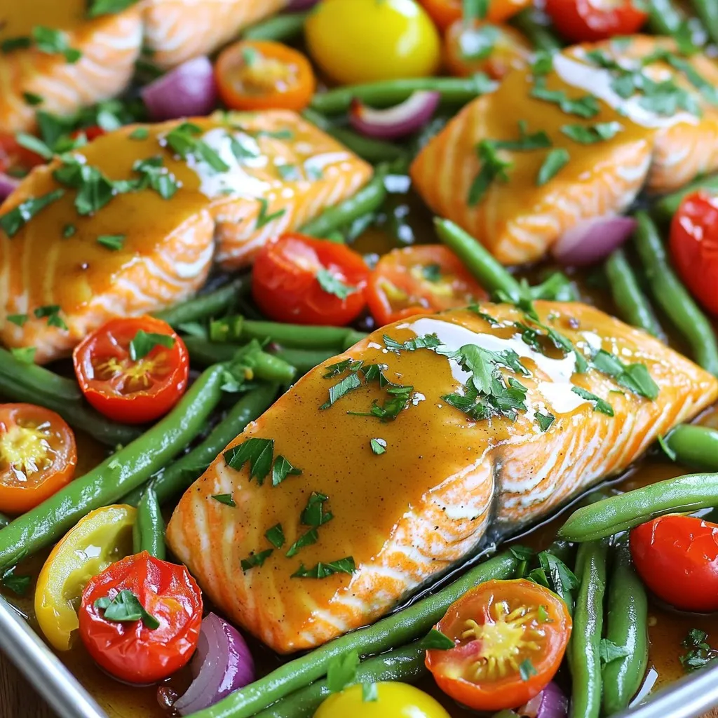 - 4 salmon fillets - 2 tablespoons Dijon mustard - 3 tablespoons pure maple syrup - 2 tablespoons olive oil - 1 teaspoon garlic powder - 1 teaspoon smoked paprika - Salt and pepper to taste - 1 cup green beans, trimmed - 1 cup cherry tomatoes, halved - 1 bell pepper, sliced (any color) - 1 red onion, sliced into wedges - Fresh parsley, chopped for garnish In this dish, the star is the salmon fillets. They offer a soft texture and rich flavor. Each fillet needs a good brush of the maple Dijon sauce. This sauce is simple yet tasty, blending Dijon mustard and pure maple syrup. The olive oil adds richness, while garlic powder and smoked paprika give depth. Next, we have the veggies. For this recipe, I use green beans, cherry tomatoes, bell peppers, and red onion. They add color and crunch. This mix brings out the sweetness of the maple syrup and balances the savory salmon. When gathering the ingredients, make sure your salmon is fresh. Look for bright, shiny fillets. Choose ripe tomatoes and crisp green beans. Fresh herbs, like parsley, will make your dish pop. With these ingredients, you’re set for a quick and delicious meal that’s sure to impress. Preheating Oven and Preparing Pan First, preheat your oven to 400°F (200°C). This step is key for cooking the salmon and veggies evenly. Next, line a large sheet pan with parchment paper. This makes cleaning easier later. Making the Maple Dijon Sauce In a bowl, whisk together 2 tablespoons of Dijon mustard, 3 tablespoons of pure maple syrup, and 2 tablespoons of olive oil. Add 1 teaspoon of garlic powder, 1 teaspoon of smoked paprika, and a pinch of salt and pepper. Mix well until it's smooth and combined. This sauce adds a sweet and tangy flavor to the dish. Arranging Salmon and Veggies on the Pan Place 4 salmon fillets on the prepared sheet pan. Brush half of the maple Dijon sauce over the top of each fillet. In a separate bowl, combine 1 cup of green beans, 1 cup of halved cherry tomatoes, 1 sliced bell pepper, and 1 sliced red onion. Drizzle the remaining sauce over the veggies, then toss to coat them evenly. Spread the veggies around the salmon in a single layer on the pan. Baking Time and Temperature Put the pan in your preheated oven. Bake for 15 to 20 minutes. The salmon should be cooked through, and the veggies should be tender. Checking for Doneness To check if the salmon is done, poke it gently with a fork. If it flakes easily, it’s ready. The veggies should look bright and soft. Presentation Tips Serve the salmon fillets topped with the roasted veggies. Arrange them nicely on a plate. Drizzle any leftover sauce from the pan over the top. This adds extra flavor and makes the dish look great. Garnishing Ideas For a fresh touch, sprinkle chopped fresh parsley on top. This adds color and a burst of flavor. Enjoy your delicious meal! Achieving Perfectly Cooked Salmon To get the best salmon, start with fresh fillets. Look for bright, shiny skin. Preheat your oven to 400°F (200°C). Bake the salmon for 15-20 minutes. Check if it flakes easily with a fork. Aim for an internal temperature of 145°F (63°C). This ensures it is safe and tender. Ensuring Veggies are Tender Cut your veggies into uniform sizes. This helps them cook evenly. Toss them in the maple Dijon sauce before baking. Spread them out around the salmon. Bake until they are tender, which usually takes the same time as the salmon. Customizing the Maple Dijon Sauce You can adjust the sauce for your taste. If you like it sweeter, add more maple syrup. For a tangier flavor, increase the Dijon mustard. You can also mix in a splash of lemon juice for brightness. Adding Herbs and Spices Fresh herbs add great flavor. Try adding thyme or dill to the veggies. You can also sprinkle some red pepper flakes for heat. These small changes can give your dish a unique twist. Easy Cleanup Techniques Line your sheet pan with parchment paper. This makes cleanup a breeze. After baking, just lift off the paper and toss it. Wipe down the pan with a damp cloth for any remaining bits. Recommended Cookware Use a sturdy baking sheet for even cooking. A non-stick or silicone-lined pan works well, too. Make sure your pan has edges to catch any juices that may drip from the salmon. This will keep your oven clean and your meal tasty. {{image_2}} Alternative Vegetables You can switch up the veggies to suit your taste. Try using broccoli, asparagus, or zucchini. These veggies roast well and soak up the sauce nicely. You can also add carrots or snap peas for extra crunch. Different Protein Options If you want to use a different protein, chicken breasts or tofu work great. Adjust the cooking time for chicken, as it may take longer to cook. For tofu, use firm tofu and follow the same steps as the salmon for best results. Sweet and Savory Adjustments Want a twist? Add a splash of soy sauce for an umami kick. You can also mix in some chili flakes for heat. If you prefer it sweeter, add more maple syrup or a bit of orange juice. Add-ons and Enhancements Adding nuts or seeds can give your dish a nice crunch. Try slivered almonds or sesame seeds. Fresh herbs like dill or cilantro can also brighten the dish. Sprinkle them on just before serving for a fresh taste. Gluten-Free Adjustments This recipe is mostly gluten-free, but always check labels. Use gluten-free mustard for the sauce. Ensure any additional sauces or spices are gluten-free too. Vegan Alternatives For a vegan version, replace the salmon with chickpeas or tempeh. Use maple syrup, olive oil, and the same spices to keep the flavor. This way, you still get a tasty and satisfying meal. Best Practices for Refrigeration To store leftovers, place the salmon and veggies in an airtight container. Keep it in the fridge for up to three days. Make sure it cools completely before sealing. This helps preserve flavor and texture. Freezing Guidelines You can freeze leftovers if you won’t eat them within three days. Wrap the salmon and veggies tightly in plastic wrap, then place them in a freezer bag. They can last for up to three months in the freezer. When you're ready to eat, thaw them in the fridge overnight. How to Reheat Safely Always reheat leftovers to an internal temperature of 165°F (74°C). This keeps the food safe to eat. Use a food thermometer to check the temperature. Recommended Methods The best way to reheat salmon and veggies is in the oven. Preheat your oven to 350°F (175°C). Place the leftovers on a sheet pan and cover them with foil. Heat for about 15-20 minutes, or until warmed through. You can also use a microwave, but it may make the salmon less tender. Preparing Ingredients in Advance You can save time by prepping ingredients ahead. Chop the veggies and store them in the fridge. Mix the maple Dijon sauce and keep it in a jar. This way, you can quickly assemble the dish on a busy night. Quick Assembly Ideas When you’re ready to cook, just spread the salmon and veggies on the pan. Brush the sauce on top and bake. This makes dinner easy and fast! You can have a delicious meal in no time. How do I know when the salmon is cooked? You can tell salmon is done when it flakes easily with a fork. It should be opaque in color. For best results, use a meat thermometer. The internal temperature should be 145°F (63°C). Can I use frozen salmon for this recipe? Yes, you can use frozen salmon. Just thaw it in the fridge overnight. If you're short on time, you can also thaw it quickly in cold water. Make sure to pat it dry before cooking. How long will leftovers last in the fridge? Leftovers will last about 3 to 4 days in the fridge. Store them in an airtight container. If you want to keep them longer, consider freezing them. Is this recipe healthy? Yes, this recipe is healthy. Salmon is high in omega-3 fatty acids. The veggies add fiber and vitamins. The maple syrup and mustard provide flavor without too many calories. Can I make this recipe without oil? Yes, you can make this without oil. You can use vegetable broth instead. It will still keep the veggies moist during cooking. Can I cook this on a grill instead? Absolutely! You can grill the salmon and veggies. Just preheat the grill and use a grill basket for the veggies. Cook for about 10-15 minutes over medium heat. What can I serve alongside this dish? This dish pairs well with rice or quinoa. A simple green salad complements it nicely too. You can also serve crusty bread to soak up the sauce. This article covered everything you need to know about cooking salmon with maple Dijon sauce. We discussed ingredients, preparation, and cooking steps. You learned tips for perfect salmon and nice veggies. We also explored flavor variations, ingredient substitutions, and smart storage. Remember, cooking should be fun and tasty. Experiment with flavors and enjoy your meals. Trust these tips to make your cooking easier and better. Try this recipe and impress yourself!