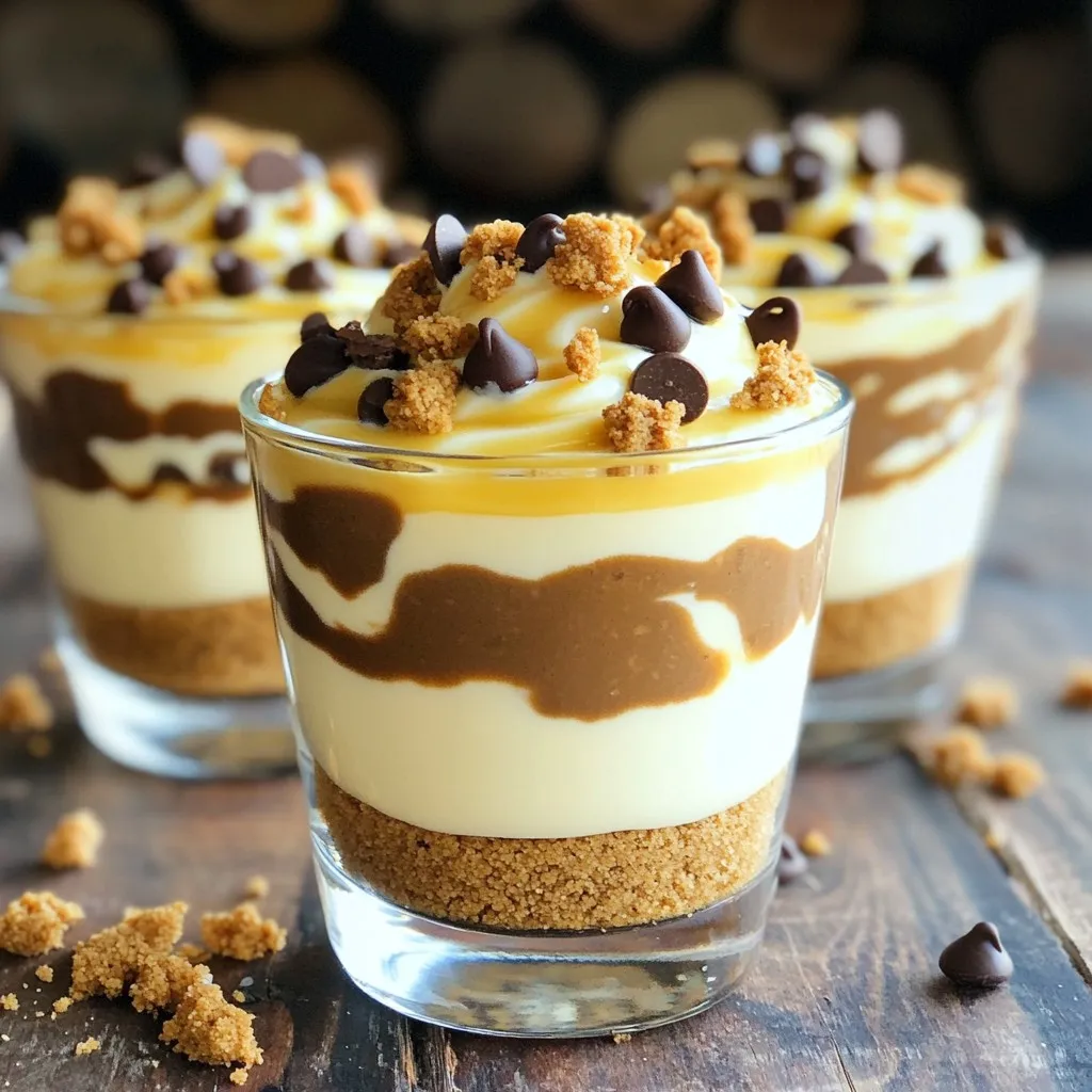 To make No-Bake Cookie Butter Cheesecake Cups, you need simple, tasty ingredients. Here’s the full list: - 1 cup cookie butter - 1 pack (8 oz) cream cheese, softened - 1/2 cup powdered sugar - 1 teaspoon vanilla extract - 1 cup whipped cream (store-bought or homemade) - 1 cup crushed graham crackers - 1/4 cup unsalted butter, melted - Chocolate chips (for garnish) - Crushed cookies (for garnish) Each ingredient plays a key role in creating those rich flavors. The cookie butter brings a sweet, spiced taste. Cream cheese adds a creamy texture. Powdered sugar sweetens the mix perfectly. Vanilla extract gives a warm note. Whipped cream makes it light and fluffy. The graham crackers and butter create a crunchy base. Finally, chocolate chips and crushed cookies add a fun touch on top. When you gather these ingredients, you set yourself up for a fun cooking adventure. Start by melting the butter in a small bowl. Then, crush the graham crackers into small bits. Mix the melted butter with the crushed graham crackers until they stick together. This is the base for our cheesecake cups. Now, take about 2 tablespoons of this mixture and divide it into your serving glasses. Press it down gently to form a solid base. In a larger bowl, add the softened cream cheese and cookie butter. Use an electric mixer to blend them until the mixture is smooth. Next, add the powdered sugar and vanilla extract. Continue mixing until everything is well combined. Now, it's time to fold in the whipped cream. Do this gently to keep the mix light and fluffy. Spoon the creamy cheesecake filling over the graham cracker base in each glass. Fill them generously, but leave a little space at the top. After filling all the glasses, place them in the refrigerator. Let them chill for at least 2 hours so they can set properly. Enjoy this sweet treat! To get the best texture for your cheesecake, start with softened cream cheese. Softening the cream cheese makes it easy to mix. It helps you avoid lumps in your filling. Next, use gentle folding techniques when you add the whipped cream. This keeps the mixture airy and light. Use a spatula to fold instead of stirring. This way, you keep the volume. For a lovely finish, add some chocolate chips on top. They give a nice crunch and sweet touch. Crushed cookies also make a great garnish. You can use any cookie you like. For an eye-catching presentation, serve in clear glasses. It lets everyone see the layers. You can even add a dollop of whipped cream on top for extra flair. Enjoy making these cheesecake cups! {{image_2}} You can make these cheesecake cups even more fun! Try adding peanut butter or Nutella. Just mix in a few tablespoons when you blend the cream cheese. That way, you get extra creaminess and rich flavor. If you want a different taste, swap cookie butter for other spreads. Speculoos or gingerbread spreads work great too. You can even use flavored cream cheese, like chocolate or strawberry. The options are endless! If you need gluten-free options, look for gluten-free graham crackers. They taste just as good! You can also use crushed nuts for the base. For vegan versions, use plant-based cream cheese. You can find dairy-free whipped cream, too. This way, everyone can enjoy this treat without worry. Make it your own with these easy swaps! To store leftover cheesecake cups, first, cover each glass tightly. You can use plastic wrap or a lid. This keeps them fresh and prevents them from drying out. If you have multiple cups, stack them carefully in the fridge. I recommend using airtight containers for the best results. These containers help keep your cheesecake cups safe and tasty. You can keep the no-bake cheesecake cups in the refrigerator for up to five days. After that, the flavors may change, and they might not taste as good. If you’re unsure, always check for any signs of spoilage before enjoying. Keeping them in good storage helps maintain their delightful taste and creamy texture. Yes, you can make these cups ahead of time. I suggest preparing them the day before. They taste even better after sitting overnight. The flavors blend well, and the dessert sets nicely. Just remember to cover them tightly to keep them fresh. If you don't have cookie butter, you can use peanut butter or Nutella. Both options add a rich taste. You can also try almond butter for a nutty flavor. Each substitute offers a unique twist to the cheesecake. You can tell the cheesecake has set when it feels firm to the touch. It should not jiggle when you gently shake it. The surface will also look smooth. After chilling for at least two hours, it’s ready to enjoy! In this post, we covered how to create easy no-bake cheesecake cups. You learned about the key ingredients, like cookie butter and cream cheese. I provided step-by-step instructions for a perfect graham cracker crust and a creamy filling. Tips for texture and serving ideas ensured success. I hope you feel ready to try making these cheesecake cups. They are fun, tasty, and great for sharing. Enjoy the process and get creative with flavors!