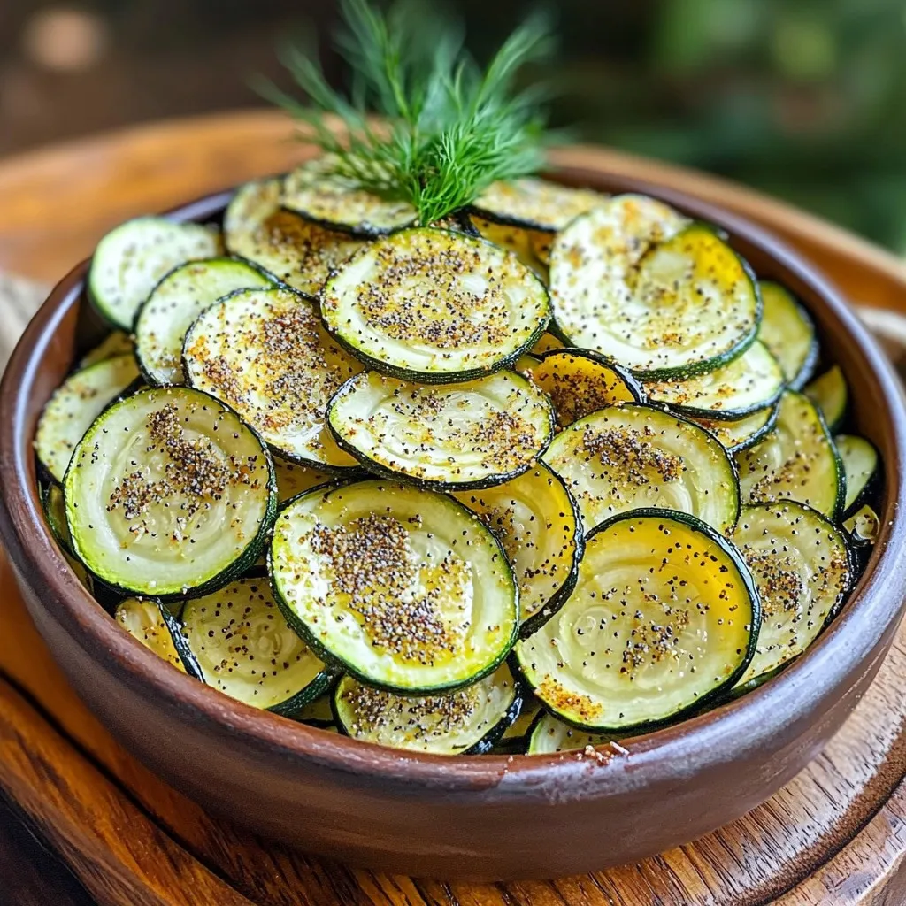 - 2 medium zucchinis - 2 tablespoons olive oil - 2 tablespoons everything bagel seasoning - 1 teaspoon garlic powder - 1 teaspoon onion powder - Salt and pepper to taste You need two medium zucchinis for this recipe. Zucchinis are great for making chips. They are low in calories and packed with vitamins. Next, grab two tablespoons of olive oil. It helps the seasoning stick and adds flavor. For the seasoning, you will use everything bagel seasoning. This mix gives the chips a savory taste. You will also need garlic powder and onion powder. These add depth to the flavor. Finally, add salt and pepper to your taste. Gather these ingredients, and you are ready to make a tasty snack! First, wash the zucchinis under cold water. This removes dirt and bacteria. Next, slice them into thin rounds, about ¼ inch thick. Thin slices help them crisp up nicely in the air fryer. If you cut them too thick, they may not get crunchy. In a large bowl, add the zucchini slices. Pour in 2 tablespoons of olive oil. Mix well to ensure all slices are coated. This oil helps the chips get that golden color. Next, sprinkle in 2 tablespoons of everything bagel seasoning, 1 teaspoon of garlic powder, and 1 teaspoon of onion powder. Add salt and pepper to taste. Toss everything until the zucchini slices are evenly coated with the spices. Preheat your air fryer to 375°F (190°C). This step is crucial for even cooking. Once heated, arrange the seasoned zucchini chips in a single layer in the basket. Avoid overcrowding them; this allows hot air to circulate. Air fry the zucchini chips for 10 to 12 minutes. Shake the basket halfway through cooking to ensure they crisp up evenly. When they turn golden brown and crispy, they are ready. Remove them and let them cool slightly. They will get crunchier as they cool. To get your zucchini chips crispy, pay attention to slice thickness. Aim for ¼ inch thick slices. This size allows them to become crunchy without burning. Thin slices help create that perfect texture you crave. Air circulation is also key. When using the air fryer, make sure the chips are not stacked. Place them in a single layer in the basket. This helps hot air move around each slice, ensuring they cook evenly. Avoiding overcrowding is crucial. If you put too many slices at once, they may steam instead of crisp. Cook in batches if needed. This way, every chip gets the love it deserves. You can customize the seasoning to suit your taste. Try adding a pinch of cayenne for heat or some smoked paprika for a different flavor. Mix and match spices to create a blend that excites your palate. For oil, while olive oil works great, you can swap it out. Try avocado oil for a higher smoke point or even coconut oil for a hint of sweetness. Each oil can change the flavor and texture slightly. These chips pair well with dips. Serve them with tzatziki for a refreshing touch, or try hummus for a creamy dip. You can also enjoy them with guacamole for a fun twist. For presentation, serve your Air Fryer Everything Bagel Zucchini Chips in a rustic bowl or on a wooden platter. Add a sprig of fresh dill or parsley on top for a bright look. This simple touch makes the dish pop and adds to your snacking experience. {{image_2}} Want a kick? Try a spicy version! Add cayenne pepper or chili powder. This gives your zucchini chips heat. Mix this spice with the everything bagel seasoning. You’ll enjoy a nice blend of flavor. For a fresh herb taste, go for herb-infused options. Use dried herbs like thyme, oregano, or basil. Mix these with garlic and onion powder. This will give your chips a garden-fresh essence. Zucchini isn't the only choice. You can use carrots or eggplant for chips. Slice them thin, just like zucchini. Carrots add a sweet crunch. Eggplant gives a unique texture. Other squash varieties work well too. Try yellow squash or pattypan squash. They will crisp up nicely. Use the same seasoning mix for great flavor. Not just air frying—let’s compare methods. You can also bake these chips in the oven. Preheat to 400°F (200°C). Spread the coated slices on a baking sheet. Bake for about 20 minutes, flipping halfway. Stovetop frying is another option. Heat oil in a pan over medium heat. Fry the slices in batches until golden. This method gives a different crunch. Each method offers a tasty chip experience. To keep your Air Fryer Everything Bagel Zucchini Chips fresh, store them in an airtight container. This helps prevent moisture from making them soggy. You can use a glass container or a resealable plastic bag. Make sure to let the chips cool completely before sealing them to avoid steam buildup. - Store in an airtight container - Use glass or plastic bags - Let cool before sealing When reheating, you want to keep the chips crispy. The best way is to use the air fryer again. Preheat it to 350°F (175°C) and place the chips in a single layer. Heat for about 3-5 minutes. Check them often to avoid burning. - Use the air fryer for reheating - Set temperature to 350°F (175°C) - Heat for 3-5 minutes You can also use an oven. Preheat it to 350°F (175°C), spread the chips on a baking sheet, and heat for 5-7 minutes. This method works well too, but the air fryer is quicker. Enjoy your chips again! You can make zucchini chips in the oven. Start by preheating your oven to 225°F (107°C). Slice the zucchinis thinly, as you would for the air fryer. Spread them on a baking sheet lined with parchment paper. Make sure to keep space between the slices. Brush them lightly with olive oil and sprinkle your seasoning mix. Bake for about 1-2 hours, flipping halfway through. Keep an eye on them, as baking times can vary. They should turn golden brown and crispy. Yes, you can use store-bought everything bagel seasoning. It saves time and effort. However, pre-made mixes can have extra salt or additives. If you prefer a fresher taste, making your own mix is a great option. Combining sesame seeds, poppy seeds, garlic, and onion powder offers a tasty flavor. You can adjust the spices to suit your taste. Zucchini chips can last for about 1 week when stored properly. Keep them in an airtight container at room temperature. For best freshness, avoid moisture. If you want them to last longer, you can store them in the fridge for up to 2 weeks. Just remember, they may lose some crispiness. To revive them, reheat in the air fryer for a few minutes. This will help them regain their crunch. Making zucchini chips is simple and fun. You start with fresh zucchini and key seasonings. Then, you learn the best ways to prep, mix, and air fry them. With tips for crispiness and storage, your chips stay fresh and tasty. In the end, you can enjoy this healthy snack in many ways. Try different seasonings and veggies for unique flavors. Get creative and make it your own. Happy cooking!