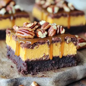 - 1 cup unsalted butter - 2 cups granulated sugar - 4 large eggs - 1 cup all-purpose flour - 1 cup unsweetened cocoa powder - 1 teaspoon vanilla extract - ½ teaspoon salt - 8 oz cream cheese, softened - 1 cup canned pumpkin puree - ½ cup granulated sugar - 2 large eggs - 1 teaspoon cinnamon - ½ teaspoon nutmeg - ½ cup chopped pecans To make Pumpkin Pecan Cheesecake Brownies, gather these ingredients first. You need two layers: the brownie layer and the pumpkin cheesecake layer. The brownie layer uses butter, sugar, eggs, flour, cocoa powder, vanilla, and salt. This mix gives you a rich, chocolatey base. The pumpkin cheesecake layer is creamy and spiced. It needs softened cream cheese, canned pumpkin puree, sugar, eggs, cinnamon, nutmeg, and chopped pecans. These ingredients come together for a sweet and nutty filling. When you combine these layers, you create a perfect balance of flavors and textures. This dessert is rich, sweet, and has a lovely crunch from the pecans. Each bite is a tasty treat that makes you want more. - Preheat your oven to 350°F (175°C). - Grease a 9x13 inch baking dish or line it with parchment paper. - In a large saucepan, melt 1 cup of unsalted butter over medium heat. - Once melted, take it off the heat and stir in 2 cups of granulated sugar. - Add 4 large eggs, mixing well after each one. - Stir in 1 teaspoon of vanilla extract. - In a bowl, sift together 1 cup of all-purpose flour, 1 cup of unsweetened cocoa powder, and ½ teaspoon of salt. - Gradually fold the dry mix into the butter mixture until just combined. - Pour the brownie batter into your prepared baking dish, spreading it evenly. - In another bowl, beat 8 oz of softened cream cheese until creamy. - Add 1 cup of canned pumpkin puree, ½ cup of granulated sugar, 2 large eggs, 1 teaspoon of cinnamon, and ½ teaspoon of nutmeg. Mix until smooth. - Carefully pour the pumpkin cheesecake mixture over the brownie layer. - Sprinkle ½ cup of chopped pecans on top for a crunchy finish. - Bake for 30-35 minutes. The center should be set, and a toothpick should come out mostly clean. - Let the brownies cool in the pan for about 30 minutes. - Refrigerate for at least 2 hours to firm up the brownies. - Cut into squares and enjoy your Pumpkin Pecan Cheesecake Brownies! - They taste great chilled or at room temperature. Pair with whipped cream for extra joy! To get that perfect brownie texture, avoid overmixing the batter. This helps keep it chewy and rich. Also, consider substituting butter with oil. This change adds a unique flavor and keeps the brownies moist. For the best taste, use fresh pumpkin puree instead of canned. Fresh puree gives a fuller flavor. Adding a pinch of salt to the cheesecake mix enhances the sweetness. This small step can make a big difference in taste. To make your brownies look even more special, top them with whipped cream or a drizzle of chocolate. Both add a nice touch. You can also serve them with a side of caramel sauce. This sweet addition pairs well with the pumpkin flavor. {{image_2}} You can easily change the flavors in these brownies. Try adding chocolate chips for a richer taste. The chocolate makes each bite a bit more decadent. You can also swirl caramel between the layers. This adds a sweet surprise that everyone will love. For those needing dietary changes, I have some great options. You can make them gluten-free by using almond flour instead of all-purpose flour. This keeps the texture nice while being safe for gluten-sensitive folks. If you want a vegan treat, substitute cream cheese and eggs with plant-based options. Your brownies will still taste amazing! Embrace seasonal changes by swapping pumpkin for sweet potato in the fall. Sweet potato offers a different flavor that is just as delicious. You can also add spices like ginger or clove for that cozy seasonal flair. These spices warm up the dish and make it feel extra special. To keep your Pumpkin Pecan Cheesecake Brownies fresh, store them in an airtight container. This step helps prevent them from drying out. Place the container in the refrigerator. The cold will help maintain their flavor and texture. If you want to enjoy these brownies later, freezing is a great option. Wrap each brownie square in plastic wrap. Then, place them in a freezer-safe bag. This keeps them safe from freezer burn. When you’re ready to eat them, take them out and let them thaw in the fridge overnight. For the best texture, serve them chilled or at room temperature. These brownies have a good shelf life. In the fridge, they last about one week. If you freeze them, they can last up to three months. Just remember, freezing keeps them fresh longer. Enjoying these brownies at their best is all about proper storage! Yes, you can make these brownies a day in advance. This helps the flavors blend better. It makes them even tastier! To check if the brownies are done, use a toothpick. Insert it into the center. If it comes out with a few moist crumbs, they are ready! If you don’t have pecans, walnuts or almonds work well. They add a nice crunch and flavor. These brownies taste best chilled or at room temperature. You can also add whipped cream for a treat! These Pumpkin Pecan Cheesecake Brownies blend rich chocolate and creamy pumpkin flavor. You learned the ingredients and steps to make this treat. Remember to mix gently for chewy brownies. Store them in an airtight container for freshness. Feel free to add your own twists, like chocolate chips or gluten-free options. Enjoy sharing these delicious brownies with friends. Creating this dessert is fun and rewarding. Try making it your own!