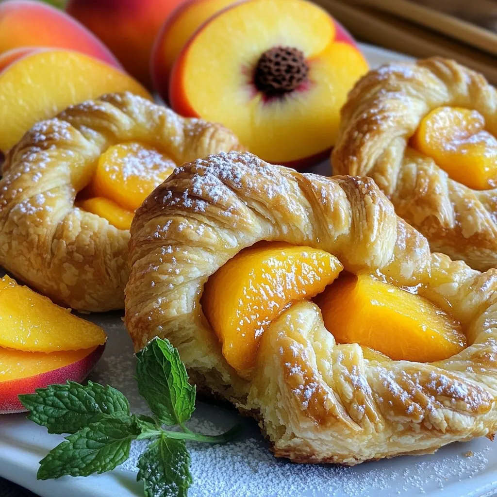 To start, you need 1 cup of fresh peaches. Choose ripe ones for the best flavor. Peel and dice them into small pieces. Fresh peaches bring a sweet and juicy burst to each cruffin. Next, gather your sugars and spices. You will need 1/2 cup of granulated sugar and 1 tablespoon of lemon juice. The lemon juice brightens the peach flavor. Add 1 teaspoon of cinnamon to warm up the filling. For a hint of depth, use 1/4 teaspoon of nutmeg in the topping mix. For the base, grab 1 package (1 lb) of puff pastry sheets, which should be thawed. This is the star of the recipe. You will also need 1/4 cup of melted butter to brush on the pastry. Create a sweet topping with 1/4 cup of brown sugar and 1/4 cup of all-purpose flour. Finally, use 1 beaten egg for an egg wash, giving the tops a beautiful golden color. Don’t forget some powdered sugar for dusting at the end! This combination of ingredients creates a delightful mix of flavors and textures. Each bite of the Peach Pie Cruffins is a tasty treat that you will love to share. First, turn on your oven to 375°F (190°C). This heat is just right for baking. Next, grab a muffin tin and line it with paper liners. This step helps with easy removal later. In a medium bowl, mix together the diced peaches, granulated sugar, lemon juice, and cinnamon. Toss them gently until all the peaches are coated. Set this bowl aside. The mix will soak in all the flavors. Now, take your thawed puff pastry sheets and place them on a lightly floured surface. Roll out each sheet to smooth out any bumps or creases. Cut each sheet into six long rectangles, each about 2.5 inches by 6 inches. This shape helps form the cruffins well. Take each rectangle and brush it with melted butter. Then, sprinkle a mix of brown sugar, flour, and nutmeg evenly over the butter. At one end of each rectangle, place a spoonful of the peach filling. Roll the pastry tightly from this end to form a cylinder. Twist each rolled pastry gently and place it upright in the muffin tin. Make sure the peach filling shows. Before baking, brush the tops of each cruffin with the beaten egg. This egg wash gives them a shiny, golden look. Place the muffin tin in the oven and bake for 25-30 minutes. You want them to be golden brown and puffed up. Once baked, let the cruffins cool in the pan for a few minutes. Then, move them to a wire rack. Dust the tops with powdered sugar for a sweet touch. Serve them warm on a platter, maybe with peach slices and mint for extra flair. Enjoy your tasty treat! Choose ripe, firm peaches for your cruffins. Look for a sweet scent and a slight give when you press gently. Avoid peaches with blemishes or wrinkles. If you want a sweeter filling, pick yellow peaches. If you like a tart taste, go for white peaches. Perfect peaches make your cruffins shine. Use high-quality puff pastry for the best results. Thaw it slowly in the fridge overnight. This keeps the dough cold and easy to work with. When rolling, dust your surface with flour. Roll it out evenly to avoid tearing. Don’t skip the butter layer; it adds flavor and helps the pastry puff up nicely. Preheat your oven to 375°F (190°C) for even baking. Line your muffin tin to prevent sticking. Brush the tops with an egg wash for a beautiful golden color. Keep an eye on your cruffins as they bake. They should puff up and turn golden brown. Let them cool for a few minutes before dusting with powdered sugar. Enjoy the crunch! {{image_2}} You can swap peaches for other fruits. Try fresh blueberries, strawberries, or apples. Each fruit brings its own flavor. Blueberries add sweetness, while apples give a tart bite. The process stays the same. Just mix the fruit with sugar and spices. Want a fun twist? Change the spices in your cruffins. You can add more cinnamon for warmth. If you like heat, try a pinch of cayenne. For a floral touch, add cardamom. These small changes make your cruffins unique. Mini cruffins are a cute option. Use smaller pieces of puff pastry. Cut each sheet into smaller rectangles. Roll them as you would the larger ones. Bake them for less time, about 15-20 minutes. They make perfect snacks or party treats. You can store your cruffins in an airtight container. Keep them at room temperature for one day. If you need more time, put them in the fridge. They stay fresh for up to three days. Just remember, they taste best when warm. To warm your cruffins, use the oven. Set it to 350°F (175°C). Place the cruffins on a baking sheet. Heat them for about 5-10 minutes. This keeps them flaky and delicious. You can also use a microwave. Heat them for 15-20 seconds. But this might make them a bit soft. If you want to save cruffins for later, freezing works well. Wrap each cruffin in plastic wrap. Then, place them in a freezer bag. They can last up to three months in the freezer. When you're ready to eat, thaw them overnight in the fridge. Reheat in the oven for a tasty treat! Yes, you can use frozen peaches. Just make sure to thaw them first. Drain any extra juice to avoid a soggy filling. Frozen peaches work well, but fresh peaches give the best taste. They also add a lovely texture. You can prepare the peach filling in advance. Store it in the fridge until you're ready to bake. You can also roll the cruffins and place them in the muffin tin. Cover them with plastic wrap and chill overnight. Just add the egg wash and bake them in the morning. These cruffins taste great with a scoop of vanilla ice cream. You can also serve them with whipped cream for a light touch. A drizzle of caramel sauce adds extra sweetness. Fresh mint leaves make a nice garnish too. Peach Pie Cruffins are a tasty treat made from fresh peaches, sugars, and puff pastry. First, we went through the steps to prepare the oven, mix the filling, handle the pastry, and bake them to perfection. I shared tips for selecting peaches and achieving a golden crunch. You can even create fun variations with different fruits. Store leftovers properly for later enjoyment, and try these simple reheating tips. Remember, making cruffins can be fun, and they taste amazing! Enjoy your baking journey!