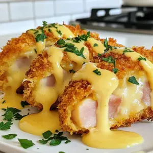 - 4 boneless, skinless chicken breasts - 4 slices of ham (preferably thinly sliced) - 4 slices of Swiss cheese These three items are the stars of Chicken Cordon Bleu. The chicken forms the base, while the ham and Swiss cheese add flavor and richness. Make sure the ham is thin; this helps it melt nicely with the cheese. - 1 cup all-purpose flour - 2 large eggs, beaten - 1 cup breadcrumbs (preferably panko for extra crispiness) - 1 teaspoon garlic powder - 1 teaspoon onion powder - Salt and pepper, to taste Breading gives our chicken a crunchy texture. Use panko breadcrumbs for an extra crispy bite. Season the flour with salt, pepper, garlic powder, and onion powder for a flavor boost. - 1 cup heavy cream - 1 cup shredded Swiss cheese (for the sauce) - 2 tablespoons butter The sauce is creamy and full of Swiss cheese flavor. Heavy cream makes it rich. Butter adds depth and helps the cheese melt smoothly. This sauce is perfect drizzled over your chicken! {{ingredient_image_1}} To start, prep the chicken breasts. Take each chicken breast and place it between two sheets of plastic wrap. Use a meat mallet to pound the chicken until it is about ½ inch thick. This helps the chicken cook evenly. Next, season each breast. Sprinkle salt, pepper, garlic powder, and onion powder on both sides. This adds flavor to your dish. Now, let’s set up the breading station. Use three plates: one for flour, one for beaten eggs, and one for breadcrumbs. This makes coating the chicken easy and fun. For the dredging process, take each stuffed chicken breast and coat it in flour first. Shake off any extra flour. Next, dip it in the beaten eggs, letting the excess drip off. Finally, coat it in breadcrumbs, pressing gently to make sure it sticks well. To cook the chicken, heat olive oil in a large skillet over medium-high heat. Add the breaded chicken to the skillet. Cook for about 4-5 minutes on each side until it turns golden brown. Once golden, transfer the chicken to a baking dish. Bake the chicken in a preheated oven at 375°F for 15-20 minutes. The chicken should reach an internal temperature of 165°F to be safe to eat. While the chicken bakes, let’s prepare the Swiss cheese sauce. In a saucepan, melt butter over medium heat. Once melted, add heavy cream and stir gently. Bring it to a simmer for a few moments. Now, slowly whisk in the shredded Swiss cheese. Keep stirring until the cheese is melted and creamy. Don’t forget to season with salt and pepper to taste. This sauce will be the perfect topping for your chicken. - Choosing the right breadcrumbs: I recommend using panko breadcrumbs. They are light and airy. This helps create a nice crunch. Regular breadcrumbs work too, but panko gives you that extra crispiness. - Proper frying technique: Heat your oil until it shimmers. This means it’s hot enough. Cook the chicken for about 4 to 5 minutes on each side. Don’t rush this step! A good sear locks in flavor and moisture. - Techniques for a creamy texture: Start by melting the butter over medium heat. Slowly add the cream and stir gently. Keep stirring until it simmers. This helps avoid lumps. Then, whisk in the shredded Swiss cheese. It should melt smoothly into the sauce. - Seasoning adjustments: Taste your sauce! Add salt and pepper to fit your taste. You can even add a pinch of nutmeg for warmth. This small touch makes a big difference. - Garnishing with parsley: A sprinkle of fresh parsley adds color. It makes the dish look appealing and fresh. Just chop a little and scatter it on top. - Serving suggestions: Serve this dish with a side salad or some roasted veggies. A nice glass of white wine pairs well too. It elevates the meal and makes it special. Pro Tips Use Panko Breadcrumbs: They provide an extra layer of crispiness compared to regular breadcrumbs, making your chicken cordon bleu even more delightful. Ensure Even Thickness: Pounding the chicken breasts to an even thickness helps them cook uniformly, preventing any dry or undercooked spots. Rest Before Serving: Allow the chicken to rest for a few minutes after baking. This helps the juices redistribute, keeping the chicken moist. Experiment with Fillings: Feel free to mix up the fillings! Try different cheeses or add spinach for a unique twist on the classic recipe. {{image_2}} You can easily change the flavors of Chicken Cordon Bleu by swapping ingredients. Here are some ideas: - Different cheese options: Try cheddar, gouda, or even pepper jack cheese. Each will give a unique taste. - Alternative meats for stuffing: Use turkey or chicken sausage instead of ham. This can make the dish lighter. You can cook Chicken Cordon Bleu in various ways. Here are some methods to try: - Air fryer instructions: Preheat your air fryer to 360°F (182°C). Cook the breaded chicken for 15-18 minutes. Flip halfway for even cooking. - Grilling versus baking: Grilling adds a nice smoky flavor. Bake for a crispy finish. Both methods work well for tasty results. Pair your Chicken Cordon Bleu with great side dishes and drinks. Here are some ideas: - Side dishes that pair well: Serve with mashed potatoes, steamed green beans, or a fresh salad. These sides balance the rich flavors. - Wine and beverage pairing ideas: A crisp white wine like Chardonnay or a light lager works perfectly. These drinks enhance the meal without overpowering it. After enjoying your Chicken Cordon Bleu, store any leftovers properly. Place the chicken in an airtight container. It will keep well in the fridge for up to four days. For longer storage, freeze the chicken. Wrap each piece in plastic wrap, then place them in a freezer bag. This way, they can last for up to three months. Just remember to label the bags with the date. When you want to enjoy your leftovers, reheating them right is key. The best method is to use the oven. Preheat it to 350°F (175°C). Place the chicken on a baking sheet and heat for about 15-20 minutes. This keeps the chicken crispy. To avoid sogginess, skip the microwave. Microwaving can make the breading soft. If you must use it, heat on low power for short bursts. Always check the chicken's temperature to ensure it's warm throughout. To check if your chicken is done, use a meat thermometer. The safe internal temperature for chicken is 165°F (75°C). Insert the thermometer into the thickest part of the chicken. If it reads 165°F, your chicken is safe to eat. Always check the doneness before serving. Yes, you can prepare Chicken Cordon Bleu ahead of time! You can bread the chicken and store it in the fridge for up to 24 hours before cooking. Wrap the chicken well with plastic wrap to keep it fresh. This way, you save time on busy days. Just remember to cook it within that timeframe. If you need a substitute for Swiss cheese, try Gruyère or Emmental. Both have a similar flavor and melt well. You can also use mozzarella for a milder taste. If you want something sharper, consider cheddar. Each cheese will give a different twist to your dish. In this post, we covered how to make Chicken Cordon Bleu from start to finish. We discussed the main ingredients, including chicken, ham, and Swiss cheese. We also shared breading techniques, cooking methods, and how to make a creamy Swiss cheese sauce. Finally, I hope you feel empowered to try this dish. With practice and these tips, you can serve a delicious meal that impresses every time. Enjoy your cooking!