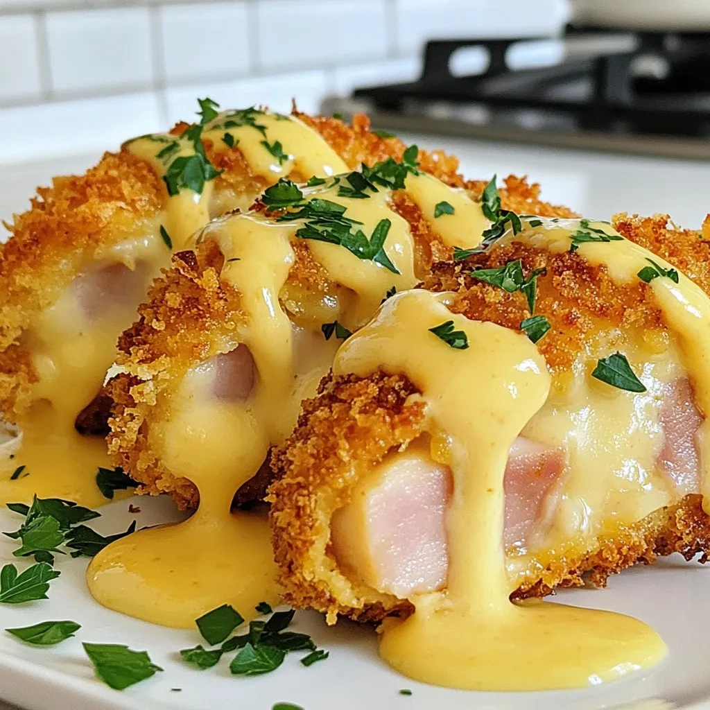 - 4 boneless, skinless chicken breasts - 4 slices of ham (preferably thinly sliced) - 4 slices of Swiss cheese These three items are the stars of Chicken Cordon Bleu. The chicken forms the base, while the ham and Swiss cheese add flavor and richness. Make sure the ham is thin; this helps it melt nicely with the cheese. - 1 cup all-purpose flour - 2 large eggs, beaten - 1 cup breadcrumbs (preferably panko for extra crispiness) - 1 teaspoon garlic powder - 1 teaspoon onion powder - Salt and pepper, to taste Breading gives our chicken a crunchy texture. Use panko breadcrumbs for an extra crispy bite. Season the flour with salt, pepper, garlic powder, and onion powder for a flavor boost. - 1 cup heavy cream - 1 cup shredded Swiss cheese (for the sauce) - 2 tablespoons butter The sauce is creamy and full of Swiss cheese flavor. Heavy cream makes it rich. Butter adds depth and helps the cheese melt smoothly. This sauce is perfect drizzled over your chicken! {{ingredient_image_1}} To start, prep the chicken breasts. Take each chicken breast and place it between two sheets of plastic wrap. Use a meat mallet to pound the chicken until it is about ½ inch thick. This helps the chicken cook evenly. Next, season each breast. Sprinkle salt, pepper, garlic powder, and onion powder on both sides. This adds flavor to your dish. Now, let’s set up the breading station. Use three plates: one for flour, one for beaten eggs, and one for breadcrumbs. This makes coating the chicken easy and fun. For the dredging process, take each stuffed chicken breast and coat it in flour first. Shake off any extra flour. Next, dip it in the beaten eggs, letting the excess drip off. Finally, coat it in breadcrumbs, pressing gently to make sure it sticks well. To cook the chicken, heat olive oil in a large skillet over medium-high heat. Add the breaded chicken to the skillet. Cook for about 4-5 minutes on each side until it turns golden brown. Once golden, transfer the chicken to a baking dish. Bake the chicken in a preheated oven at 375°F for 15-20 minutes. The chicken should reach an internal temperature of 165°F to be safe to eat. While the chicken bakes, let’s prepare the Swiss cheese sauce. In a saucepan, melt butter over medium heat. Once melted, add heavy cream and stir gently. Bring it to a simmer for a few moments. Now, slowly whisk in the shredded Swiss cheese. Keep stirring until the cheese is melted and creamy. Don’t forget to season with salt and pepper to taste. This sauce will be the perfect topping for your chicken. - Choosing the right breadcrumbs: I recommend using panko breadcrumbs. They are light and airy. This helps create a nice crunch. Regular breadcrumbs work too, but panko gives you that extra crispiness. - Proper frying technique: Heat your oil until it shimmers. This means it’s hot enough. Cook the chicken for about 4 to 5 minutes on each side. Don’t rush this step! A good sear locks in flavor and moisture. - Techniques for a creamy texture: Start by melting the butter over medium heat. Slowly add the cream and stir gently. Keep stirring until it simmers. This helps avoid lumps. Then, whisk in the shredded Swiss cheese. It should melt smoothly into the sauce. - Seasoning adjustments: Taste your sauce! Add salt and pepper to fit your taste. You can even add a pinch of nutmeg for warmth. This small touch makes a big difference. - Garnishing with parsley: A sprinkle of fresh parsley adds color. It makes the dish look appealing and fresh. Just chop a little and scatter it on top. - Serving suggestions: Serve this dish with a side salad or some roasted veggies. A nice glass of white wine pairs well too. It elevates the meal and makes it special. Pro Tips Use Panko Breadcrumbs: They provide an extra layer of crispiness compared to regular breadcrumbs, making your chicken cordon bleu even more delightful. Ensure Even Thickness: Pounding the chicken breasts to an even thickness helps them cook uniformly, preventing any dry or undercooked spots. Rest Before Serving: Allow the chicken to rest for a few minutes after baking. This helps the juices redistribute, keeping the chicken moist. Experiment with Fillings: Feel free to mix up the fillings! Try different cheeses or add spinach for a unique twist on the classic recipe. {{image_2}} You can easily change the flavors of Chicken Cordon Bleu by swapping ingredients. Here are some ideas: - Different cheese options: Try cheddar, gouda, or even pepper jack cheese. Each will give a unique taste. - Alternative meats for stuffing: Use turkey or chicken sausage instead of ham. This can make the dish lighter. You can cook Chicken Cordon Bleu in various ways. Here are some methods to try: - Air fryer instructions: Preheat your air fryer to 360°F (182°C). Cook the breaded chicken for 15-18 minutes. Flip halfway for even cooking. - Grilling versus baking: Grilling adds a nice smoky flavor. Bake for a crispy finish. Both methods work well for tasty results. Pair your Chicken Cordon Bleu with great side dishes and drinks. Here are some ideas: - Side dishes that pair well: Serve with mashed potatoes, steamed green beans, or a fresh salad. These sides balance the rich flavors. - Wine and beverage pairing ideas: A crisp white wine like Chardonnay or a light lager works perfectly. These drinks enhance the meal without overpowering it. After enjoying your Chicken Cordon Bleu, store any leftovers properly. Place the chicken in an airtight container. It will keep well in the fridge for up to four days. For longer storage, freeze the chicken. Wrap each piece in plastic wrap, then place them in a freezer bag. This way, they can last for up to three months. Just remember to label the bags with the date. When you want to enjoy your leftovers, reheating them right is key. The best method is to use the oven. Preheat it to 350°F (175°C). Place the chicken on a baking sheet and heat for about 15-20 minutes. This keeps the chicken crispy. To avoid sogginess, skip the microwave. Microwaving can make the breading soft. If you must use it, heat on low power for short bursts. Always check the chicken's temperature to ensure it's warm throughout. To check if your chicken is done, use a meat thermometer. The safe internal temperature for chicken is 165°F (75°C). Insert the thermometer into the thickest part of the chicken. If it reads 165°F, your chicken is safe to eat. Always check the doneness before serving. Yes, you can prepare Chicken Cordon Bleu ahead of time! You can bread the chicken and store it in the fridge for up to 24 hours before cooking. Wrap the chicken well with plastic wrap to keep it fresh. This way, you save time on busy days. Just remember to cook it within that timeframe. If you need a substitute for Swiss cheese, try Gruyère or Emmental. Both have a similar flavor and melt well. You can also use mozzarella for a milder taste. If you want something sharper, consider cheddar. Each cheese will give a different twist to your dish. In this post, we covered how to make Chicken Cordon Bleu from start to finish. We discussed the main ingredients, including chicken, ham, and Swiss cheese. We also shared breading techniques, cooking methods, and how to make a creamy Swiss cheese sauce. Finally, I hope you feel empowered to try this dish. With practice and these tips, you can serve a delicious meal that impresses every time. Enjoy your cooking!