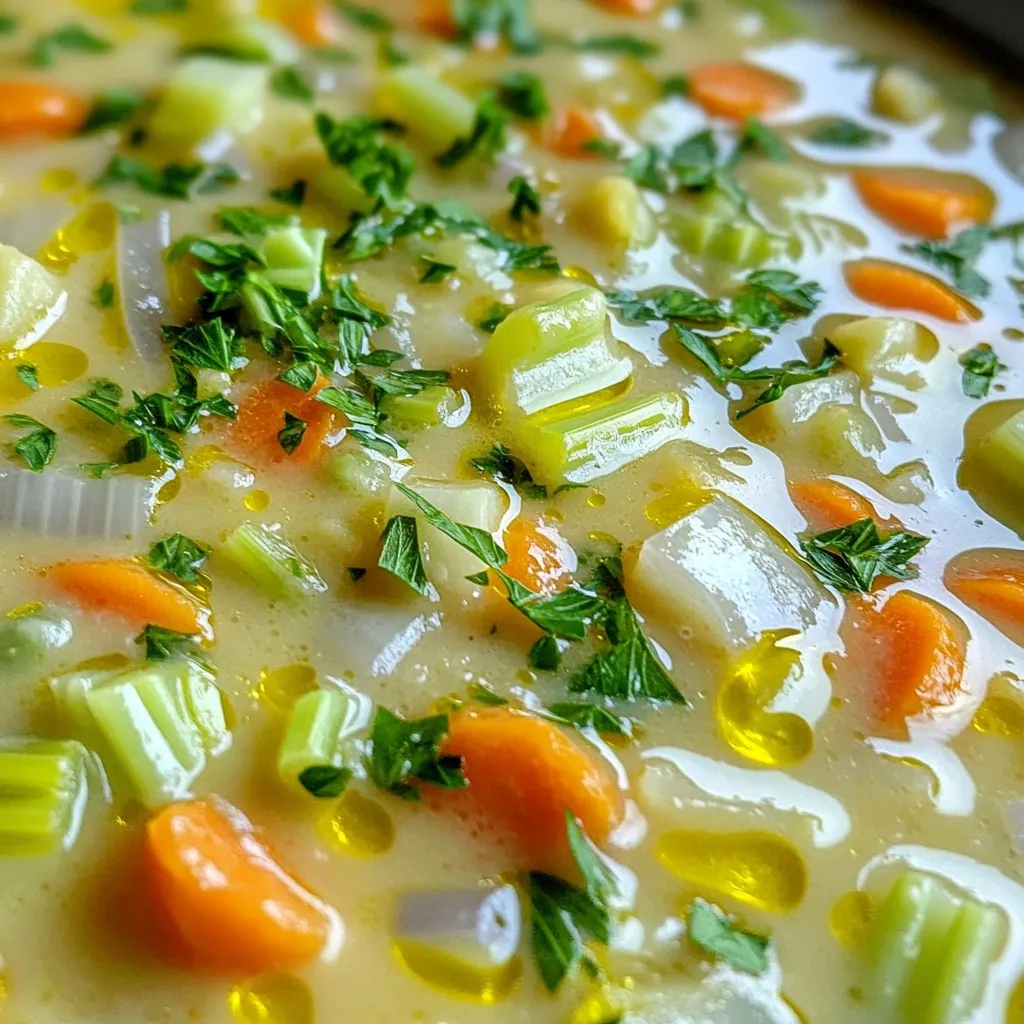 To make this creamy vegetable soup, gather these fresh ingredients: - 2 tablespoons olive oil - 1 medium onion, diced - 2 cloves garlic, minced - 2 medium carrots, chopped - 2 stalks celery, chopped - 1 medium potato, peeled and diced - 1 cup fresh green beans, trimmed and cut - 1 cup cauliflower florets - 1 cup vegetable broth - 1 cup heavy cream (or coconut cream for a dairy-free option) - 1 teaspoon dried thyme - Salt and pepper to taste - Fresh parsley for garnish Feel free to mix things up! You can swap out vegetables based on what you have. Use zucchini, bell peppers, or peas for a twist. If you want a lighter soup, replace heavy cream with coconut milk or almond milk. For those who need gluten-free options, ensure your vegetable broth is gluten-free. Garnishes add color and flavor. I love using fresh parsley for a bright taste. You can also sprinkle some grated cheese on top, or add a swirl of cream for a nice look. A few croutons or a drizzle of olive oil can add crunch and extra flavor. Enjoy making this soup your own! 1. Heat 2 tablespoons of olive oil in a large pot over medium heat. 2. Add 1 medium onion, diced, and cook until it turns translucent, about 5 minutes. 3. Next, stir in 2 minced garlic cloves and cook for 1-2 minutes until fragrant. 4. Toss in 2 chopped carrots, 2 chopped celery stalks, and 1 diced potato. Sauté for about 5 minutes. 5. Add 1 cup of fresh green beans and 1 cup of cauliflower florets. Stir and cook for another 5 minutes. 6. Pour in 1 cup of vegetable broth and bring it to a boil. Reduce heat and simmer for 20 minutes. 7. Blend the soup using an immersion blender until smooth. 8. If using a standing blender, carefully transfer the soup in batches and blend until creamy. 9. Return the blended soup to the pot if you used a standing blender. 10. Stir in 1 cup of heavy cream or coconut cream and 1 teaspoon of dried thyme. Heat on low for 5 minutes. 11. Season with salt and pepper to taste. Adjust flavors as needed. 12. Serve hot and garnish with fresh parsley for a bright touch. To get a smooth, creamy texture, use an immersion blender. This tool lets you blend right in the pot. If you prefer a standing blender, do it in small batches. Be careful with hot soup. Blend until it looks silky and smooth. You may want to blend longer for a creamier finish. Remember, blending breaks down the vegetables, so don’t rush. Cooking times can vary based on the vegetables you choose. Harder vegetables like carrots and potatoes take longer to cook. They need about 5-10 minutes longer than softer ones like green beans and cauliflower. Keep an eye on them. You want everything tender but not mushy. Adjust your cooking time based on what you add to the mix, so everything is just right. To make the best creamy vegetable soup, start with fresh ingredients. Choose bright vegetables like carrots and green beans. This will add flavor and color. Always sauté your onions and garlic until they are soft. This step builds a strong base for your soup. If you want a richer taste, try using vegetable broth instead of water. When blending, use an immersion blender for a smooth texture. This tool is easy to use and keeps your pot clean. If you don’t have one, blend in batches with a standing blender. Just be careful with hot liquids. One common mistake is not cooking the vegetables enough. Make sure they are tender before blending. If they are not soft, the soup will not be creamy. Another mistake is adding too much salt too early. Taste as you cook. This way, you can adjust the salt later for the best flavor. Don’t forget to check your cream’s temperature before adding it. If it’s too cold, it may curdle when mixed into the hot soup. If your soup is too thin, you can thicken it by blending in more vegetables. You can also use a cornstarch slurry. Mix one tablespoon of cornstarch with two tablespoons of water. Stir this mixture into the soup and heat until it thickens. To thin your soup, add more vegetable broth or water. Do this slowly to keep the flavor balanced. Always taste as you adjust the consistency. {{image_2}} You can make this soup dairy-free easily. Swap out heavy cream with coconut cream. Coconut cream gives a rich taste and a hint of sweetness. You can also use nut milk like almond or cashew milk. They add creaminess without dairy. This keeps the soup vegan and still enjoyable. You can change the soup by adding different veggies. Try spinach, kale, or zucchini for a fresh twist. You can also add mushrooms for extra flavor. For spices, consider cumin, paprika, or even a dash of curry powder. These spices can add warmth and depth. Mix and match to find your favorite combo. You don’t have to stick to the stove. A slow cooker works great for this soup. Just add all ingredients, set it low, and let it cook for 6-8 hours. The flavors will meld nicely. If you’re in a hurry, use an Instant Pot. Cook on high for about 15 minutes, and you’ll have soup ready in no time. Both methods give you tasty results with less effort. To store leftover creamy vegetable soup, let it cool first. Pour it into an airtight container. Seal the lid tightly. Store it in the fridge for up to 3 days. If you want to keep it longer, freezing is a great option. For long-term storage, freeze the soup. Use a freezer-safe container or a zip-top bag. Leave some space at the top, as it will expand when frozen. Label the container with the date. The soup will stay good for about 2-3 months. When you are ready to eat it, defrost it in the fridge overnight. To reheat the soup, pour it into a pot. Heat it over medium-low heat. Stir often to prevent it from sticking. If the soup is too thick, add a bit of water or broth. You can also microwave it in a bowl. Heat in short bursts and stir in between to warm it evenly. Enjoy it hot for the best flavor! To flavor creamy vegetable soup, focus on fresh herbs and spices. Dried thyme adds depth. Garlic and onion provide a strong base. You can also add a splash of lemon juice for brightness. Experiment with other herbs like basil or dill. A hint of nutmeg can enhance the creaminess too. Always taste as you go to find the right balance. Yes, you can make creamy vegetable soup ahead of time. Cook and blend the soup, then let it cool. Store it in an airtight container in the fridge. It stays fresh for about 3-4 days. You can also freeze it for longer storage. Thaw it in the fridge overnight before reheating. To make the soup lighter, use coconut cream instead of heavy cream. You can also reduce the amount of cream you use. Add more vegetables for fiber and nutrients. Swap out the potato for cauliflower to cut carbs. Use low-sodium vegetable broth to keep it healthy. Many breads go well with creamy vegetable soup. A crusty baguette is a great choice. You can also try sourdough or whole grain bread. These options add texture and flavor. Serve them warm for the best taste. A nice slice of garlic bread also complements the soup well. Creamy vegetable soup offers warmth and comfort, with simple steps and tasty options. We discussed key ingredients, including substitutions and garnishes, to match your taste. I shared tips for a smooth texture and how to avoid common mistakes. Variations allow for easy swaps for dairy-free or vegan diets. Proper storage ensures your leftovers stay fresh. In the end, enjoy this soup knowing you're in control of flavors and textures. Happy cooking!