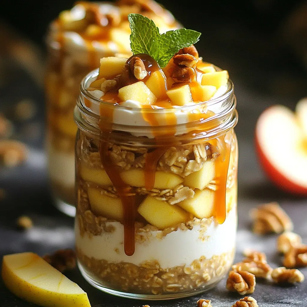 - 1 cup rolled oats - 1 cup unsweetened almond milk (or any milk of choice) - 1 medium apple, diced (preferably a sweet variety like Honeycrisp) - 1/2 cup cream cheese, softened - 1/4 cup Greek yogurt - 2 tablespoons maple syrup (or honey) - 1/2 teaspoon vanilla extract - 1/4 teaspoon cinnamon - Pinch of salt - 3 tablespoons caramel sauce (store-bought or homemade) - Chopped nuts for topping (walnuts or pecans, optional) You can change the flavor and look of your oats easily. Here are some ideas: - Use different apples like Granny Smith for a tart taste. - Swap maple syrup for agave nectar for a lighter sweetness. - Add dried fruits such as raisins or cranberries for extra chewiness. - Mix in a scoop of protein powder to boost the nutrients. This recipe makes two servings. Each serving has roughly: - Calories: 300 - Protein: 9 grams - Fat: 12 grams - Carbs: 40 grams - Fiber: 5 grams These oats are a great start to your day. They give you energy and keep you full! You can enjoy them knowing they provide good nutrition. First, grab a large mixing bowl. In this bowl, combine 1 cup of rolled oats, 1 cup of unsweetened almond milk, and 1 medium diced apple. I like to use a sweet apple, like Honeycrisp, for the best flavor. Stir the mixture well until everything blends together nicely. Next, take another bowl to prepare the cream cheese layer. Add 1/2 cup of softened cream cheese, 1/4 cup of Greek yogurt, 2 tablespoons of maple syrup, 1/2 teaspoon of vanilla extract, 1/4 teaspoon of cinnamon, and a pinch of salt. Mix these ingredients until the mixture is smooth and creamy. Now, gently fold the cream cheese mixture into the oat and apple mixture. Make sure everything blends well without over-mixing. This step is key to having a light texture. Divide the mixture into individual jars or containers. Leave some space at the top for the toppings. Drizzle 3 tablespoons of caramel sauce evenly over each jar. Save some caramel for later, as it adds a lovely touch when serving. Cover the jars tightly with lids or plastic wrap. Place them in the fridge overnight, or at least for 4 hours. This chilling time allows the oats to soften and the flavors to meld together. When mixing, start slow. This way, you avoid splashes and mess. Use a spatula to fold in the cream cheese mixture. This helps keep the oats light. If you find any lumps in the cream cheese, just keep mixing gently until smooth. Add a bit of patience here. It’s worth it for a creamy texture. If you want to add more flavor, feel free to toss in some chopped nuts or extra spices. After chilling, take the jars out of the fridge. Give the oats a quick stir to mix everything back together. For serving, top with more diced apples, a drizzle of leftover caramel sauce, and some chopped nuts if you like. For a fun presentation, serve the oats in clear jars. This shows off the beautiful layers of apple, cream, and caramel. You can also add a sprig of mint or a small apple slice on top for a nice touch. Enjoy your delicious caramel apple cheesecake overnight oats! To get creamy oats, always soak them long enough. Use rolled oats for the best texture. They absorb the liquid well and stay chewy. If you prefer a thicker mix, add a bit more oats. For extra creaminess, use full-fat milk or add more yogurt. Stir the mix well to avoid clumps. Store leftovers in airtight jars or containers. Keep them in the fridge for up to three days. If you want to save some for later, don't add toppings yet. Just keep the oats plain, and add toppings when ready to eat. This keeps the nuts crunchy and the apples fresh. A common mistake is not letting the oats soak long enough. They need time to soften. Don't skip the salt; it enhances the flavors. Avoid using too much caramel sauce right away. It can make your oats too sweet if you add it all before serving. Lastly, don’t forget to mix well! It helps blend all the flavors together. {{image_2}} You can easily change the flavor of your overnight oats. For a pumpkin spice twist, add 1/4 cup of pumpkin puree. Mix in 1 teaspoon of pumpkin pie spice instead of cinnamon. This gives a warm and cozy taste. If you love chocolate, try adding 2 tablespoons of cocoa powder. You can also top with chocolate chips for a sweet finish. You can swap almond milk for other types of milk. Try oat milk, coconut milk, or regular cow's milk. Each will give a different taste. For sweeteners, use honey, agave syrup, or even stevia. Adjust the amount based on your sweetness preference. This way, you can enjoy your oats just how you like them. If you have nut allergies, skip the nuts on top. You can use sunflower seeds or pumpkin seeds instead. For a dairy-free option, replace cream cheese with a dairy-free version or use mashed banana to keep it creamy. Greek yogurt can also be swapped with a dairy-free yogurt. This keeps your oats tasty while meeting dietary needs. To keep your caramel apple cheesecake overnight oats fresh, store them in the fridge. They can last up to 5 days in the refrigerator. Make sure to cover them well with lids or plastic wrap. This helps to lock in the flavors and keeps them creamy. You can freeze your overnight oats, but the texture may change. If you want to freeze them, place the oats in freezer-safe containers. They can stay fresh for up to 3 months. When you're ready to eat, thaw them in the fridge overnight. I recommend using glass jars or BPA-free plastic containers. Clear jars are great because you can see the layers of oats, apple, and caramel. Make sure the jars have tight lids. This helps keep your oats fresh and prevents any spills. You can store overnight oats in the fridge for up to five days. This makes them a great option for meal prep. Just ensure you keep them in a sealed jar or container. The flavors deepen as they sit, making them even more delicious. Yes, you can use quick oats instead of rolled oats. Quick oats will soften faster, so your oats might be creamier. Just keep in mind that they may not hold their shape as well as rolled oats. If you like a smoother texture, quick oats work great in this recipe. If you want a substitute for cream cheese, try using Greek yogurt or silken tofu. Both options will give you a creamy texture. Greek yogurt adds protein, while silken tofu makes it dairy-free. Mix them well to ensure a smooth consistency. We covered the key ingredients and steps to make creamy oats. You learned how to customize flavors and store leftovers. I shared tips to avoid common mistakes. Experiment with different flavors and enjoy the benefits of perfect oats. With these insights, you can make delicious overnight oats that suit your taste. Happy cooking!