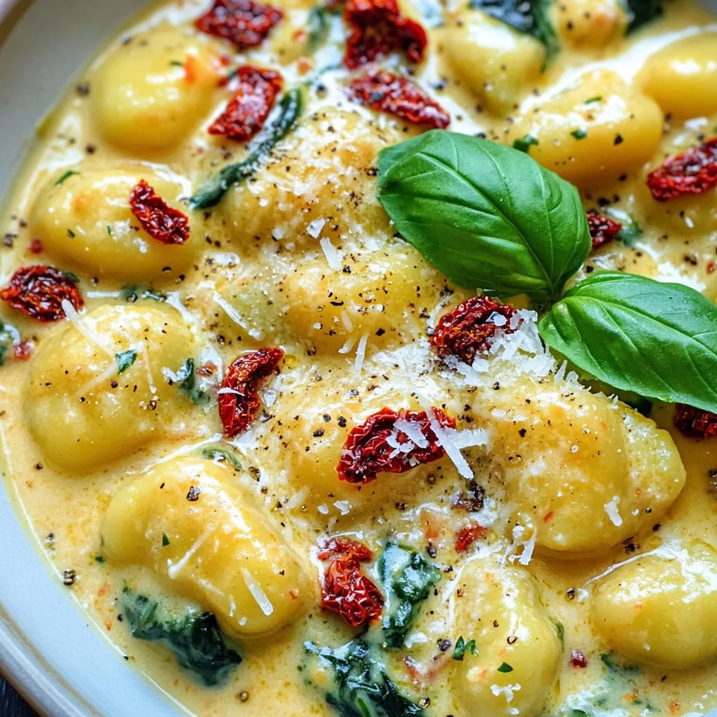 - 500g potato gnocchi - 1 cup sun-dried tomatoes, chopped - 1 cup heavy cream - 1 cup fresh spinach - 1/2 cup grated Parmesan cheese - 2 cloves garlic, minced - 1 tablespoon olive oil - Salt and pepper to taste - Fresh basil leaves for garnish Gathering the right ingredients is key to making Minute Creamy Sun-Dried Tomato Gnocchi. Start with potato gnocchi, which gives a soft and chewy texture. For flavor, you will need sun-dried tomatoes. They add a rich taste that complements the cream. Next, heavy cream is essential for the sauce. It makes the dish creamy and indulgent. Fresh spinach adds a pop of color and nutrition. Grated Parmesan cheese brings depth to the sauce with its salty, nutty flavor. Don’t forget garlic! It adds a wonderful aroma to your dish. Use olive oil to sauté the garlic, enhancing the overall taste. Lastly, season with salt and pepper to make all the flavors shine. Optional fresh basil leaves can be used as a garnish, adding a fresh touch. This simple list of ingredients will help you create a delightful meal in no time. To start, fill a large pot with water and add salt. Bring it to a boil. This is key to cooking the gnocchi. Once the water is bubbling, add 500 grams of potato gnocchi. Cook them according to the package instructions. They are done when they float to the top. This usually takes about 2 to 3 minutes. After they float, drain the gnocchi in a colander. Set them aside while you prepare the sauce. Now, let’s make the sauce. Heat a large skillet over medium heat. Add 1 tablespoon of olive oil. When the oil is hot, add 2 cloves of minced garlic. Sauté the garlic for about 30 seconds. You want it to smell nice but not burn. Next, add 1 cup of chopped sun-dried tomatoes. Cook them for 2 to 3 minutes. This softens the tomatoes and brings out their flavor. Now, pour in 1 cup of heavy cream. Stir it well to mix with the garlic and tomatoes. Let the sauce simmer gently. It’s time to bring it all together. Add the drained gnocchi to the skillet. Then, toss in 1 cup of fresh spinach. Stir everything until the spinach wilts and the gnocchi gets coated in that creamy sauce. Now, add 1/2 cup of grated Parmesan cheese. Mix until the cheese melts and the sauce thickens. Season with salt and pepper to taste. Make sure to adjust the seasoning as needed. Finally, remove the skillet from heat and garnish with fresh basil leaves before serving. Enjoy your creamy sun-dried tomato gnocchi! To make great gnocchi, cook it just right. Overcooking makes it mushy. Cook it until it floats, then drain it fast. This helps keep it firm. When choosing gnocchi, look for quality brands. Fresh or frozen are both good. Check the texture; it should feel soft but not sticky. If you want to switch up the cream, use half-and-half or coconut cream. These options can lighten the dish. For cheese, consider using ricotta or a non-dairy alternative. Adding spices can make your sauce pop. Try a pinch of red pepper flakes for heat. Dried basil or oregano can also add great flavor. Garnish your dish for a beautiful look. Fresh basil leaves add color and aroma. You can also sprinkle extra Parmesan cheese on top for a nice finish. Serve this dish with a side salad or crusty bread. It balances the rich flavors and makes a complete meal. Enjoy your creamy sun-dried tomato gnocchi in style! {{image_2}} You can add protein to the creamy sun-dried tomato gnocchi. Chicken or shrimp both work great. Cook the chicken until it’s golden brown. For shrimp, add them when you sauté the garlic. They cook quickly and will blend well with the sauce. If you prefer a vegetarian option, try using cooked lentils or chickpeas. They add a nice texture and flavor without meat. Spinach is a wonderful choice, but feel free to switch it out. Kale or arugula can also add a tasty twist. Chop them up and toss them in just like the spinach. You can also add seasonal veggies like zucchini or bell peppers. They bring color and flavor to your dish. If you need gluten-free gnocchi, look for brands that offer it. Many stores now sell gluten-free options made from rice or quinoa. For a dairy-free version, use coconut cream instead of heavy cream. Nutritional yeast can replace Parmesan cheese for a cheesy flavor. These swaps make the dish friendly for various diets. Store any leftover creamy sun-dried tomato gnocchi in an airtight container. Glass or plastic containers work well. Allow the dish to cool before sealing. Refrigerate it right away. This keeps it fresh for up to three days. To reheat, place the gnocchi in a skillet over medium heat. Add a splash of milk or cream. This helps keep the sauce creamy. Stir gently until warmed through. Avoid high heat, as it can make the cream separate. You can freeze this dish for later. Freeze the gnocchi and sauce together. Use a freezer-safe container to prevent freezer burn. Thaw it overnight in the fridge when you're ready. Reheat gently on the stove, adding a bit of cream if needed. This keeps the dish rich and flavorful. Yes, you can use fresh gnocchi. Fresh gnocchi cooks quicker than frozen. It usually needs just a few minutes in boiling water. Frozen gnocchi often takes longer to cook since they are pre-cooked. Both types offer a soft and pillowy texture. Fresh gnocchi may have a brighter flavor, while frozen can be more convenient. If you want a lighter option, you can use half-and-half or whole milk. For dairy-free choices, try coconut cream or cashew cream. Each option will change the dish's taste slightly. Use cashew cream for a nutty flavor or coconut cream for a tropical twist. Remember, these substitutions may affect the creaminess of the sauce. This dish lasts about 3 to 4 days in the fridge. Store it in a sealed container for best freshness. Make sure it cools down before sealing to avoid moisture buildup. If you want to keep it longer, consider freezing it. Just remember to thaw it in the fridge overnight before reheating. In this post, I shared a simple recipe for creamy gnocchi. We covered the key ingredients, cooking steps, and useful tips. I provided variations to suit different diets and preferences. You can impress anyone with your delicious dish. Remember to store leftovers properly to enjoy them later. These details will help you create a great meal every time. Now, go ahead and make your creamy gnocchi and enjoy!