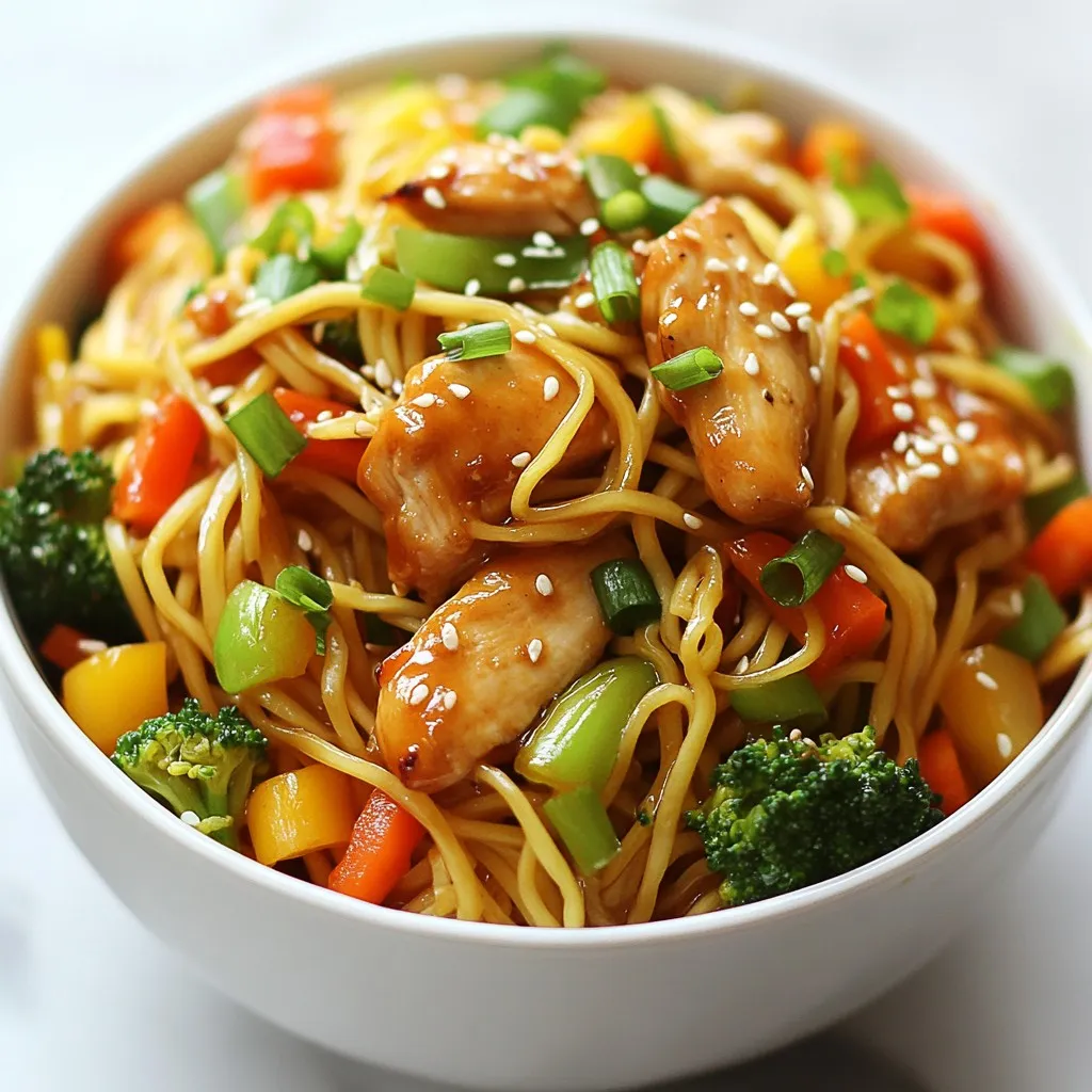 - 8 oz egg noodles (or Lo Mein noodles) - 2 tablespoons sesame oil - 1 pound chicken breast, thinly sliced - 2 cups mixed vegetables (bell peppers, carrots, broccoli, snow peas) - 3 cloves garlic, minced - 1 tablespoon ginger, grated - ¼ cup soy sauce - 2 tablespoons oyster sauce (optional for added flavor) - 1 tablespoon sugar - 2 green onions, chopped - 1 teaspoon sesame seeds (for garnish) When making Easy Chicken Lo Mein, each ingredient plays a key role. Here are the measurements you need: - Egg noodles: 8 oz gives a perfect base. - Sesame oil: 2 tablespoons adds rich flavor. - Chicken breast: 1 pound offers protein and heartiness. - Mixed vegetables: 2 cups keep it colorful and healthy. - Garlic: 3 cloves bring aroma and depth. - Ginger: 1 tablespoon adds warmth and spice. - Soy sauce: ¼ cup brings umami and saltiness. - Oyster sauce: 2 tablespoons (if used) enhances flavor complexity. - Sugar: 1 tablespoon balances the salt. - Green onions: 2 chopped for fresh brightness. - Sesame seeds: 1 teaspoon for a lovely finish. If you're missing an ingredient, don’t worry! Here are some swaps you can use: - Noodles: Use rice noodles or even spaghetti if needed. - Sesame oil: Olive oil or vegetable oil works too. - Chicken: Try tofu or shrimp for a different protein. - Mixed vegetables: Any fresh or frozen veggies you like. - Garlic: Garlic powder can work in a pinch. - Ginger: Ground ginger can substitute fresh ginger. - Soy sauce: Tamari or coconut aminos for a gluten-free option. - Oyster sauce: A bit more soy sauce can replace it. - Sugar: Honey or maple syrup can be a sweet substitute. {{ingredient_image_1}} First, fill a big pot with water. Bring it to a boil. Add 8 oz of egg noodles. Cook them as the package says until they are al dente. This means they should be firm but not hard. Once done, drain the noodles and set them aside. Next, heat 1 tablespoon of sesame oil in a large skillet or wok. Set the heat to medium-high. Add 1 pound of thinly sliced chicken breast. Cook the chicken for about 5-7 minutes. You want it to be golden brown and fully cooked. After that, take the chicken out of the skillet and set it aside. In the same skillet, pour in another tablespoon of sesame oil. Toss in 2 cups of mixed vegetables, including bell peppers, carrots, broccoli, and snow peas. Add 3 cloves of minced garlic and 1 tablespoon of grated ginger too. Stir-fry everything for about 3-4 minutes. You want the veggies to be tender but still crisp. Now, bring the cooked chicken back into the skillet. Pour in ¼ cup of soy sauce and 2 tablespoons of oyster sauce if you want more flavor. Add 1 tablespoon of sugar as well. Mix everything well and heat it through. Finally, gently fold in the cooked noodles. Make sure every noodle gets coated with sauce and ingredients. Mix for about 2-3 minutes. After this, take it off the heat. Add 2 chopped green onions and mix lightly. Serve the chicken lo mein hot, and don't forget to sprinkle 1 teaspoon of sesame seeds on top for that perfect finish! To make your chicken lo mein shine, follow these tips: - Use fresh ingredients. Fresh veggies pack more flavor. - Cook noodles just right. Aim for al dente. They should be firm, not mushy. - Preheat your skillet. This step helps to sear the chicken well. - Don’t crowd the pan. Cook in batches if needed. This keeps everything crisp. - Add sauces at the right time. Mix in soy sauce and oyster sauce after veggies. This keeps flavors bright. Avoid these common mistakes: - Using overcooked noodles. They can turn mushy quickly. - Not seasoning enough. A pinch of salt can elevate your dish. - Skipping the garlic and ginger. These add depth and aroma. - Forgetting to garnish. Green onions and sesame seeds add nice crunch. - Not tasting as you go. Adjust flavors to your liking before serving. Here are some techniques to enhance your cooking: - Stir-fry quickly. Use high heat and keep stirring for even cooking. - Use a wok if you have one. It allows for better heat distribution. - Let chicken rest. After cooking, allow it to rest briefly before slicing. This keeps it juicy. - Fold noodles gently. This prevents breakage and keeps them whole. - Finish with a splash of sesame oil. This adds a rich, nutty flavor at the end. By using these tips and tricks, you can create a chicken lo mein that is both quick and bursting with flavor! Pro Tips Choose the Right Noodles: For the best texture, use fresh Lo Mein noodles if available. They offer a chewier bite compared to dried egg noodles. Prep Your Ingredients: Have all your ingredients chopped and ready to go before you start cooking. Stir-frying is a quick process, and you'll want everything within reach. Control the Heat: Keep your skillet or wok at a high temperature while stir-frying. This helps to sear the chicken and vegetables quickly, locking in flavors and maintaining crispness. Customize the Vegetables: Feel free to swap in your favorite vegetables or whatever you have on hand. Just ensure they are cut into uniform sizes for even cooking. {{image_2}} You can easily make a vegetarian lo mein. Swap the chicken for tofu or tempeh. Both options add great texture. Use the same amount you would for chicken. For a veggie boost, add more mixed vegetables like mushrooms or bean sprouts. This change keeps your meal light and tasty. If you want to change up the protein, try shrimp or beef. Shrimp cooks quickly, so add it for the last few minutes of stir-frying. Beef should be thinly sliced and can be added with the chicken. You can even mix proteins for more flavor. Just remember to adjust cooking times to ensure everything is cooked right. You can mix up the sauce to suit your taste. For a spicy kick, add chili paste or sriracha. For a sweeter touch, add more sugar or some honey. You can also try adding rice vinegar for tanginess. Experiment with different sauces like hoisin or teriyaki to find your favorite. To keep your chicken lo mein fresh, store it in an airtight container. Let it cool down first. Place it in the fridge if you plan to eat it within three days. For longer storage, you can freeze it. To reheat your chicken lo mein, use the stove or microwave. On the stove, add a splash of water to a pan. Heat over medium until warm, stirring often. In the microwave, cover the dish with a lid or microwave-safe wrap. Heat in 30-second bursts, stirring in between. To freeze chicken lo mein, pack it in freezer bags or containers. Remove as much air as you can. Label the bags with the date. It can last up to three months in the freezer. When you’re ready to eat, thaw it in the fridge overnight before reheating. To make Chicken Lo Mein gluten-free, swap regular soy sauce for gluten-free soy sauce. You can also use rice noodles or gluten-free egg noodles. Both options taste great. Always check labels for any hidden gluten. Yes, you can use other types of noodles. Soba noodles or rice noodles work well. Just cook them according to the package instructions. They will add a unique flavor and texture to your dish. Chicken Lo Mein can be healthy, especially if you use fresh veggies. The chicken provides protein, while the mixed vegetables add vitamins. You can also control the amount of sauce and oil to keep it lighter. To spice up Chicken Lo Mein, add chili paste or red pepper flakes. You can mix these into the sauce for an extra kick. Fresh sliced chili peppers also add heat and color. Adjust the spice to your liking! This blog post detailed how to make Chicken Lo Mein. We covered the full list of ingredients and their measurements, along with easy substitutions. I shared step-by-step cooking instructions for perfect noodles, chicken, and veggies. Tips helped avoid common mistakes, while variations showed how to customize your dish. Finally, I explained how to store and reheat leftovers effectively. In short, you now have all the tools to enjoy Chicken Lo Mein at home. Enjoy the cooking process, and don't be afraid to experiment!