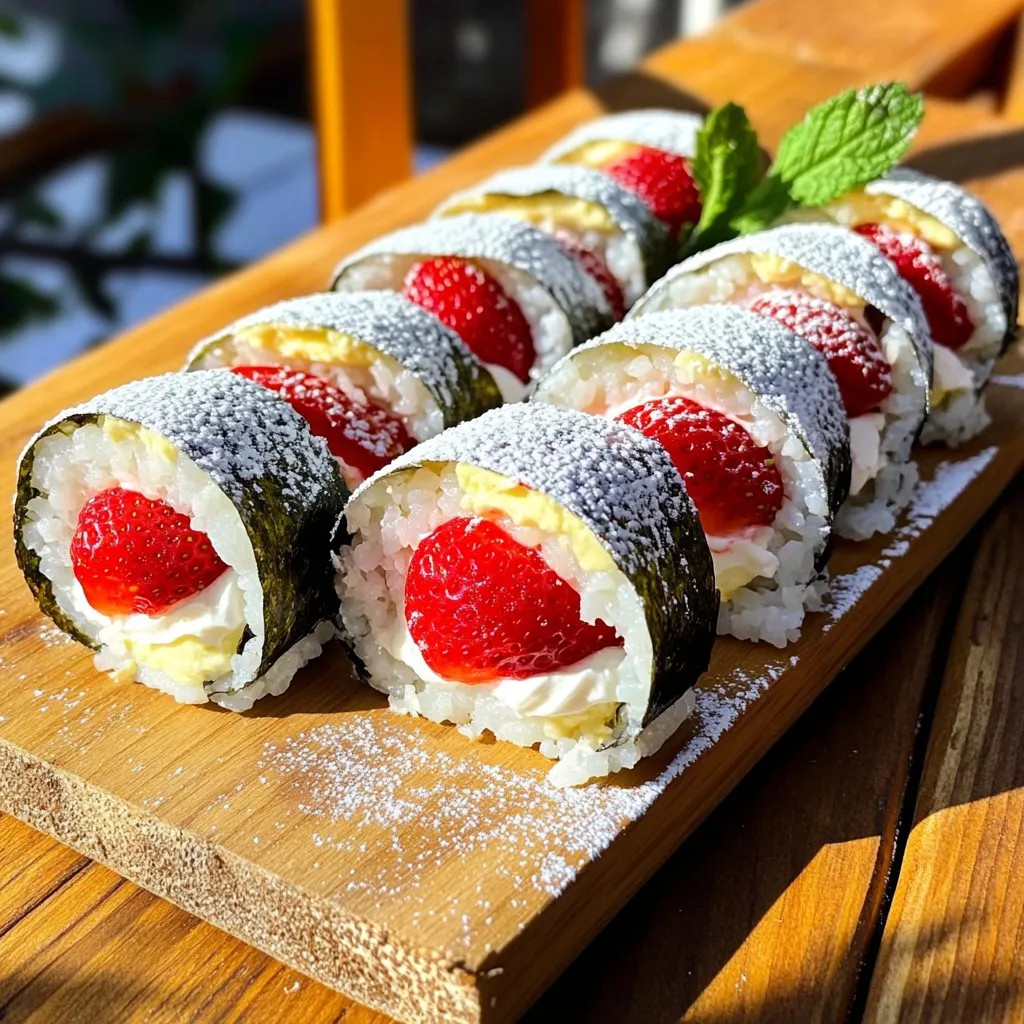 - 1 cup sushi rice - 1 ¼ cups water - 2 tablespoons sugar - 1 tablespoon rice vinegar - 1 teaspoon vanilla extract - 6 large strawberries, hulled and quartered - 1 cup whipped cream - 4 sheets of nori - 1 tablespoon powdered sugar (optional) - Fresh mint leaves for garnish To make strawberry shortcake sushi rolls, you need simple ingredients. Sushi rice is a must. You also need water, sugar, rice vinegar, and vanilla extract to give flavor. Fresh strawberries make the rolls sweet and juicy. Whipped cream adds creaminess, while nori wraps everything up. You might want powdered sugar for a sweet touch and mint leaves to make it pretty. Gather all these ingredients before you start. Having everything ready makes the cooking fun and easy! To make great sushi rolls, you need to roll tightly. Start by pressing the rice down gently but firmly. Use both hands to keep it steady as you roll. If it feels loose, you might end up with a messy roll. Common mistakes include overfilling and using too much rice. Stick to about ½ cup of rice. Leave that 1-inch border at the top clear. This helps seal the roll better. If you forget to wet the edge, it won't stick! To make your rolls shine, think about garnishes. Fresh mint leaves add a nice touch. You can also sprinkle powdered sugar for sweetness. For extra flavor, try adding a bit of lemon zest to the whipped cream. A dash of cinnamon can also change up the taste. Don't be afraid to experiment with different toppings for a fun twist! To keep your strawberry shortcake sushi rolls fresh, store them right. Place any leftover rolls in an airtight container. This helps to lock in moisture. It is best to eat them within a day for the best taste. If you need to store them longer, separate the rolls and cream. This keeps the rolls from getting soggy. - Recommended containers: Use a shallow, airtight container. This helps to maintain their shape. You may want to enjoy your rolls later. For best results, here’s how to reheat them. - Proper methods to reheat rolls: Place the rolls in a microwave-safe dish. Cover them with a damp paper towel. Heat in short bursts of 10-15 seconds. Check often to avoid overheating. - Best practices for maintaining texture: Reheat gently to keep the rolls soft. Avoid direct heat, as this can make the rice tough. Enjoy the sushi rolls warm, but not too hot! {{image_2}} How do I prevent the rice from sticking? To stop the rice from sticking, rinse it well before cooking. You can also wet your hands while handling the rice. This keeps it from clinging to your fingers. Can I use frozen strawberries? Yes, frozen strawberries work well. Just thaw them and pat dry before using. They may be softer, but still taste great! What other toppings can I use? You can add chocolate drizzle, crushed cookies, or other fruits like blueberries. Get creative with your fillings! Can I use different types of rice? You can use short-grain rice or even sweet rice. Just remember, sushi rice gives the best texture. What if I don’t have nori? If you don’t have nori, try using rice paper or even a thin crepe. These can still hold your sushi together. Best beverages to pair with sushi rolls These rolls go well with sweet tea, lemonade, or even a light fruit punch. Choose drinks that won’t overpower the light flavors. How to serve at gatherings or parties Serve the rolls on a colorful platter. Add extra whipped cream for dipping. This makes it fun and tasty for everyone! This article covered how to make delicious strawberry shortcake sushi rolls. We explored the key ingredients, detailed steps for preparing sushi rice, and tips for rolling and serving. You learned about flavor variations, storage tips, and answers to common questions. Now, you can impress friends and family with this fun dessert. Enjoy your culinary adventure and feel free to get creative with your rolls!