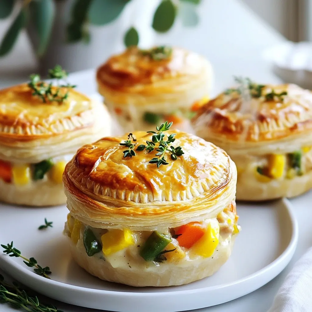 - 2 cups cooked chicken, shredded - 1 cup frozen mixed vegetables (peas, carrots, corn) - 1/2 cup onion, diced - 2 cloves garlic, minced - 1 cup chicken broth - 1 cup heavy cream - 1 package (1 sheet) puff pastry, thawed In this recipe, I use cooked chicken. You can use any leftover chicken. Shred it into bite-sized pieces. I love adding frozen mixed vegetables. They bring color and flavor. Peas, carrots, and corn work best. You need onion and garlic too. Dice the onion finely and mince the garlic. Both add great taste to the filling. For the base, chicken broth and heavy cream are key. The broth gives depth. The cream makes the filling rich and smooth. Lastly, you need puff pastry. This is what makes the pot pies crispy and flaky. - 1 teaspoon dried thyme - 1 teaspoon dried rosemary - Salt and pepper to taste - 1 egg (for egg wash) To season your filling, use dried thyme and rosemary. These herbs elevate the flavor. Add salt and pepper to taste. This simple mix makes the dish shine. Finally, the egg wash is important. It helps the pastry turn golden brown. Just beat an egg and brush it on top before baking. This gives your mini chicken pot pies a lovely finish. Enjoy the rich flavors and warm comfort of this dish! {{ingredient_image_1}} - Preheat oven to 400°F (200°C). - Grease muffin tin to prevent sticking. - In a skillet, heat olive oil over medium heat. - Add diced onion and minced garlic, sauté for 3-4 minutes. - Stir in shredded chicken and mixed vegetables, cooking for 2-3 minutes. - Pour in chicken broth and heavy cream. Add thyme, rosemary, salt, and pepper. - Bring to a simmer and cook for 5-7 minutes, stirring often, until thick. - Roll out puff pastry on a floured surface. Cut into 5-inch circles. - Press pastry circles into muffin tin cups, leaving extra hanging over the edges. - Spoon chicken filling into each pastry-lined muffin cup. - Use extra pastry to create tops or lattice patterns. Press edges to seal. - Beat egg in a bowl and brush tops with egg wash. - Bake for 20-25 minutes or until pastries are golden brown and puffed. - Let cool for a few minutes before removing from the muffin tin. To roll puff pastry evenly, start on a clean and lightly floured surface. Use a rolling pin and apply gentle pressure. Be sure to roll from the center outwards. This helps keep the thickness uniform. For avoiding soggy bottoms, place the pastry in the fridge for a few minutes before filling. This keeps it firm when baking and helps it stay crisp. You can easily boost flavor by adding herbs or spices. For example, fresh thyme or parsley can brighten your dish. Try adding a pinch of cayenne for a slight kick. If you want extra fillings, consider mushrooms or diced potatoes. These add texture and depth to the mix. To ensure even browning, rotate your muffin tin halfway through baking. This helps all the pies cook evenly. Checking for doneness is easy; look for a golden brown color on top. You can also insert a knife into the center. If it comes out hot, your mini pot pies are ready to serve. Pro Tips Use Rotisserie Chicken: For a quicker option, use store-bought rotisserie chicken. It saves time and adds great flavor to your pot pies. Customize Vegetables: Feel free to swap out the frozen mixed vegetables for your favorites or whatever you have on hand, like broccoli or bell peppers. Puff Pastry Handling: Keep your puff pastry cold until you're ready to use it. This helps it puff up beautifully in the oven. Make Ahead: You can prepare the filling and pastry ahead of time. Assemble and bake when ready to serve for a fresh meal. {{image_2}} You can change mini chicken pot pies into muffin-style bites. This makes them fun and easy to eat. Use a muffin tin to hold the puff pastry. You can adapt the filling by using leftover turkey or beef instead of chicken. You can also add more veggies, like spinach or mushrooms, for extra flavor. These swaps keep your meal fresh and exciting! Instead of puff pastry, try phyllo or shortcrust pastry for a different look. These options add a crispy texture. You can make mini pots for a party or appetizer. Fill them with your chicken mix and serve warm. They are great for gatherings! You can also top them with a dollop of sour cream or fresh herbs for added taste. For gluten-free eaters, use gluten-free puff pastry or a gluten-free pie crust. You can find these in most stores. For a vegetarian version, swap the chicken for cooked lentils or chickpeas. Add more veggies, like zucchini or bell peppers, to make up for the protein. This way, everyone can enjoy delicious mini pot pies! You can freeze mini chicken pot pies before or after baking. If you freeze them before baking, wrap each pie tightly in plastic wrap. Place the wrapped pies in a freezer bag. This keeps them fresh. You can also freeze them after baking. Let them cool first. Then, wrap and bag them. You can freeze mini chicken pot pies for up to three months. They stay tasty and safe during this time. When you're ready to eat, just thaw and reheat. You can reheat mini chicken pot pies in the oven or microwave. The oven gives the best results. Preheat it to 350°F (175°C). Place the pies on a baking sheet. Heat for about 15-20 minutes. This keeps the crust crispy. If you use the microwave, heat each pie for about 1-2 minutes. The crust may get soft, so this is not the best choice. If you want to keep them crispy, try the oven. To store leftovers, place them in an airtight container. Keep them in the fridge. They will stay fresh for up to four days. Make sure they cool down before storing. This helps keep moisture out. If you notice any signs of spoilage, discard them. Always trust your senses. If they smell off, do not eat them. Enjoy your mini chicken pot pies while they're fresh! Yes, you can use rotisserie chicken. It makes this recipe faster and easier. Here are some benefits of using store-bought cooked chicken: - Saves time: No need to cook or shred chicken yourself. - Adds flavor: Rotisserie chicken is often seasoned well. - Less waste: You can use leftover chicken for other meals. You can mix it up with different veggies or proteins. Here are some ideas: - Vegetables: Try mushrooms, bell peppers, or spinach. - Proteins: Use turkey, beef, or even tofu for a twist. - Seasoning: Add your favorite herbs or spices for extra flavor. Mini chicken pot pies pair well with various sides and drinks. Here are some suggestions: - Side dishes: A fresh green salad or roasted veggies work great. - Beverages: Serve with iced tea, lemonade, or a light wine. In this blog post, we explored how to make delicious mini chicken pot pies. We covered key ingredients like chicken, mixed veggies, and puff pastry. The step-by-step instructions helped you prep, cook, and assemble your pies. Tips also showed you how to enhance flavors and avoid soggy bottoms. Plus, we discussed fun variations and storage tips for leftovers. Now you can make these tasty treats at home with confidence. Enjoy your cooking adventure and share your mini pot pies with friends!