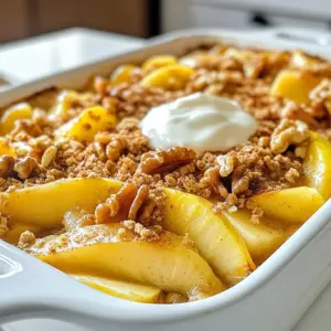 - 4 medium-sized apples, peeled, cored, and sliced - 1 cup rolled oats - 1 cup brown sugar - ½ cup all-purpose flour - 1 teaspoon ground cinnamon - ½ teaspoon nutmeg - ¼ teaspoon salt - ½ cup unsalted butter, melted - ½ cup chopped walnuts or pecans (optional) - 1 cup vanilla yogurt or whipped cream for serving (optional) You need fresh apples for this dish. I like using sweet apples. They add a nice flavor. - 9x13 inch baking dish - Large mixing bowl - Oven - Knife and cutting board - Measuring cups and spoons - Spoon or spatula These tools help you prepare the casserole easily. Having everything ready makes cooking more fun! - Chopped walnuts or pecans - Raisins or dried cranberries - A splash of vanilla extract These add-ins can give your casserole a unique twist. You can mix and match as you like. {{ingredient_image_1}} Start by preheating your oven to 350°F (175°C). This step is key for even baking. While the oven heats up, get your baking dish ready. Grease a 9x13 inch dish with a bit of butter or non-stick spray. Now, let’s prep the apples. Take four medium-sized apples and peel them. Next, core and slice the apples into thin pieces. In a large bowl, mix the sliced apples with ½ cup of brown sugar and 1 teaspoon of cinnamon. Toss the apples well, so they are nice and coated. Spread the apples evenly in the bottom of your greased baking dish. In the same bowl, it’s time to make the crumble topping. Add 1 cup of rolled oats, the remaining brown sugar, ½ cup of all-purpose flour, ½ teaspoon of nutmeg, and ¼ teaspoon of salt. Pour in ½ cup of melted unsalted butter. Mix everything until it becomes crumbly. If you like, stir in ½ cup of chopped walnuts or pecans for extra crunch. Take that delicious crumble mixture and sprinkle it evenly over the apples. Make sure the apples are completely covered. This topping will give your casserole a nice, crispy texture. Place the casserole in your preheated oven. Bake for 30-35 minutes. You’ll know it’s done when the apples are tender, and the top turns golden brown. Once baked, take it out of the oven and let it cool for a few minutes before serving. Enjoy it warm, on its own or with a scoop of vanilla yogurt or whipped cream if you like! Pick apples that are firm and tart. I love using Granny Smith apples. They add a nice zing. You can also mix in sweeter apples like Fuji or Honeycrisp. This blend makes the casserole tasty and well-rounded. Always peel and core your apples. This keeps the texture smooth and soft. The recipe calls for one cup of brown sugar, but you can adjust this. If you prefer less sweetness, cut back to ¾ cup. The apples bring their own natural sugar as they bake. If you want a sweeter taste, add a bit more brown sugar. Just taste as you go along! Spices can make your apple casserole shine. Use ground cinnamon and nutmeg for warmth. You can also add a pinch of allspice or ginger for a twist. Feel free to play with the amounts. A little can go a long way, so start small. You’ll find the perfect balance for your taste! Pro Tips Choose the Right Apples: Use a mix of tart and sweet apples like Granny Smith and Honeycrisp for a balanced flavor. Customize Your Toppings: Add dried fruits like raisins or cranberries for extra texture and flavor in the oat mixture. Let It Cool: Allow the casserole to cool for a few minutes before serving to help it set and enhance the flavors. Serve with a Twist: Try drizzling caramel sauce over the top for an indulgent touch when serving. {{image_2}} You can make this apple casserole gluten-free. Use gluten-free rolled oats instead of regular oats. Replace all-purpose flour with almond flour or a gluten-free flour blend. This keeps the texture nice while making it safe for those with gluten issues. To create a vegan version, swap out the butter for coconut oil or a vegan butter substitute. For the cream, use coconut yogurt or dairy-free whipped cream. These changes keep the dish tasty and plant-based. Want to mix it up? You can add other fruits like pears or berries. Dried fruits, such as raisins or cranberries, add a sweet touch. Just remember to reduce the sugar if you add sweet dried fruits. This gives your casserole extra flavor and texture. To store any leftover Easy Apple Casserole, let it cool down first. Then, place it in an airtight container. This keeps it fresh for up to three days in the fridge. If you have a lot left, you might want to divide it into smaller portions. Reheating is simple. Preheat your oven to 350°F (175°C). Place the casserole in an oven-safe dish. Cover it with foil to keep it from drying out. Heat for about 15-20 minutes. You can also use a microwave. Put a portion in a microwave-safe bowl and heat for one to two minutes. Stir halfway through for even warming. If you want to save some for later, freezing works well. First, let the casserole cool completely. Cut it into portions and wrap each piece tightly in plastic wrap. Then, place them in a freezer bag. This can last for about three months. When you’re ready to eat, thaw it overnight in the fridge, then reheat as mentioned above. Yes, you can use many kinds of apples. Granny Smith apples are tart and crisp. Honeycrisp apples are sweet and juicy. Fuji apples add a nice crunch. Using a mix of apples can give more flavor. Experiment with what you like best! You can add more healthy ingredients. Try using whole wheat flour instead of all-purpose flour. Add extra nuts for protein and healthy fats. You can also mix in some berries for added vitamins. Using less sugar helps too! This dish is great on its own. You can also serve it with vanilla yogurt. Whipped cream adds a sweet touch. Pair it with ice cream for a fun dessert. A scoop of cinnamon ice cream works wonders! It takes about 30 to 35 minutes to bake. You want the apples to be tender and the top golden brown. Keep an eye on it after 30 minutes. You can test it with a fork for doneness. This blog post covered how to make a simple apple casserole. We discussed the key ingredients, tools, and optional add-ins to elevate your dish. I shared step-by-step instructions, helpful tips, and variations for different diets. Storing and reheating the casserole is also simple. Whether you stick to the classic recipe or mix it up, enjoy sharing this treat with others. Happy baking!