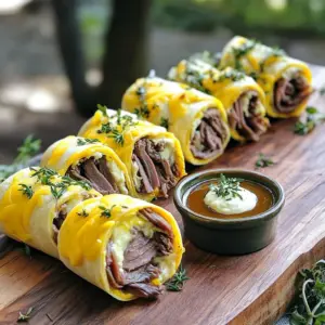 - 4 large flour tortillas - 1 cup roast beef, thinly sliced - 1 cup provolone cheese, shredded - 1/2 cup cream cheese, softened - 1/4 cup mayonnaise - 1 tablespoon Dijon mustard - 1/2 teaspoon garlic powder - 1/2 teaspoon dried thyme - 1/4 teaspoon black pepper First, grab a medium bowl. Combine the cream cheese, mayonnaise, and Dijon mustard. Add garlic powder, dried thyme, and black pepper. Mix until everything blends well. This spread adds a creamy taste to the roll-ups. Now, lay one tortilla flat on a clean surface. Spread a good layer of the cream cheese mix over the tortilla. Evenly place 1/4 cup of sliced roast beef on top. Add 1/4 cup of provolone cheese next. Roll the tortilla tightly from the bottom to the top. Make sure the filling stays inside. Wrap the rolled tortilla in plastic wrap. Place it in the fridge for at least 30 minutes. This helps the roll keep its shape. Repeat the steps with the other tortillas. Once chilled, take the rolls out of the fridge. Slice each roll into bite-sized pieces, about 1-2 inches thick. You can change the meat in these roll-ups. Substitute turkey or chicken for roast beef. This keeps the taste fresh and fun. You can also switch the cheese. Use cheddar or Swiss for a new flavor. Want to add more taste? Try fresh herbs! Mix in parsley or chives to the spread. You can also spice things up. Add paprika or hot sauce for some heat. These little changes can make a big difference. How you serve the roll-ups matters too. Use a rustic wooden board for a nice look. Add some herbs around the platter for a pop of color. Use colorful bowls for the au jus. This adds a fun touch to your snack. You can easily make a vegetarian version of the French dip tortilla roll-ups. Simply replace the roast beef with grilled vegetables or hummus. Grilled zucchini, bell peppers, and mushrooms work great. They add color and flavor. Hummus provides creaminess and pairs well with veggies. This swap keeps the dish tasty while catering to vegetarian diets. If you need a gluten-free option, use gluten-free tortillas. They are widely available and taste great. Just check the label to ensure they meet your dietary needs. With gluten-free tortillas, you can enjoy the same flavors without worry. This change keeps the roll-ups safe for those with gluten sensitivities. You can also change the wrap style. Try using flatbread or pita bread instead of tortillas. Flatbreads create a different texture and can hold more filling. Pita pockets add a fun twist and make it easy to dip. This variation allows you to mix things up while keeping the flavors you love. {{image_2}} Store leftover roll-ups in an airtight container for up to 2 days. This keeps them fresh and tasty. When you want a quick snack, just pull them out. A cold roll-up is still delicious! You can freeze uncut roll-ups for up to a month. To freeze, wrap them tightly in plastic wrap. When you want to eat them, thaw before serving. This way, you have a tasty snack ready anytime! If you want to reheat them, use the oven or microwave. For the oven, set it to 350°F and heat for about 10 minutes. You can also serve them cold as appetizers. They taste great both ways! Each serving of French Dip Tortilla Roll Ups is satisfying and balanced. Here’s a quick look at the numbers: - Calories: 350 - Protein: 20g - Fat: 22g - Carbohydrates: 18g - Fiber: 1g These roll ups provide a good mix of protein and flavor. They can fit well into your meal plan without feeling heavy. You can make these roll ups even healthier. Try using low-fat cream cheese. It cuts calories without losing taste. Whole-grain tortillas are another great choice. They add fiber and nutrients. Both options help you enjoy a tasty snack while keeping it light. For parties, serving sizes matter. Each roll-up can be cut into 1-2 inch pieces. Aim for about 3-4 pieces per person. This way, guests can enjoy without overdoing it. If you plan for lunch, two roll ups per person works well. This portion keeps you full but not stuffed. You can prepare these roll-ups ahead of time. First, make the spread and assemble the roll-ups as directed. After rolling, wrap them tightly in plastic wrap. This keeps them fresh. Store them in the fridge for up to two days. When ready, slice and serve. This method saves time on busy days. Yes, you can easily swap the roast beef. Try using turkey or chicken instead. Both work well in this recipe. If you want a fun twist, use ham for a different flavor. Just ensure the meat is thinly sliced for easy rolling. Au jus is a simple broth made from meat drippings. You can make it at home with beef broth, garlic, and herbs. If you want a quick option, store-bought au jus works too. Just heat it up before serving. Either way, it adds a rich flavor to your roll-ups. This blog post covered a tasty recipe for roll-ups. You learned about the main ingredients, spread, and seasonings to use. I walked you through each step, from preparing the spread to chilling and slicing. You can customize and add flavors for your taste. I also shared storage tips and nutritional breakdowns. Enjoy these easy roll-ups at your next gathering. They’re perfect for sharing and sure to please everyone! Happy cooking!