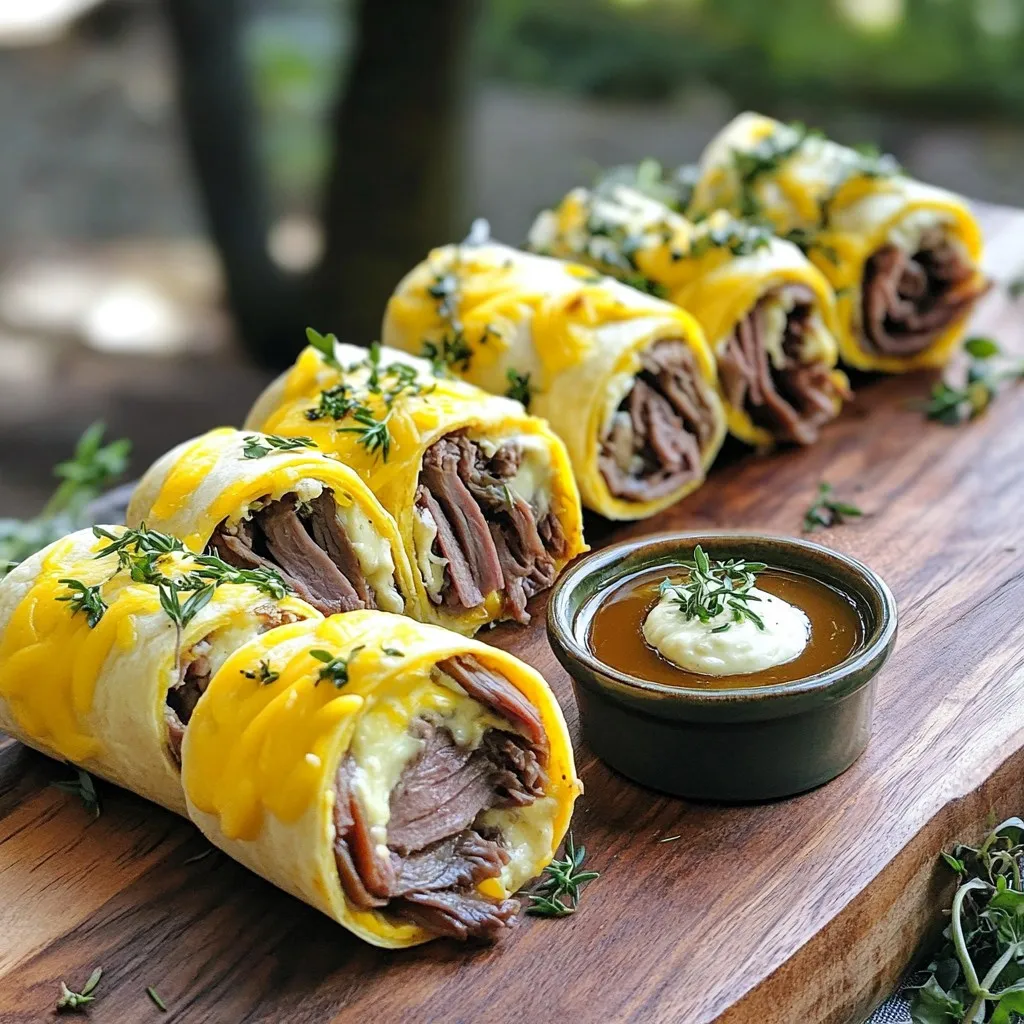 - 4 large flour tortillas - 1 cup roast beef, thinly sliced - 1 cup provolone cheese, shredded - 1/2 cup cream cheese, softened - 1/4 cup mayonnaise - 1 tablespoon Dijon mustard - 1/2 teaspoon garlic powder - 1/2 teaspoon dried thyme - 1/4 teaspoon black pepper First, grab a medium bowl. Combine the cream cheese, mayonnaise, and Dijon mustard. Add garlic powder, dried thyme, and black pepper. Mix until everything blends well. This spread adds a creamy taste to the roll-ups. Now, lay one tortilla flat on a clean surface. Spread a good layer of the cream cheese mix over the tortilla. Evenly place 1/4 cup of sliced roast beef on top. Add 1/4 cup of provolone cheese next. Roll the tortilla tightly from the bottom to the top. Make sure the filling stays inside. Wrap the rolled tortilla in plastic wrap. Place it in the fridge for at least 30 minutes. This helps the roll keep its shape. Repeat the steps with the other tortillas. Once chilled, take the rolls out of the fridge. Slice each roll into bite-sized pieces, about 1-2 inches thick. You can change the meat in these roll-ups. Substitute turkey or chicken for roast beef. This keeps the taste fresh and fun. You can also switch the cheese. Use cheddar or Swiss for a new flavor. Want to add more taste? Try fresh herbs! Mix in parsley or chives to the spread. You can also spice things up. Add paprika or hot sauce for some heat. These little changes can make a big difference. How you serve the roll-ups matters too. Use a rustic wooden board for a nice look. Add some herbs around the platter for a pop of color. Use colorful bowls for the au jus. This adds a fun touch to your snack. You can easily make a vegetarian version of the French dip tortilla roll-ups. Simply replace the roast beef with grilled vegetables or hummus. Grilled zucchini, bell peppers, and mushrooms work great. They add color and flavor. Hummus provides creaminess and pairs well with veggies. This swap keeps the dish tasty while catering to vegetarian diets. If you need a gluten-free option, use gluten-free tortillas. They are widely available and taste great. Just check the label to ensure they meet your dietary needs. With gluten-free tortillas, you can enjoy the same flavors without worry. This change keeps the roll-ups safe for those with gluten sensitivities. You can also change the wrap style. Try using flatbread or pita bread instead of tortillas. Flatbreads create a different texture and can hold more filling. Pita pockets add a fun twist and make it easy to dip. This variation allows you to mix things up while keeping the flavors you love. {{image_2}} Store leftover roll-ups in an airtight container for up to 2 days. This keeps them fresh and tasty. When you want a quick snack, just pull them out. A cold roll-up is still delicious! You can freeze uncut roll-ups for up to a month. To freeze, wrap them tightly in plastic wrap. When you want to eat them, thaw before serving. This way, you have a tasty snack ready anytime! If you want to reheat them, use the oven or microwave. For the oven, set it to 350°F and heat for about 10 minutes. You can also serve them cold as appetizers. They taste great both ways! Each serving of French Dip Tortilla Roll Ups is satisfying and balanced. Here’s a quick look at the numbers: - Calories: 350 - Protein: 20g - Fat: 22g - Carbohydrates: 18g - Fiber: 1g These roll ups provide a good mix of protein and flavor. They can fit well into your meal plan without feeling heavy. You can make these roll ups even healthier. Try using low-fat cream cheese. It cuts calories without losing taste. Whole-grain tortillas are another great choice. They add fiber and nutrients. Both options help you enjoy a tasty snack while keeping it light. For parties, serving sizes matter. Each roll-up can be cut into 1-2 inch pieces. Aim for about 3-4 pieces per person. This way, guests can enjoy without overdoing it. If you plan for lunch, two roll ups per person works well. This portion keeps you full but not stuffed. You can prepare these roll-ups ahead of time. First, make the spread and assemble the roll-ups as directed. After rolling, wrap them tightly in plastic wrap. This keeps them fresh. Store them in the fridge for up to two days. When ready, slice and serve. This method saves time on busy days. Yes, you can easily swap the roast beef. Try using turkey or chicken instead. Both work well in this recipe. If you want a fun twist, use ham for a different flavor. Just ensure the meat is thinly sliced for easy rolling. Au jus is a simple broth made from meat drippings. You can make it at home with beef broth, garlic, and herbs. If you want a quick option, store-bought au jus works too. Just heat it up before serving. Either way, it adds a rich flavor to your roll-ups. This blog post covered a tasty recipe for roll-ups. You learned about the main ingredients, spread, and seasonings to use. I walked you through each step, from preparing the spread to chilling and slicing. You can customize and add flavors for your taste. I also shared storage tips and nutritional breakdowns. Enjoy these easy roll-ups at your next gathering. They’re perfect for sharing and sure to please everyone! Happy cooking!