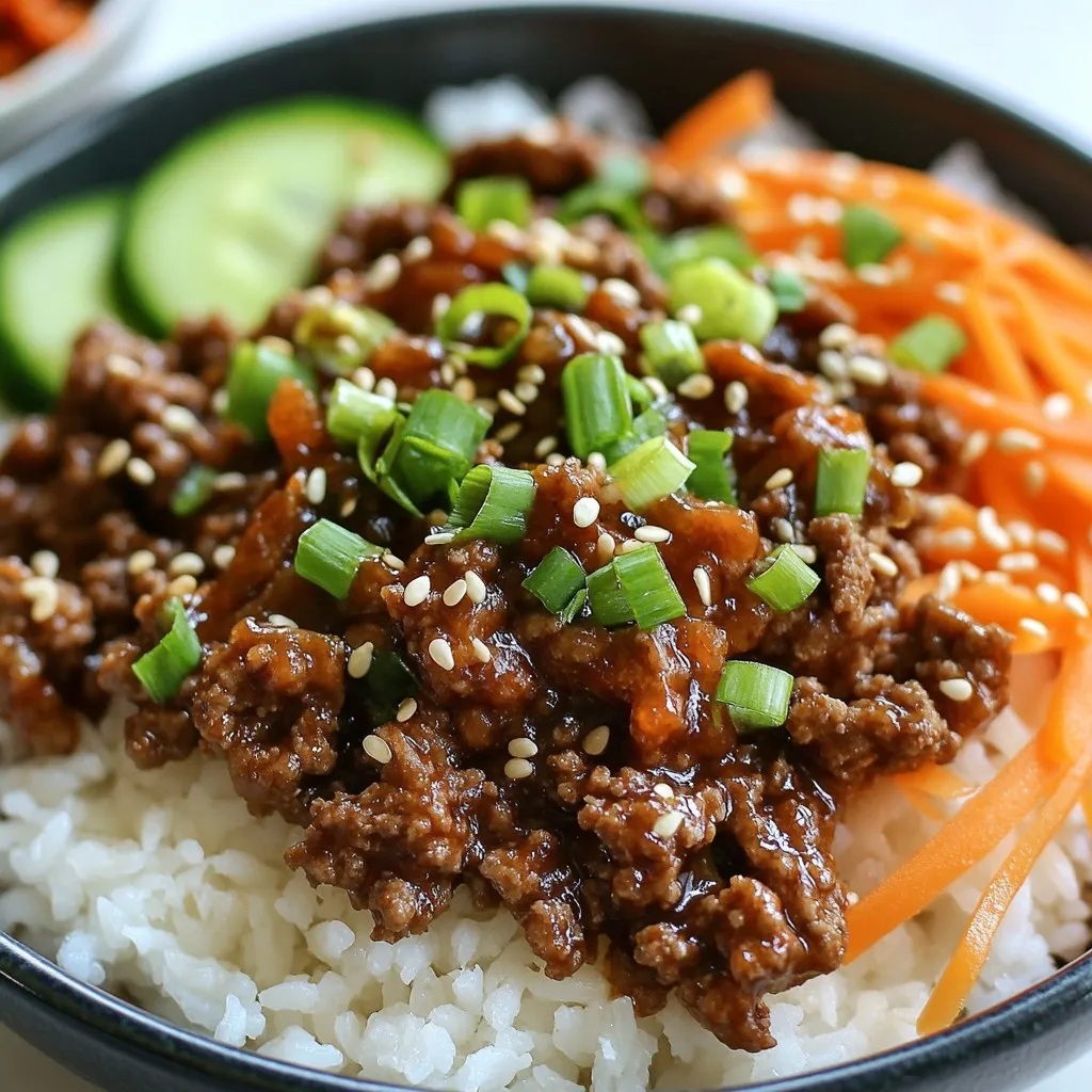 - 1 lb ground beef - 1 tablespoon sesame oil - 3 cloves garlic, minced - 1-inch piece ginger, grated - 1/4 cup soy sauce - 2 tablespoons brown sugar - 1 tablespoon gochujang (Korean chili paste) - 2 green onions, finely chopped - 1 cup shredded carrots - 1 cup cooked jasmine rice - 1 tablespoon sesame seeds for garnish - Salt and pepper to taste The main ingredients make this dish tasty and easy. The ground beef is the star. It cooks fast and absorbs all the flavors well. Sesame oil gives a rich nutty taste. Garlic and ginger add a punch of flavor. They make your kitchen smell amazing as they cook. Soy sauce brings saltiness and depth. Brown sugar balances the salt with a touch of sweetness. Gochujang adds a spicy kick. Adjust this to suit your taste. Green onions add freshness. Shredded carrots not only bring color but also a slight crunch. Jasmine rice is the perfect base for this meal. Finally, sesame seeds add a nice crunch on top. A little salt and pepper finish the dish. - Sliced cucumbers - Kimchi for serving Optional ingredients can make your meal even better. Sliced cucumbers offer a cool crunch. Kimchi adds a spicy, tangy flavor that pairs well. Both can elevate your Korean Ground Beef Bowls. {{ingredient_image_1}} 1. Heat 1 tablespoon of sesame oil in a large skillet over medium heat. 2. Add 3 minced garlic cloves and 1-inch grated ginger. Sauté for about 1 minute. You want it fragrant but not burned. 3. Raise the heat to medium-high and add 1 pound of ground beef. Cook until it turns brown, breaking it apart as it cooks. This should take about 5 to 7 minutes. 4. Drain any excess fat from the beef. Season it with salt and pepper to taste. 1. In a small bowl, mix together 1/4 cup soy sauce, 2 tablespoons brown sugar, and 1 tablespoon gochujang. Stir until combined. 2. Pour this mixture over the browned beef in the skillet. Stir well to coat the beef evenly. 3. Let it simmer for 3 to 4 minutes. This helps the sauce thicken slightly and infuse the beef with flavor. 1. Add 1 cup of shredded carrots and half of the 2 finely chopped green onions to the beef. Stir everything together. 2. Cook for an additional 2 minutes. This softens the carrots a bit while keeping some crunch. 3. Serve the beef mixture over 1 cup of cooked jasmine rice in bowls. 4. Garnish with the remaining green onions and a sprinkle of sesame seeds. For extra crunch, add optional sliced cucumbers and kimchi on the side. - Always use fresh ingredients. Fresh veggies and herbs bring out great taste. - Adjust the gochujang to fit your spice level. Start with a little, then add more. - For browning beef, heat your skillet well. This helps create a nice crust. - Sauté garlic and ginger first. This adds a warm, rich flavor. - Pair these bowls with side dishes like pickled veggies or a simple salad. - Add toppings like sliced cucumbers, kimchi, or extra green onions. They add crunch and flavor. Pro Tips Use lean ground beef: Opt for 85% lean ground beef to reduce excess fat while still maintaining flavor. Customize spice levels: Adjust the amount of gochujang based on your spice tolerance to make the dish milder or spicier. Prep ahead: Make the beef mixture in advance and store it in the fridge, then reheat for a quick meal during busy weeknights. Fresh garnishes matter: Adding fresh green onions and sesame seeds right before serving enhances the dish's flavor and presentation. {{image_2}} You can switch up the protein in your Korean Ground Beef Bowls. Ground turkey or chicken works great. These options are leaner but still tasty. If you want a vegetarian dish, try using tofu. Firm tofu absorbs flavors well. Simply crumble it and cook it like the beef. You can change the flavor by adding different vegetables. Try bell peppers, snap peas, or spinach. Each adds color and crunch. You can also experiment with sauces or spices. For a sweeter taste, add more brown sugar. If you like heat, increase the gochujang. You can enjoy these bowls in different ways. Serve them in bowls, or use lettuce wraps for a fun twist. This makes for a low-carb option. For meal prep, make a big batch. Store the beef mixture and rice separately. This helps keep everything fresh and tasty throughout the week. To store leftovers, let the beef cool first. Use airtight containers to keep it fresh. I recommend glass or BPA-free plastic containers. They help keep flavors intact and prevent spills. Store in the fridge for up to three days. For reheating, I suggest using the stovetop. Heat in a skillet over medium heat until warm. Stir it often to avoid burning. This usually takes about 5–7 minutes. You can also use the microwave. Heat it in short bursts of 30 seconds, stirring in between. This keeps the beef juicy. If you want to freeze, cool the beef completely first. Place it in freezer-safe bags or containers. Remove as much air as possible to prevent freezer burn. It can last in the freezer for about three months. For thawing, move it to the fridge overnight. You can also use a microwave for quick thawing. Just remember to cook it immediately after thawing. It takes about 10 minutes to prep and 20 minutes to cook. In total, you will spend around 30 minutes making this meal. It’s fast and easy, perfect for a busy weeknight. Yes, you can! Ground turkey or chicken work well in this recipe. If you want a plant-based option, try using crumbled tofu or tempeh. Just adjust the cooking time if needed. Store any leftovers in an airtight container. Keep them in the fridge for up to three days. To maintain freshness, let the meal cool before sealing it. Korean Ground Beef Bowls are simple and tasty. We covered the main ingredients, like ground beef and veggies, plus optional additions like kimchi. I explained how to prepare the beef, bring in flavor, and assemble your meal. You learned handy tips for better taste and cooking methods. We also discussed variations and storage ideas. Enjoy creating your own delicious bowls, using what you have on hand. Just remember to experiment and make it your own!