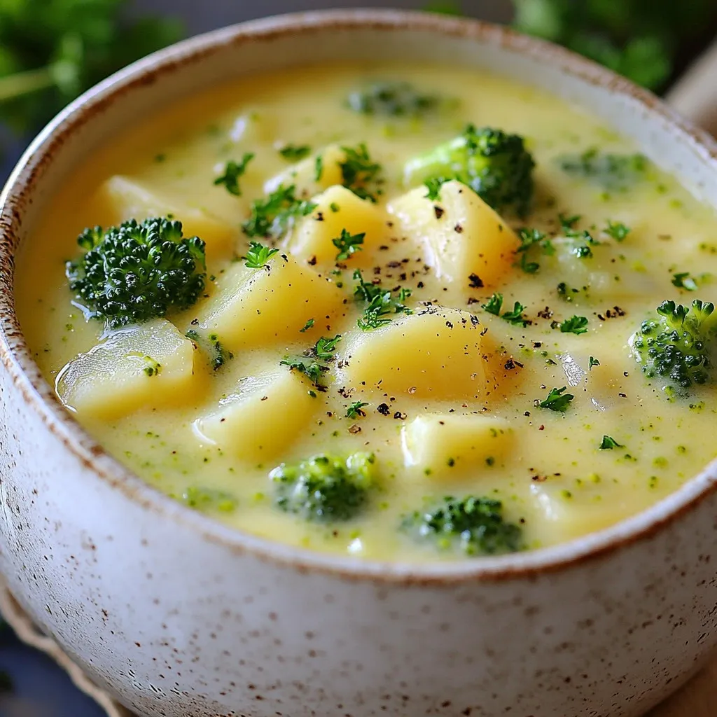 - 2 cups broccoli florets - 2 large potatoes, peeled and diced - 1 medium onion, chopped - 2 cloves garlic, minced - 4 cups vegetable broth - 1 cup milk or dairy-free alternative - 2 cups shredded sharp cheddar cheese - 2 tablespoons olive oil - 1 teaspoon thyme - Salt and pepper to taste - Fresh parsley for garnish (optional) In this recipe, I use fresh broccoli. It gives the soup a vibrant color and great taste. The potatoes add a creamy texture, while the cheese brings in richness. I recommend sharp cheddar for a bold flavor, but you can choose your favorite cheese. You may notice I include thyme in the list. It adds a warm, earthy note that pairs well with the other ingredients. Don’t skimp on the garlic and onion; they create a savory base that makes the soup so comforting. Feel free to adjust the milk according to your preference. If you want a dairy-free soup, use almond or oat milk instead. The fresh parsley is optional but adds a lovely touch when you serve the soup. This mix of ingredients creates a hearty, satisfying bowl of broccoli potato cheese soup that warms the soul on any day. {{ingredient_image_1}} - Heat 2 tablespoons of olive oil in a large pot over medium heat. - Add 1 medium chopped onion and sauté until it turns translucent, about 5 minutes. - Next, add 2 cloves of minced garlic. Cook for another minute until it smells great. - Stir in 2 large diced potatoes and 4 cups of vegetable broth. - Bring the mixture to a boil. Lower the heat and let it simmer for about 10 minutes. - Cook until the potatoes become tender. - Now, add 2 cups of broccoli florets and 1 teaspoon of thyme to the pot. - Cook for 5 to 7 minutes until the broccoli stays bright green and tender. - Using an immersion blender, blend the soup until smooth. If you don’t have one, be careful with transfers to a blender. - Return the blended soup to the pot and stir in 1 cup of milk. - Heat the soup on low before adding 2 cups of shredded sharp cheddar cheese. - Gradually mix in the cheese until it melts and the soup is creamy. - Finally, season with salt and pepper to taste. Adjust thickness as needed with water or broth. To get a smooth texture in your soup, use an immersion blender. This tool blends the soup right in the pot. If you do not have one, pour the soup into a regular blender. Blend it in small batches to avoid spills. For a thicker soup, add less broth or water. If you want it thinner, stir in more broth until you reach your preferred consistency. To boost flavor, try adding spices like garlic powder or smoked paprika. Fresh herbs like basil or chives also add a nice touch. For toppings, consider crispy bacon bits or a dollop of sour cream. You can switch up the cheese, too. Use gouda for a smoky taste or pepper jack for a kick. Adjust the cheese to find the flavors you love best! Pro Tips Use Fresh Ingredients: Fresh broccoli and potatoes will enhance the flavor and texture of your soup significantly. Look for vibrant green broccoli and firm, smooth potatoes for the best results. Adjust Creaminess: For a creamier soup, add more cheese or use heavy cream instead of milk. You can also blend in a few extra potatoes for added thickness. Spice It Up: If you want to add a little heat, consider adding a pinch of red pepper flakes or a few dashes of hot sauce to the soup for a flavorful kick. Storage Tips: This soup can be stored in the refrigerator for up to 3 days. Reheat on the stove and add a splash of broth or milk to restore its creamy consistency. {{image_2}} If you want a dairy-free soup, you have great choices. Use almond milk or oat milk instead of regular milk. For cheese, try a non-dairy cheese. Look for brands made from nuts or soy. They melt well and give a nice flavor. Feel free to add other veggies to your soup. Carrots and cauliflower work great. They add color and crunch. You can also mix in cooked chicken or crispy bacon for added protein. Both options make the soup heartier and more satisfying. Use what you have on hand, and get creative. To keep your broccoli potato cheese soup fresh, you have two main options. First, let the soup cool to room temperature. Then, pour it into an airtight container. You can store it in the fridge for up to three days. If you want to keep it longer, freezing is a great choice. Just make sure to leave some space in the container, as soup expands when frozen. It can last up to three months in the freezer. When you're ready to eat it, just thaw it in the fridge overnight. For the best flavor when reheating, use the stove. Pour the soup into a pot and heat it over low to medium heat. Stir it often to prevent sticking. This way, you keep the creamy texture. If you need to use a microwave, transfer the soup to a microwave-safe bowl. Heat in short bursts of one to two minutes, stirring in between. This helps the soup heat evenly. Always taste before serving to check if it needs more seasoning. Yes, you can use fresh broccoli instead of frozen. Fresh broccoli has a bright flavor and a nice crunch. It adds a fresh taste to your soup. Make sure to wash and cut it into small florets. You will want to add fresh broccoli to the pot later than frozen since it cooks faster. This way, it stays bright green and tender but not mushy. You can make this soup vegan with a few easy swaps. First, replace the milk with a plant-based milk like almond or oat milk. For cheese, use a dairy-free cheese that melts well. You can also skip the cheese entirely and add nutritional yeast for a cheesy flavor. Lastly, check that your vegetable broth is vegan too. These changes keep the soup creamy and full of flavor without using animal products. The best cheese for this soup is sharp cheddar. It gives a rich flavor that pairs well with broccoli and potatoes. Other good choices include Gruyère or Monterey Jack for a milder taste. If you want a stronger kick, try adding a bit of blue cheese. Each cheese adds its unique flavor, so feel free to mix and match to find your favorite blend. This article shares a simple recipe for broccoli potato cheese soup. You learned about the key ingredients, cooking steps, and tips for perfecting your soup. We also explored tasty variations and storage methods. Now, you can enjoy this comforting dish any time. Customize it to fit your taste and dietary needs. Happy cooking!