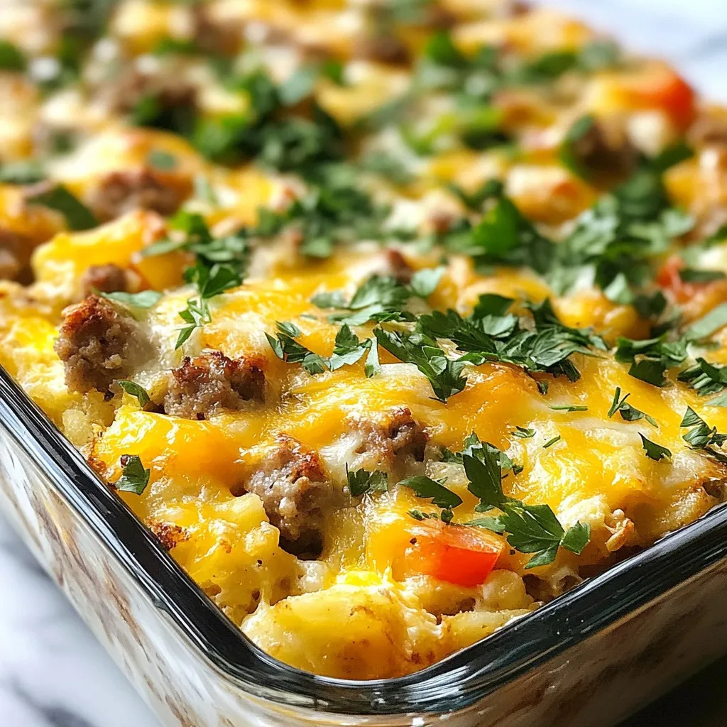 - Eggs, milk, and hash browns For this dish, you need 8 large eggs and 1 cup of milk. These ingredients give the casserole a fluffy and creamy texture. You also need 2 cups of thawed frozen hash browns. They form a tasty base that holds it all together. - Sausage, cheese, and vegetables You will want 1 cup of cooked and crumbled breakfast sausage. This adds great flavor and protein. Next, use 1 cup of shredded cheddar cheese for a rich taste. Don't forget the veggies! 1 cup of chopped bell peppers and 1 small diced onion add color and crunch. - Seasonings and garnish Season your dish with 1 teaspoon of garlic powder and 1 teaspoon of paprika for warmth. Add salt and pepper to taste. Finally, fresh parsley, chopped, makes a lovely garnish. It adds a touch of color and freshness to your casserole. These ingredients work together to create a hearty and delicious breakfast casserole. Each bite is full of flavor and comfort. {{ingredient_image_1}} 1. Preheating the oven and greasing the baking dish First, set your oven to 350°F (175°C). This will make sure the casserole cooks evenly. Next, grease a 9x13 inch baking dish. You can use butter or cooking spray. This step helps with easy serving later. 2. Mixing eggs and milk with seasonings In a large bowl, whisk together 8 large eggs and 1 cup of milk. Make sure they blend well. Add in 1 teaspoon of garlic powder, 1 teaspoon of paprika, and salt and pepper to taste. These seasonings pack a lot of flavor into the dish. 3. Layering ingredients in the baking dish Start with 2 cups of thawed hash browns. Spread them evenly at the bottom of the greased dish. Next, layer 1 cup of cooked and crumbled breakfast sausage on top. Add 1 small diced onion and 1 cup of chopped bell peppers. These colorful veggies make the casserole look great and taste better. 1. Pouring egg mixture and adding cheese Now, pour your egg and milk mixture over the layered ingredients. Make sure it covers everything. Then, sprinkle 1 cup of shredded cheddar cheese evenly on top. This cheese will melt and create a tasty crust. 2. Baking time and temperature tips Place the dish in your preheated oven. Bake for 35-40 minutes. Keep an eye on it. You want the eggs to set and the cheese to turn golden brown. 3. Checking for doneness To check if it’s done, insert a knife into the center. If it comes out clean, the casserole is ready. Let it cool for a few minutes before slicing into squares. This helps it hold its shape. To ensure even cooking, spread the hash browns in a single layer. This helps them crisp up nicely. I like to use frozen hash browns for ease, but you can also grate fresh potatoes. If you do use fresh, soak them in water first to remove some starch. For the sausage, I recommend using a high-quality brand like Johnsonville or Jimmy Dean. They offer great flavor and cook well in this dish. Fresh ingredients make a big difference in taste. Always opt for fresh bell peppers and onions when possible. They add vibrant color and crunch. This casserole pairs well with fresh fruit or a light salad. You can also serve it with toast or muffins for a hearty breakfast. To slice the casserole, use a sharp knife and cut it when it’s slightly cool. This helps keep the pieces intact. For presentation, place the casserole on a colorful platter. Sprinkle some fresh parsley on top for a pop of color. You could also add avocado slices or a dollop of sour cream on the side for an extra touch. Pro Tips Use Fresh Ingredients: Opt for freshly chopped vegetables and high-quality sausage for the best flavor and texture. Customize Your Cheese: Feel free to mix different types of cheese like pepper jack or mozzarella for a unique twist. Make It Ahead: Prepare the casserole the night before and refrigerate it. Just pop it in the oven in the morning for a quick breakfast. Check for Doneness: Use a toothpick to test the center; it should come out clean when the casserole is done baking. {{image_2}} - Vegetarian or meat alternatives: You can swap out the sausage for black beans or mushrooms. These add great texture and flavor. If you want a meat-like taste, try using plant-based sausage. - Dairy-free options: For a dairy-free version, use almond or oat milk. You can also choose dairy-free cheese. They melt well and taste great in the casserole. - Spice and herb variations: Feel free to play with spices. Try adding chili powder for heat or Italian herbs for a different flavor. Fresh herbs like basil or cilantro can brighten up the dish. - Breakfast burritos or wraps: You can turn this casserole into burritos. Just scoop some into a tortilla, add salsa, and roll it up for a tasty breakfast on the go. - Casserole for brunch parties: This dish is perfect for brunch. Just make a big batch and serve it hot. Guests will love it! Pair it with fruit or pastries for a complete meal. - Make-ahead and freezer-friendly options: This casserole stores well. You can prep it the night before and bake it in the morning. It also freezes nicely. Just wrap it tightly and store it for later. When ready, bake from frozen or thaw first. To store your leftovers, let the casserole cool completely. Use a large knife to cut it into squares. Place the squares in airtight containers. This keeps them fresh. You can also wrap each square tightly in plastic wrap. Store the containers in the fridge. They will last for about three to four days. To reheat, the best method is using an oven. Preheat your oven to 350°F (175°C). Place the squares in a baking dish. Cover the dish with foil. Heat for about 15 to 20 minutes. This method helps keep the texture nice. You can also use a microwave. Heat each square for one to two minutes. Check to make sure they are warm all the way through. Yes, you can make your Crack Breakfast Casserole ahead of time. Prepare it the night before, cover it, and store it in the fridge. In the morning, just bake it as directed. This saves time and makes breakfast easy. You can customize this casserole in many ways. Try different meats like bacon or ham. You can also swap out the cheddar cheese for mozzarella or pepper jack. Adding spinach or mushrooms boosts nutrition and flavor. Mix and match to your taste! Yes, you can freeze the casserole. After baking, let it cool completely. Then, cut it into squares and wrap each piece in plastic wrap. Store them in a freezer-safe bag. When ready to eat, thaw overnight in the fridge before reheating. This post covers all you need to know about a tasty breakfast casserole. You learned about key ingredients and how to layer them. I shared tips for cooking and serving, plus variations to keep meals exciting. Don't forget, leftovers can be stored and enjoyed later! Now, enjoy making this dish your own. With simple swaps and tweaks, it will fit your taste perfectly. Happy cooking!