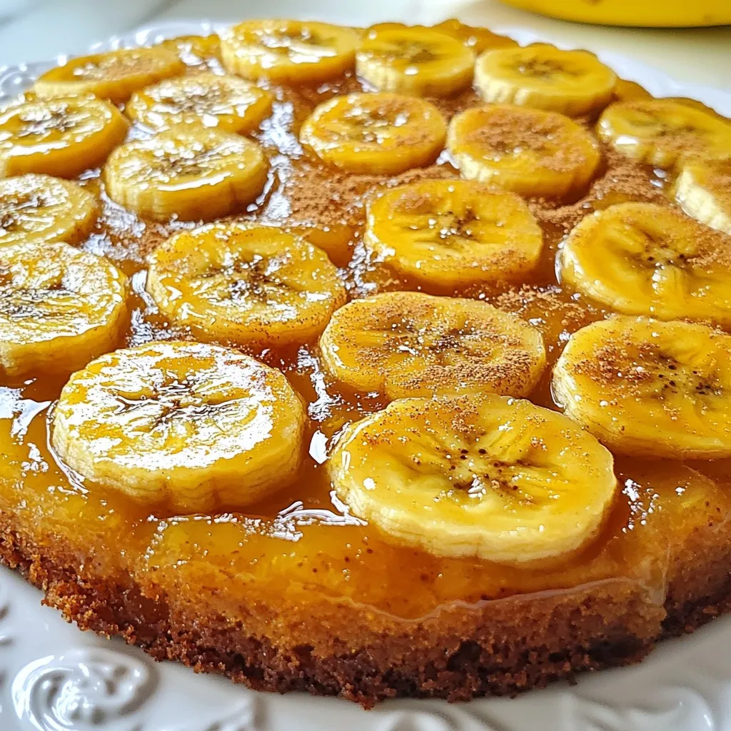- 3 ripe bananas, sliced - 1/4 cup brown sugar - 1/4 cup unsalted butter - 1 cup all-purpose flour - 1 tsp baking powder - 1/2 tsp baking soda - 1/4 tsp salt - 1/2 cup granulated sugar - 1 large egg - 1/4 cup milk - 1 tsp vanilla extract - 1/2 tsp ground cinnamon - Optional: Whipped cream or vanilla ice cream for serving For this cake, ripe bananas are key. They add natural sweetness and moisture. Look for bananas with brown spots for the best flavor. The brown sugar and butter mixture makes a rich, gooey base. This helps the cake stay moist and gives it a sweet topping when you flip it over. The cake batter is simple yet tasty. It uses all-purpose flour, baking powder, baking soda, and salt for structure. Granulated sugar adds more sweetness. The egg binds the ingredients, while milk and vanilla make it rich. Ground cinnamon adds warmth and depth to the flavor. These ingredients come together to create a delightful dessert. You can enjoy this cake warm or at room temperature. Top it with whipped cream or vanilla ice cream for a special treat! {{ingredient_image_1}} 1. Preheat and Prepare the Cake Pan Set your oven to 350°F (175°C). Grab a 9-inch round cake pan and grease it with cooking spray or butter. This step helps the cake slide out easily later. 2. Make the Topping with Brown Sugar and Butter In a small pot, melt 1/4 cup of unsalted butter and 1/4 cup of brown sugar over low heat. Stir until it bubbles. Pour this mix into your cake pan. Spread it evenly across the bottom. 3. Mixing the Cake Batter In a medium bowl, whisk together 1 cup of all-purpose flour, 1 teaspoon of baking powder, 1/2 teaspoon of baking soda, 1/4 teaspoon of salt, and 1/2 teaspoon of ground cinnamon. In another bowl, beat 1/2 cup of granulated sugar with 1 large egg until light. Mix in 1/4 cup of milk and 1 teaspoon of vanilla extract. Slowly add the dry mix to the wet mix. Stir gently, just until combined. 1. Pouring the Batter Over Bananas Arrange 3 sliced bananas in a circular pattern over the brown sugar mixture in the pan. Then pour the cake batter over the bananas. Spread it out evenly. 2. Baking Time and Temperature Place the cake pan in your preheated oven. Bake for 30 to 35 minutes. You can check if it’s done by inserting a toothpick into the center. If it comes out clean, it’s ready. 3. Cooling and Inverting the Cake Once baked, take the cake out and let it cool in the pan for about 10 minutes. To flip it, place a serving plate over the pan and turn it upside down. Gently lift the pan off. Now, you can see the lovely banana topping. Let it cool completely before slicing. Avoiding Overmixing Mixing the batter is easy, but don’t mix too much. When you combine wet and dry, stop when you see no flour. Overmixing can make the cake tough. A little lumpy batter is okay. It keeps your cake light and fluffy. Ensuring Even Baking For even baking, make sure your oven is at the right temperature. Preheat it to 350°F (175°C). Place the cake pan in the center of the oven. This helps hot air circulate around the cake. Check it at 30 minutes. A toothpick should come out clean when it’s done. Garnishing Ideas To make your cake look great, sprinkle a bit of cinnamon on top. You can also add extra banana slices for color. This small touch makes the cake more appealing. Serving Suggestions with Ice Cream or Whipped Cream Serve your cake warm or at room temperature. Adding a scoop of vanilla ice cream or a dollop of whipped cream makes it special. The cold cream balances the warm cake. Enjoy this treat with family or friends for a happy moment. Pro Tips Use Overripe Bananas: The sweeter and softer the bananas, the better the flavor and texture of your cake. Look for bananas with brown spots for optimal sweetness. Don’t Overmix: When combining the wet and dry ingredients, mix just until incorporated. Overmixing can lead to a tough cake instead of a tender one. Cool Before Inverting: Allow the cake to cool for at least 10 minutes before inverting. This helps the caramelized bananas to set and prevents them from sticking to the pan. Perfect Serving Suggestions: Serve warm with a scoop of vanilla ice cream or a dollop of whipped cream to enhance the flavors and add creaminess. {{image_2}} You can add more flavors to your banana upside-down cake. One great way is by adding nuts or chocolate chips. Chopped walnuts or pecans add a nice crunch. Just fold in about half a cup of nuts before pouring the batter. If you love chocolate, mix in a half cup of chocolate chips for a sweet twist. You can also use other fruits. Pineapple slices work well and give a tropical taste. Try peaches or berries for a fruity mix. Just keep the same baking method and arrange them like the bananas. For gluten-free options, swap all-purpose flour with a gluten-free flour blend. Make sure the blend has a good mix of starches and fibers for the best texture. You might also need to add a bit of xanthan gum to help with the cake’s structure. If you want a vegan version, replace the egg with a flax egg. Mix one tablespoon of ground flaxseed with three tablespoons of water. Let it sit for a few minutes until it thickens. You can also use almond milk or oat milk instead of regular milk. - Best Storage Practices: To store your leftover banana upside-down cake, place it in an airtight container. You can also cover it well with plastic wrap. This keeps the cake moist and fresh. Avoid stacking other items on top of it. - Recommended Duration: The cake stays good for about 3 to 4 days at room temperature. If you want to extend its life, you can refrigerate it. In the fridge, it can last up to a week. - Methods for Keeping the Cake Moist: To reheat, use the microwave. Heat a slice for about 15-20 seconds. This warms it without drying it out. You can also place it in the oven at 350°F (175°C) for about 10 minutes. Cover it with foil to keep it moist. - Serving Leftovers: Serve reheated cake warm. Add a dollop of whipped cream or a scoop of vanilla ice cream on top for a tasty treat. Enjoy it as an easy dessert or snack! Can I use other fruits for the topping? Yes, you can use other fruits! Pineapples and peaches work great. Just slice them thinly. Make sure the fruit is ripe for the best flavor. How do I know when the cake is done baking? To check if the cake is done, use a toothpick. Insert it in the center. If it comes out clean, the cake is ready. If it has wet batter, bake a few more minutes. What can I substitute for eggs in the recipe? You can use applesauce or mashed bananas as an egg substitute. Use 1/4 cup of either for each egg. This keeps the cake moist and tasty. In this blog post, we explored the yummy world of banana upside-down cake. You learned about its main ingredients, how to make it, and tips for perfecting the cake. We also discussed fun variations and how to store and reheat leftovers. This cake is not just delicious; it’s also flexible. Feel free to customize it with your favorite fruits or dietary choices. With this guide, you now have all the tools to bake a tasty treat that will impress everyone! Enjoy making your cake!