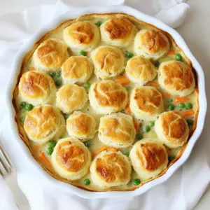 - 2 cups cooked chicken, shredded - 1 cup carrots, diced - 1 cup frozen peas - 1 cup celery, diced - 1 medium onion, chopped - 3 tablespoons butter - 3 tablespoons all-purpose flour - 2 cups chicken broth - 1 cup whole milk - 1 teaspoon garlic powder - 1 teaspoon dried thyme - Salt and pepper to taste - 1 can refrigerated biscuit dough - Fresh herbs (parsley, rosemary) - Additional vegetables (potatoes, corn) - Cheese (cheddar or mozzarella) To make the best biscuit-top chicken pot pie, gather these key ingredients. I love using fresh chicken for a rich flavor. Shred it into bite-sized pieces. Diced carrots, peas, and celery add color and crunch. The onion brings a sweet taste when cooked. Butter and flour create the roux, which thickens the filling. Chicken broth and milk help make it creamy. Garlic powder and thyme add depth to the dish. Lastly, salt and pepper bring all the flavors together. For extra flavor, you can add fresh herbs like parsley or rosemary. If you want more veggies, try adding potatoes or corn. A sprinkle of cheese on top makes it even more tasty. These ingredients work together to create a warm, comforting dish that feels like a hug on a plate. {{ingredient_image_1}} To start, you need to shred the chicken. This gives the pot pie a nice texture. I use cooked chicken, which makes it quick. You can use leftovers or store-bought rotisserie chicken. Just be sure to pull it apart into small pieces. Next, you need to dice your vegetables. For this recipe, we use carrots, celery, and onion. I like to cut them into small bits. This helps them cook evenly and blend well in the filling. Now it's time to cook the filling. First, melt three tablespoons of butter in a skillet over medium heat. When the butter is bubbling, add the chopped onion, carrots, and celery. Sauté these for about five to seven minutes. You want them soft but not mushy. Next, it's time to create the roux. Sprinkle in three tablespoons of flour. Stir it for one minute. This will help thicken your filling later. Then, slowly whisk in two cups of chicken broth and one cup of whole milk. Keep stirring until there are no lumps. Let it cook for about three to five minutes. The mixture should thicken nicely. Now, add in the shredded chicken, one cup of frozen peas, one teaspoon of garlic powder, one teaspoon of dried thyme, and salt and pepper to taste. Mix it all well and take it off the heat. Pour the chicken mixture into a nine-inch pie dish. You want it to be evenly spread. Now, open the can of refrigerated biscuit dough. Separate the biscuits and arrange them on top of the chicken. Slightly overlap them for a nice look. Bake in the preheated oven at 425°F for 20 to 25 minutes. You want the biscuits to turn golden brown and be cooked through. After baking, let the pot pie cool for a few minutes. Then, it’s ready to serve! Choosing the right biscuit dough is key. I recommend using refrigerated dough. It saves time and still tastes great. Look for a brand that has a flaky texture. This helps create a nice rise when baking. To achieve golden biscuits, follow these tips: - Brush the tops with melted butter or milk before baking. - Bake at the right temperature. Set your oven to 425°F (220°C). - Do not crowd the biscuits; leave space for them to expand. Seasoning is crucial for a tasty filling. Use salt and pepper to enhance the flavors. Add garlic powder and dried thyme for more depth. You can also include fresh herbs if you have them. They bring a bright taste. When it comes to broth, you have options. Homemade broth gives great flavor. If you're short on time, store-bought works well too. Just choose a low-sodium version. This way, you can control the saltiness of your dish. Every oven is different. You may need to adjust cooking times. Keep an eye on your pot pie. It should bake for 20-25 minutes. If your biscuits are not golden after 25 minutes, let it bake a bit longer. To know when the dish is done, look for these signs: - The biscuits should be golden brown. - The filling should bubble around the edges. - A knife inserted should come out clean. Pro Tips Use Rotisserie Chicken: For a quicker option, use store-bought rotisserie chicken to save time on cooking and shredding. Customize Veggies: Feel free to add or substitute your favorite vegetables like corn, green beans, or bell peppers for a personal touch. Make it Creamier: For an extra creamy filling, add a splash of heavy cream or sour cream to the chicken mixture before baking. Check Biscuit Doneness: If the biscuits are browning too quickly, cover the pot pie with aluminum foil for the last few minutes of baking. {{image_2}} You can switch the chicken for other proteins. Try using turkey for a holiday twist. Ground beef also works well, giving a hearty flavor. If you want a meatless option, lentils are a great choice. They add protein and texture. You can use 1 cup of cooked lentils in place of chicken. This keeps your pot pie filling and satisfying. For a veggie version, swap the chicken for plant-based alternatives. You can use 2 cups of your favorite vegetables. Good options include mushrooms, zucchini, or bell peppers. A mix of carrots, peas, and corn also adds color. I love adding spinach for a burst of green. This way, your pot pie remains rich and tasty without meat. If you want a Southern-style pot pie, add some spices. A pinch of cayenne pepper or paprika gives it a nice kick. You can also use fresh herbs like parsley or thyme for extra flavor. For a gourmet twist, include creamy mushrooms. Sauté 1 cup of sliced mushrooms in butter before adding them to the filling. This adds depth and richness to your dish. To keep your biscuit-top chicken pot pie fresh, store it in the fridge. Place leftovers in an airtight container. This helps keep moisture in and prevents odors from other foods. Use glass or plastic containers with tight lids. They fit well in your fridge. When it’s time to eat again, you want your pot pie warm and tasty. The best way to reheat is in the oven. Preheat the oven to 350°F (175°C). Cover the dish with foil for even heating. Bake for about 15-20 minutes. This keeps the biscuits nice and crisp. If you use a microwave, heat in short bursts. Check every minute. The texture may not be as good as oven reheating. You can freeze your pot pie if you want to save it for later. You can freeze it before or after baking. If freezing before baking, wrap the dish tightly in plastic wrap and then foil. This helps prevent freezer burn. To freeze after baking, let it cool completely first. Then, wrap it well in plastic wrap. Store it in a freezer-safe container. To thaw, place the frozen pot pie in the fridge overnight. This helps it thaw slowly and evenly. If you’re in a hurry, you can thaw it in the microwave. Just be careful to not heat it too much. Yes, you can use frozen chicken. Just make sure to cook it first. You can boil or bake it until fully cooked. Shred it before adding it to the filling. This method saves time and works well. To thicken the filling, add more flour when making the roux. You can also cook it longer. Stir it often to prevent lumps. If it’s still too runny, try adding cornstarch mixed with water. This will help it set up nicely. If you can’t find biscuit dough, use puff pastry or homemade biscuit dough. You can also use croissants for a flaky topping. Just cut them into pieces and place them on top before baking. Leftover chicken pot pie lasts about 3 to 4 days in the fridge. Store it in an airtight container. This keeps it fresh and tasty for your next meal. Yes, you can make this dish in advance. Prepare the filling and store it in the fridge. You can also assemble the pie and keep it unbaked. Just bake it when you're ready to eat. This way, you have a warm meal ready in no time. This blog post covered a delicious chicken pot pie recipe, detailing ingredients, steps, and tips. You learned how to prep your filling, achieve the perfect biscuit topping, and explore variations. Storing leftovers and reheating were also discussed for your convenience. Embrace your creativity in the kitchen. Experiment with flavors, and enjoy the warm comfort of your homemade pot pie. Remember, cooking should be fun and rewarding!