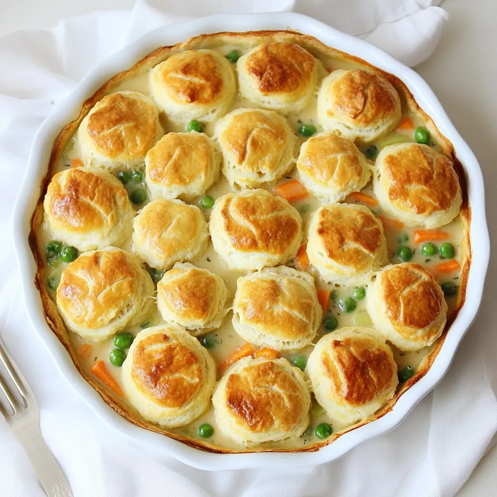 - 2 cups cooked chicken, shredded - 1 cup carrots, diced - 1 cup frozen peas - 1 cup celery, diced - 1 medium onion, chopped - 3 tablespoons butter - 3 tablespoons all-purpose flour - 2 cups chicken broth - 1 cup whole milk - 1 teaspoon garlic powder - 1 teaspoon dried thyme - Salt and pepper to taste - 1 can refrigerated biscuit dough - Fresh herbs (parsley, rosemary) - Additional vegetables (potatoes, corn) - Cheese (cheddar or mozzarella) To make the best biscuit-top chicken pot pie, gather these key ingredients. I love using fresh chicken for a rich flavor. Shred it into bite-sized pieces. Diced carrots, peas, and celery add color and crunch. The onion brings a sweet taste when cooked. Butter and flour create the roux, which thickens the filling. Chicken broth and milk help make it creamy. Garlic powder and thyme add depth to the dish. Lastly, salt and pepper bring all the flavors together. For extra flavor, you can add fresh herbs like parsley or rosemary. If you want more veggies, try adding potatoes or corn. A sprinkle of cheese on top makes it even more tasty. These ingredients work together to create a warm, comforting dish that feels like a hug on a plate. {{ingredient_image_1}} To start, you need to shred the chicken. This gives the pot pie a nice texture. I use cooked chicken, which makes it quick. You can use leftovers or store-bought rotisserie chicken. Just be sure to pull it apart into small pieces. Next, you need to dice your vegetables. For this recipe, we use carrots, celery, and onion. I like to cut them into small bits. This helps them cook evenly and blend well in the filling. Now it's time to cook the filling. First, melt three tablespoons of butter in a skillet over medium heat. When the butter is bubbling, add the chopped onion, carrots, and celery. Sauté these for about five to seven minutes. You want them soft but not mushy. Next, it's time to create the roux. Sprinkle in three tablespoons of flour. Stir it for one minute. This will help thicken your filling later. Then, slowly whisk in two cups of chicken broth and one cup of whole milk. Keep stirring until there are no lumps. Let it cook for about three to five minutes. The mixture should thicken nicely. Now, add in the shredded chicken, one cup of frozen peas, one teaspoon of garlic powder, one teaspoon of dried thyme, and salt and pepper to taste. Mix it all well and take it off the heat. Pour the chicken mixture into a nine-inch pie dish. You want it to be evenly spread. Now, open the can of refrigerated biscuit dough. Separate the biscuits and arrange them on top of the chicken. Slightly overlap them for a nice look. Bake in the preheated oven at 425°F for 20 to 25 minutes. You want the biscuits to turn golden brown and be cooked through. After baking, let the pot pie cool for a few minutes. Then, it’s ready to serve! Choosing the right biscuit dough is key. I recommend using refrigerated dough. It saves time and still tastes great. Look for a brand that has a flaky texture. This helps create a nice rise when baking. To achieve golden biscuits, follow these tips: - Brush the tops with melted butter or milk before baking. - Bake at the right temperature. Set your oven to 425°F (220°C). - Do not crowd the biscuits; leave space for them to expand. Seasoning is crucial for a tasty filling. Use salt and pepper to enhance the flavors. Add garlic powder and dried thyme for more depth. You can also include fresh herbs if you have them. They bring a bright taste. When it comes to broth, you have options. Homemade broth gives great flavor. If you're short on time, store-bought works well too. Just choose a low-sodium version. This way, you can control the saltiness of your dish. Every oven is different. You may need to adjust cooking times. Keep an eye on your pot pie. It should bake for 20-25 minutes. If your biscuits are not golden after 25 minutes, let it bake a bit longer. To know when the dish is done, look for these signs: - The biscuits should be golden brown. - The filling should bubble around the edges. - A knife inserted should come out clean. Pro Tips Use Rotisserie Chicken: For a quicker option, use store-bought rotisserie chicken to save time on cooking and shredding. Customize Veggies: Feel free to add or substitute your favorite vegetables like corn, green beans, or bell peppers for a personal touch. Make it Creamier: For an extra creamy filling, add a splash of heavy cream or sour cream to the chicken mixture before baking. Check Biscuit Doneness: If the biscuits are browning too quickly, cover the pot pie with aluminum foil for the last few minutes of baking. {{image_2}} You can switch the chicken for other proteins. Try using turkey for a holiday twist. Ground beef also works well, giving a hearty flavor. If you want a meatless option, lentils are a great choice. They add protein and texture. You can use 1 cup of cooked lentils in place of chicken. This keeps your pot pie filling and satisfying. For a veggie version, swap the chicken for plant-based alternatives. You can use 2 cups of your favorite vegetables. Good options include mushrooms, zucchini, or bell peppers. A mix of carrots, peas, and corn also adds color. I love adding spinach for a burst of green. This way, your pot pie remains rich and tasty without meat. If you want a Southern-style pot pie, add some spices. A pinch of cayenne pepper or paprika gives it a nice kick. You can also use fresh herbs like parsley or thyme for extra flavor. For a gourmet twist, include creamy mushrooms. Sauté 1 cup of sliced mushrooms in butter before adding them to the filling. This adds depth and richness to your dish. To keep your biscuit-top chicken pot pie fresh, store it in the fridge. Place leftovers in an airtight container. This helps keep moisture in and prevents odors from other foods. Use glass or plastic containers with tight lids. They fit well in your fridge. When it’s time to eat again, you want your pot pie warm and tasty. The best way to reheat is in the oven. Preheat the oven to 350°F (175°C). Cover the dish with foil for even heating. Bake for about 15-20 minutes. This keeps the biscuits nice and crisp. If you use a microwave, heat in short bursts. Check every minute. The texture may not be as good as oven reheating. You can freeze your pot pie if you want to save it for later. You can freeze it before or after baking. If freezing before baking, wrap the dish tightly in plastic wrap and then foil. This helps prevent freezer burn. To freeze after baking, let it cool completely first. Then, wrap it well in plastic wrap. Store it in a freezer-safe container. To thaw, place the frozen pot pie in the fridge overnight. This helps it thaw slowly and evenly. If you’re in a hurry, you can thaw it in the microwave. Just be careful to not heat it too much. Yes, you can use frozen chicken. Just make sure to cook it first. You can boil or bake it until fully cooked. Shred it before adding it to the filling. This method saves time and works well. To thicken the filling, add more flour when making the roux. You can also cook it longer. Stir it often to prevent lumps. If it’s still too runny, try adding cornstarch mixed with water. This will help it set up nicely. If you can’t find biscuit dough, use puff pastry or homemade biscuit dough. You can also use croissants for a flaky topping. Just cut them into pieces and place them on top before baking. Leftover chicken pot pie lasts about 3 to 4 days in the fridge. Store it in an airtight container. This keeps it fresh and tasty for your next meal. Yes, you can make this dish in advance. Prepare the filling and store it in the fridge. You can also assemble the pie and keep it unbaked. Just bake it when you're ready to eat. This way, you have a warm meal ready in no time. This blog post covered a delicious chicken pot pie recipe, detailing ingredients, steps, and tips. You learned how to prep your filling, achieve the perfect biscuit topping, and explore variations. Storing leftovers and reheating were also discussed for your convenience. Embrace your creativity in the kitchen. Experiment with flavors, and enjoy the warm comfort of your homemade pot pie. Remember, cooking should be fun and rewarding!