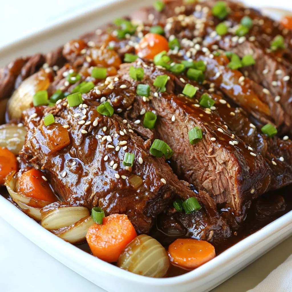 For a tasty Korean pot roast, you need: - 3 lbs beef chuck roast - 2 carrots, cut into chunks - 1 onion, quartered - 3 green onions, chopped (plus extra for garnish) The flavors come from these key items: - 1 cup soy sauce - 1/2 cup brown sugar - 1/4 cup sesame oil - 1 cup beef broth - 1 cup water - 1 tablespoon grated ginger - 4 cloves garlic, minced - 2 tablespoons gochugaru (Korean red pepper flakes) - Salt and pepper to taste These seasonings create a rich and deep flavor that makes the beef tender and juicy. To finish your dish, use: - 1 tablespoon sesame seeds - Chopped green onions These garnishes add a nice touch and make the dish look great. Enjoy the burst of flavors with every bite! {{ingredient_image_1}} First, gather your ingredients to make the marinade. In a large bowl, mix these items: - 1 cup soy sauce - 1/2 cup brown sugar - 1/4 cup sesame oil - 1 cup beef broth - 1 cup water - 1 tablespoon grated ginger - 4 cloves garlic, minced - 2 tablespoons gochugaru Whisk everything together until smooth. This marinade gives the beef great flavor. Next, take your beef chuck roast, which should weigh about 3 pounds. Place it in a large resealable bag or dish. Pour the marinade over the roast, ensuring it is fully covered. Seal the bag tightly or cover the dish. Let the beef marinate in the fridge for at least 4 hours. For even better taste, marinate it overnight. When you're ready to cook, take the roast out of the marinade. Pat it dry with a paper towel. This helps the meat brown better. In a large oven-safe pot, heat a tablespoon of oil over medium-high heat. Season the roast with salt and pepper. Sear it on all sides for about 4-5 minutes each. You want a nice brown crust to form. After searing, remove the roast and set it aside. In the same pot, add quartered onions and carrot chunks. Sauté these for about 3-4 minutes until they soften a bit. This step adds great flavor to your dish. Now, return the roast to the pot. Pour the reserved marinade over it and add chopped green onions. Bring the pot to a boil. Cover it with a lid or foil. Transfer the pot to a preheated oven at 300°F (150°C). Cook for about 3-4 hours. The roast should become fork-tender by the end. Once the roast is done, take it out of the oven and let it rest for 10-15 minutes. This resting time helps keep the meat juicy. Slice the roast and serve it with the veggies. Drizzle the sauce over the top. For a pretty finish, sprinkle with sesame seeds and extra green onions. Enjoy your flavorful Korean pot roast! Marinating is key to great flavor. Use a large resealable bag or dish. Pour the marinade over the beef and seal it tightly. Let it sit in the fridge for at least 4 hours. For the best taste, marinate overnight. This allows the meat to soak up all the flavors. Searing the roast adds a nice crust. Heat oil in your pot on medium-high heat. Remove the roast from the marinade and pat it dry. Season it with salt and pepper. Sear each side for about 4-5 minutes. This step creates a flavorful outer layer. To make sure your roast is fork-tender, use a low and slow cooking method. Cook it in the oven at 300°F (150°C) for 3-4 hours. Keep it covered to lock in moisture. Check for tenderness after the time is up. It should easily pull apart with a fork. For a beautiful presentation, slice the pot roast on a platter. Surround it with colorful veggies. Garnish with fresh green onions and sesame seeds. This adds color and texture to your dish. An appealing plate makes the meal even more enjoyable. Pro Tips Marinate Longer for More Flavor: For the best flavor, marinate the beef chuck roast overnight. This allows the spices and sauce to deeply penetrate the meat, resulting in a richer taste. Rest the Meat: After cooking, let the roast rest for 10-15 minutes before slicing. This helps the juices redistribute, ensuring a moist and tender result. Customize the Heat: Adjust the amount of gochugaru based on your heat preference. You can start with less and add more to taste if you prefer a spicier dish. Use Leftover Marinade: Don't discard the marinade after cooking! Reduce it on the stovetop to create a flavorful sauce to drizzle over the sliced roast and vegetables. {{image_2}} You can easily spice up your Korean pot roast. Just add more gochugaru. Start with an extra tablespoon for a nice kick. If you love heat, try two extra tablespoons. The red pepper flakes will give a bold flavor and a warming sensation. This change makes the dish exciting for those who enjoy spicy food. Feel free to add more veggies to your pot roast. You can include mushrooms, bell peppers, or zucchini. These will add color and nutrients to your meal. Just chop them into chunks and add them with the carrots and onions. This way, you'll create a more balanced dish that tastes great. If you want to try a different cut of meat, go for brisket or short ribs. These cuts bring their own rich flavors to the dish. They may take a bit longer to cook, but the result is worth it. Searing these cuts still works well, just like with the chuck roast. Experiment with what you like best! To store leftover Korean pot roast, let it cool down first. Place the roast in an airtight container. Add any leftover vegetables and sauce to the container. Seal it well to keep air out. Store it in the fridge for up to three days. Make sure to label it with the date for easy tracking. If you want to keep it longer, freezing is a great option. Cut the roast into smaller pieces for easier thawing. Wrap each piece tightly in plastic wrap. Then, place the wrapped pieces in a freezer bag. Remove as much air as possible before sealing. You can freeze it for up to three months. When you’re ready to eat, just thaw it overnight in the fridge. Reheating Korean pot roast is simple. You can use the oven, stovetop, or microwave. For the oven, preheat it to 350°F (175°C). Place the roast in an oven-safe dish and cover it with foil. Heat for about 20-30 minutes, or until warmed through. On the stovetop, use a skillet with a bit of broth or water to keep it moist. Heat on low and stir often. If using the microwave, slice the roast and place it in a microwave-safe dish. Cover it and heat in short intervals, stirring in between, until hot. Yes, you can. To make it in a slow cooker, sear the beef first. Then, place it in the slow cooker with the marinade and veggies. Cook on low for 6-8 hours. This will give you a tender roast with rich flavors. You can marinate the beef for at least 4 hours. For the best taste, try marinating it overnight. This allows the flavors to soak in deeply. You can serve Korean Pot Roast with rice or noodles. Steamed veggies also pair well. For a crunchy side, try pickled vegetables. Each adds a nice touch to your meal. Yes, you can use other cuts. Brisket and round roast work well too. Just remember that cooking times may change. Always check for tenderness. Not really. The dish has some heat from gochugaru, but it’s mild. If you like more spice, add extra gochugaru to the marinade. This will give you a bolder flavor. You now have all the key steps to make a delicious Korean pot roast. We discussed the main ingredients, seasonings, and garnishes. I laid out clear instructions for marinating, searing, and cooking. I shared helpful tips for perfecting your dish. Plus, I covered fun variations and storage methods. As you create this meal, remember to enjoy the process. Food brings people together. This dish not only tastes great but also offers warmth and comfort. Happy cooking!
