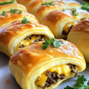 - 1 pound ground beef - 1 tablespoon garlic, minced - 6 slices of cheddar cheese Ground beef forms the heart of these rollups. Choose good quality beef for the best flavor. Minced garlic adds a strong, savory kick. Cheddar cheese melts beautifully, binding the flavors together. - 1 teaspoon onion powder - 1 teaspoon paprika - Salt and pepper to taste Onion powder gives a sweet, rich flavor. Paprika adds a hint of smokiness. Salt and pepper enhance all the tastes in this dish. These seasonings balance the richness of the beef and cheese. - 1 can refrigerated crescent roll dough - 4 tablespoons unsalted butter, melted - 1 tablespoon fresh parsley, chopped (for garnish) Crescent roll dough is easy to use and puffs up nicely. It provides a flaky crust that contrasts with the filling. Melted butter brushed on top adds a golden sheen. Fresh parsley not only brightens the dish but also adds a pop of color. First, we need to preheat the oven. Set it to 375°F (190°C). This heat will help the rollups cook evenly. Next, take a large skillet and place it over medium heat. Add 1 pound of ground beef to the skillet. Cook the beef until it turns brown. This usually takes about 5-7 minutes. Use a spatula to break the beef apart while it cooks. Once the beef is browned, it’s time to add flavor. Stir in 1 tablespoon of minced garlic, 1 teaspoon of onion powder, 1 teaspoon of paprika, and a pinch of salt and pepper. Cook this mixture for 2-3 more minutes. You want the garlic to smell nice and fragrant. Then, remove the skillet from the heat. Now, let’s get the crescent roll dough ready. Lay it out on a floured surface. You’ll see seams in the dough. Pinch these seams together to make a solid rectangle. This step helps keep the filling inside the rollups. Next, cut the dough into 6 equal rectangles. Each rectangle will hold a tasty filling. Time to put it all together! Start with a piece of cheese. Place a slice of cheddar cheese on each rectangle of dough. Then, take a generous spoonful of your beef mixture and put it on top of the cheese. Now, roll each rectangle tightly. Start from the wider end and roll towards the pointed end. Place the rollups seam side down on a baking sheet lined with parchment paper. This keeps them from sticking to the pan. It’s baking time! Brush the tops of each rollup with melted butter for a golden finish. Place the baking sheet in the preheated oven. Bake for 15-18 minutes. You want them to turn golden brown and puff up nicely. When they’re done, carefully remove the rollups from the oven. Let them cool slightly. Finally, garnish with chopped fresh parsley before serving. Enjoy this delicious treat! To make perfect rollups, avoid tearing the dough. Start with cold crescent roll dough. Keep it chilled until you're ready to work with it. When you lay it out, make sure to pinch the seams well. This creates a solid rectangle. Cut it carefully into equal rectangles. If you cut too fast, the dough might rip. For the beef mixture, you want a good consistency. Make sure the ground beef is well-cooked and crumbly. Add the minced garlic and spices while it's still hot. This helps the flavors blend well. Let it cool slightly before using. This keeps the dough from getting soggy. You can boost the flavor of your rollups in many ways. Try adding spices like cumin or chili powder for a kick. A bit of Worcestershire sauce can also add depth. If you enjoy herbs, fresh thyme or oregano works well too. For cheese options, cheddar is classic, but you can get creative. Use pepper jack for a spicy twist or mozzarella for a milder taste. Blend different cheeses for fun flavors. Serving is just as fun as cooking. Serve the rollups warm on a big platter. You can drizzle some melted garlic butter over them for extra flavor. For a pop of color, sprinkle chopped parsley on top. When it comes to plating, think outside the box. Arrange them in a circle or stack them high. Add a small bowl of dipping sauce, like ranch or ketchup, on the side. This adds a nice touch to your meal and makes it more inviting. {{image_2}} You can swap the ground beef for turkey or chicken. This makes a lighter rollup. Turkey adds a nice flavor. Chicken gives a great texture. For a veggie twist, use plant-based meat. You can also try black beans or lentils. They work well and taste amazing. Just make sure to cook them with spices. Want some heat? Add diced jalapeños to the beef mix. This gives a spicy kick. You can also try a cheese blend. Pepper jack adds a nice creamy heat. Mix in some mozzarella or gouda for a different taste. Each cheese brings its own flavor to the rollups. Pair your rollups with tasty dips. Ranch or barbecue sauce works great. You can also serve them with a creamy garlic dip. For sides, try crispy fries or a fresh salad. Sweet potato fries add a nice crunch. A side of coleslaw can balance the flavors too. Each side enhances the rollup experience. To keep your Garlic Butter Cheeseburger Rollups fresh, store them in the fridge. First, let them cool down. Then, place them in an airtight container. This will keep moisture out and maintain their flavor. You can also wrap them tightly in plastic wrap if you prefer that method. Freezing these rollups is a great option for later use. Start by letting them cool completely. Then, wrap each rollup in plastic wrap. Place them in a freezer-safe bag or container. This helps prevent freezer burn. When you're ready to eat, thaw them in the fridge overnight. To reheat, use an oven at 350°F (175°C) for about 15 minutes. This will help them stay crispy. In the fridge, these rollups last about 3 to 4 days. Check for any signs of spoilage. If you see mold or if they smell off, it’s best to throw them away. Always trust your senses when it comes to food safety. To make these rollups gluten-free, use gluten-free dough. Many brands offer gluten-free crescent roll dough. You can also use a gluten-free pizza dough or pie crust. Just ensure you follow the package instructions for best results. Yes, you can use pre-cooked beef. Just warm it in a skillet with the garlic and spices. This helps to mix the flavors well. If you have leftover beef, it’s a great way to use it. Chop it finely, then follow the rest of the steps as usual. These rollups pair well with many sides. Consider serving them with a fresh salad. A side of crispy fries or onion rings also works well. For drinks, try a cold soda or lemonade. You could also serve them with a dipping sauce, like ketchup or ranch. We covered how to make Garlic Butter Cheeseburger Rollups, focusing on key ingredients like ground beef, cheddar cheese, and spices. You learned step-by-step instructions for cooking and assembling these tasty treats. I shared tips for perfecting your rollups, various flavor profiles, and smart storage methods. With all this information, you can make these rollups your own and impress everyone at the table. Enjoy creating and sharing these delicious bites!