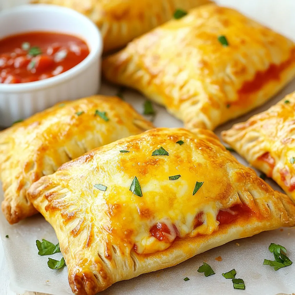- 1 package refrigerated pizza dough - 1 cup marinara sauce - 2 cups shredded mozzarella cheese - 1/2 cup diced pepperoni - 1/2 cup sliced bell peppers (any color) - 1/4 cup finely chopped onions - 1 teaspoon dried oregano - 1 teaspoon garlic powder - 1 tablespoon olive oil The main ingredients for these cheesy pizza pockets ensure great flavor. The refrigerated pizza dough makes it easy. You can roll it out without much fuss. Marinara sauce adds a rich taste. Shredded mozzarella cheese gives that gooey, cheesy goodness we crave. If you want to customize, add diced pepperoni for a classic touch. Sliced bell peppers bring color and crunch. Finely chopped onions add a nice bite. Don’t forget the seasonings! Dried oregano gives a hint of Italian flair. Garlic powder adds depth. A drizzle of olive oil helps the dough crisp up nicely. With these ingredients, you can create a delicious meal or snack. Now, let’s get cooking! {{ingredient_image_1}} 1. Preheating the oven and preparing the baking sheet: First, set your oven to 425°F (220°C). This heat will help the pizza pockets puff and brown nicely. Next, line a baking sheet with parchment paper. This keeps your pockets from sticking and makes cleanup easy. 2. Rolling out and cutting the pizza dough: Take the package of refrigerated pizza dough and open it. Place it on a lightly floured surface. Roll it out into a large rectangle, about 1/4 inch thick. Use a sharp knife or pizza cutter to cut the dough into squares, around 4x4 inches. These will be the pockets that hold all that cheesy goodness. 1. Combining marinara sauce and cheese with fillings: In a medium bowl, mix together 1 cup of marinara sauce, 2 cups of shredded mozzarella cheese, and your choice of fillings. I like to add 1/2 cup of diced pepperoni, 1/2 cup of sliced bell peppers, and 1/4 cup of finely chopped onions. To add flavor, sprinkle in 1 teaspoon of dried oregano and 1 teaspoon of garlic powder. Season with salt and pepper to taste. Stir all the ingredients well. This is where the magic happens! 1. Filling and sealing the pizza pockets: Now comes the fun part! Take each dough square and place a spoonful of the filling mixture in the center. Be careful not to overfill, or they won't seal properly. Fold the dough over to create a triangle. Press the edges tightly to seal them. Use a fork to crimp the edges for extra security. 2. Baking and cooling instructions: Before baking, beat 1 egg in a small bowl. Brush the egg wash over the top of each pocket. This gives them a shiny, golden finish. Place the pizza pockets on your prepared baking sheet. Bake them in the oven for about 12-15 minutes, or until they turn golden brown and puff up. Once baked, let them cool for a few minutes. Serve them warm with extra marinara sauce on the side for dipping. Enjoy your delicious cheesy pizza pockets! To seal edges properly, make sure to press the dough firmly. After you fold it, use a fork to crimp the edges. This adds a fun design and keeps the filling inside. Avoiding overfilling is key. A spoonful in the center works best. If you add too much, the pockets may burst during baking. Bake the pizza pockets at 425°F (220°C) for 12-15 minutes. This temperature helps them puff up and turn golden. To achieve a golden finish, brush the tops with an egg wash. This simple step adds a lovely shine and enhances the look. Serve your cheesy pizza pockets with marinara sauce for dipping. This adds a tasty touch and keeps it fun. For presentation, use a wooden board or colorful plate. Garnish with fresh basil or a sprinkle of Italian seasoning for extra flair. Pro Tips Use Fresh Ingredients: Always use fresh vegetables and high-quality cheese for the best flavor. Fresh ingredients enhance the taste and texture of your pizza pockets. Don’t Overfill: Be cautious not to overfill the pockets; otherwise, they may burst during baking. A spoonful of filling is usually sufficient to keep them intact. Experiment with Fillings: Feel free to customize your filling! Try different proteins like cooked chicken or veggies like spinach and mushrooms for a unique twist. Serve with Dipping Sauces: Enhance your meal by serving the pizza pockets with a variety of dipping sauces, such as ranch, garlic butter, or spicy marinara for extra flavor. {{image_2}} You have many tasty options for fillings. If you want a veggie twist, try spinach and mushrooms. These ingredients add great flavor and nutrients. You can also mix in some diced tomatoes for extra juiciness. If you prefer meat, consider using ham or sausage. Both add a rich, savory taste to your pizza pockets. While marinara sauce is a classic choice, you can change it up. Try using pesto for a fresh and herby flavor. Alfredo sauce is another creamy option that pairs well with cheese. Don't be afraid to experiment with different cheese blends too. A mix of mozzarella and cheddar can give a unique taste. Want to add some heat? You can include jalapeños or spicy sausage in your filling. These will give your pizza pockets a kick. For added depth, sprinkle in Italian herbs like basil and oregano. A dash of hot sauce can also enhance the flavor, making each bite exciting. To keep your cheesy pizza pockets fresh, store them right. First, let them cool completely. Then, place them in an airtight container. This helps prevent sogginess. You can also wrap them in plastic wrap before putting them in the container. This extra layer keeps them tasty. When reheating, the oven works best. Preheat it to 350°F (175°C). Place the pizza pockets on a baking sheet. Bake for about 10 minutes. This gives them a crispy texture. If you're in a hurry, use the microwave. Heat them for 30 seconds to 1 minute. But be aware, they may not be crispy. You can freeze both baked and unbaked pizza pockets. For unbaked, place them on a baking sheet and freeze for an hour. Once frozen, transfer them to a freezer bag. Seal it tightly. For baked pockets, let them cool first, then wrap them. When ready to cook, thaw in the fridge overnight. Bake them directly from frozen for about 15-20 minutes. How long do cheesy pizza pockets last in the fridge? Cheesy pizza pockets last about 3 to 4 days in the fridge. Store them in an airtight container to keep them fresh. Can I make these pizza pockets ahead of time? Yes, you can prepare these pizza pockets ahead of time. Assemble them, then store them in the fridge for up to a day. Bake them when you’re ready to eat. What temperature do I cook pizza pockets at? Cook pizza pockets at 425°F (220°C). This temperature helps them become golden and crispy. How do I know when they are done? Pizza pockets are done when they are golden brown and puffed up. This usually takes about 12 to 15 minutes in the oven. Can I use homemade dough instead of refrigerated? Yes, you can use homemade dough. Just make sure it’s rolled out to about 1/4 inch thick. What can I use instead of mozzarella cheese? You can use any cheese you like! Cheddar, provolone, or even vegan cheese work well. Making pizza pockets is fun and easy. You only need a few key ingredients: dough, sauce, and cheese. You can add many tasty fillings and spices. I shared tips for making perfect pockets and baking them right. Remember to store leftovers properly for later. You can even freeze them! Experiment with different flavors and find your favorite. Enjoy creating your own delicious pizza pockets!