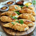 To make crispy baked chicken tenders, gather these key ingredients: - 1 pound chicken tenderloins - 1 cup buttermilk - 1 teaspoon garlic powder - 1 teaspoon paprika - 1/2 teaspoon black pepper - 1/2 teaspoon salt - 1 cup breadcrumbs (I prefer panko for extra crispiness) - 1/2 cup grated Parmesan cheese - 1 teaspoon Italian seasoning - Cooking spray These ingredients work together to create a tender inside and a crunchy outside. You can add your own twist with these optional ingredients: - A pinch of cayenne for heat - Lemon zest for a fresh kick - Dried herbs like oregano or thyme - A splash of hot sauce in the marinade Feel free to get creative! Each option brings its own charm to the dish. Serve these chicken tenders with tasty dips to enhance the experience: - Honey mustard for a sweet touch - Barbecue sauce for a smoky flavor - Ranch dressing for a creamy option - Ketchup for the classic choice Pairing these sauces with your chicken tenders elevates the meal. You can also add sides like fresh veggies or a light salad for a complete dinner. Enjoy! To start, grab a bowl. Mix buttermilk, garlic powder, paprika, black pepper, and salt. Make sure it is well combined. Add the chicken tenderloins. Ensure they are covered by the marinade. Cover the bowl and place it in your fridge. Let the chicken marinate for at least one hour. For even better flavor, marinate overnight. Now, it's time to preheat your oven. Set it to 425°F (220°C). While the oven heats, line a baking sheet with parchment paper. This keeps the chicken from sticking. Lightly spray the parchment with cooking spray. This step helps the chicken tenders crisp nicely. In another bowl, mix breadcrumbs, grated Parmesan cheese, and Italian seasoning. Stir until everything is well blended. Take the marinated chicken out of the fridge. Let the extra marinade drip off each tenderloin. Dredge each one in the breadcrumb mixture. Press the breadcrumbs on to make them stick well. Arrange the breaded chicken on the baking sheet. Make sure they are not touching. Lightly spray the tops with cooking spray. This helps them become golden and crispy. Bake the chicken tenders for 20 to 25 minutes. Flip them halfway through baking for even crispiness. They are done when they are golden brown and the inside reaches 165°F (75°C). Enjoy your crispy baked chicken tenders! To make your chicken tenders super crispy, use panko breadcrumbs. They create a light and airy crust. Lightly spray the tops with cooking spray before baking. This adds extra crunch and helps them brown beautifully. Remember to flip them halfway through baking. This ensures even crispiness on both sides. Marinating your chicken is key to tasty tenders. Use buttermilk for its tenderness and flavor. Mix it with garlic powder, paprika, black pepper, and salt. Let the chicken sit in this mix for at least one hour. If you can, marinate overnight for even better flavor. Make sure every piece is fully submerged for best results. Serve your crispy chicken tenders hot on a nice platter. Pair them with fun dipping sauces like honey mustard or barbecue sauce. You can also add fresh parsley on top for color. For a complete meal, serve them with a side salad or sweet potato fries. This makes a delightful dinner everyone will love. {{image_2}} To make crispy baked chicken tenders gluten-free, swap out the breadcrumbs. Use gluten-free panko or crushed cornflakes instead. Both options keep the crunch you want. Check labels to ensure they are gluten-free. You can easily change the flavors of your chicken tenders. Try adding different spices to the breadcrumb mix. For a spicy kick, use cayenne pepper or chili powder. For a sweeter taste, try adding a bit of brown sugar or cinnamon. You can also use taco seasoning for a fun twist. If you want to skip the oven, an air fryer works great. Preheat your air fryer to 400°F (200°C). Place the breaded chicken in the basket in a single layer. Cook for about 10-12 minutes, flipping halfway. This method gives you crispy tenders with less oil and less time. Enjoy the crunch! To keep your chicken tenders fresh, store them in an airtight container. Make sure they cool down first. This helps keep the tenders crispy. Place a paper towel at the bottom of the container. This absorbs any moisture. Refrigerate them for up to three days. Always check for any signs of spoilage before eating. If you want to save your chicken tenders for later, freezing is a great option. First, let them cool completely. Then, wrap each tender in plastic wrap. After that, place them in a freezer bag. Squeeze out as much air as possible. This keeps the tenders from getting freezer burn. They can last in the freezer for up to three months. When you’re ready to eat, thaw them overnight in the fridge. To reheat your chicken tenders and keep them crispy, use the oven. Preheat it to 375°F (190°C). Place the tenders on a baking sheet. Bake them for about 10-15 minutes. Flip them halfway through to ensure even heating. You can also use an air fryer for a quicker option. Set it to 375°F (190°C) and cook for 5-7 minutes. This method helps restore that delicious crunch! Yes, you can use chicken breast. Just cut the breast into strips. Make sure they are about the same size as tenderloins for even cooking. You may need to adjust the cooking time a bit. Check the internal temperature to ensure it reaches 165°F. This keeps your chicken safe and juicy. Crispy baked chicken tenders last about 3 to 4 days in the fridge. Store them in an airtight container to keep them fresh. If you want to keep them longer, consider freezing. They can last up to 3 months in the freezer. Just remember to reheat them well for the best taste. Chicken tenders pair well with many sides. You can serve them with: - French fries - Coleslaw - Mashed potatoes - Steamed vegetables - Salad - Dipping sauces like honey mustard or barbecue These sides balance the flavors and make your meal fun and tasty. Enjoy your crispy chicken tenders with whatever you like! You learned how to make crispy baked chicken tenders from scratch. We covered key ingredients, marinating, and baking for perfect crispiness. I shared useful tips for flavor and storage. You can even explore gluten-free options and air-fryer methods. In the end, you can enjoy tasty chicken tenders that fit your needs. Happy cooking!