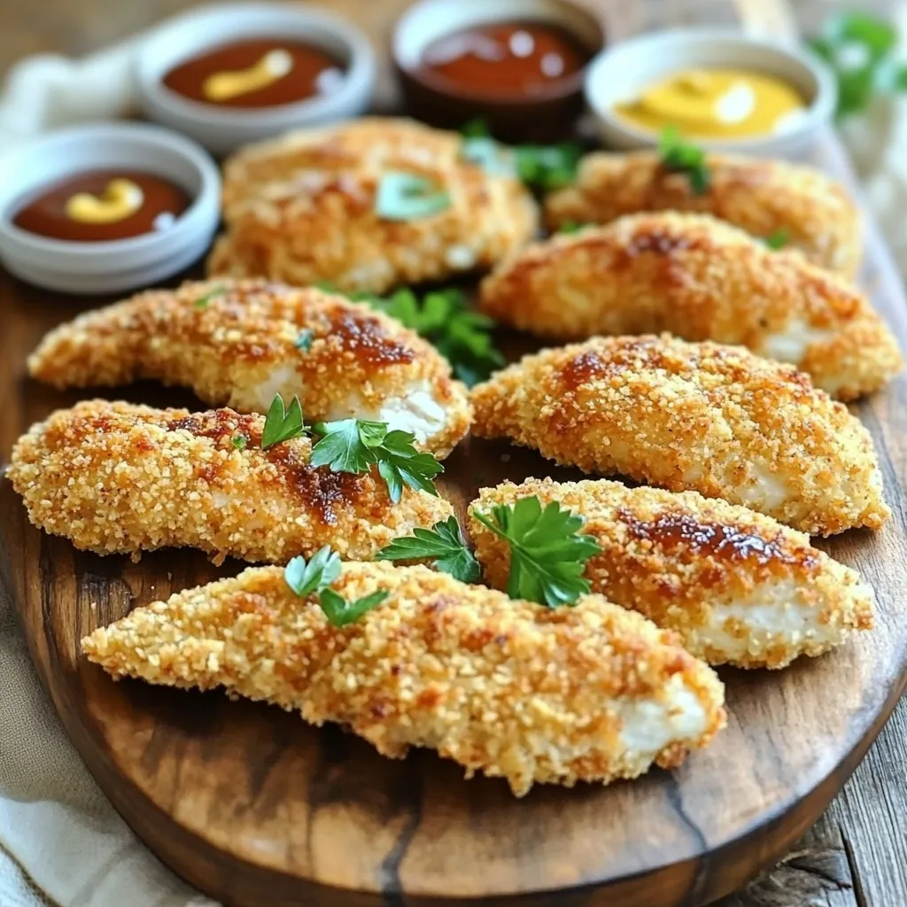 To make crispy baked chicken tenders, gather these key ingredients: - 1 pound chicken tenderloins - 1 cup buttermilk - 1 teaspoon garlic powder - 1 teaspoon paprika - 1/2 teaspoon black pepper - 1/2 teaspoon salt - 1 cup breadcrumbs (I prefer panko for extra crispiness) - 1/2 cup grated Parmesan cheese - 1 teaspoon Italian seasoning - Cooking spray These ingredients work together to create a tender inside and a crunchy outside. You can add your own twist with these optional ingredients: - A pinch of cayenne for heat - Lemon zest for a fresh kick - Dried herbs like oregano or thyme - A splash of hot sauce in the marinade Feel free to get creative! Each option brings its own charm to the dish. Serve these chicken tenders with tasty dips to enhance the experience: - Honey mustard for a sweet touch - Barbecue sauce for a smoky flavor - Ranch dressing for a creamy option - Ketchup for the classic choice Pairing these sauces with your chicken tenders elevates the meal. You can also add sides like fresh veggies or a light salad for a complete dinner. Enjoy! To start, grab a bowl. Mix buttermilk, garlic powder, paprika, black pepper, and salt. Make sure it is well combined. Add the chicken tenderloins. Ensure they are covered by the marinade. Cover the bowl and place it in your fridge. Let the chicken marinate for at least one hour. For even better flavor, marinate overnight. Now, it's time to preheat your oven. Set it to 425°F (220°C). While the oven heats, line a baking sheet with parchment paper. This keeps the chicken from sticking. Lightly spray the parchment with cooking spray. This step helps the chicken tenders crisp nicely. In another bowl, mix breadcrumbs, grated Parmesan cheese, and Italian seasoning. Stir until everything is well blended. Take the marinated chicken out of the fridge. Let the extra marinade drip off each tenderloin. Dredge each one in the breadcrumb mixture. Press the breadcrumbs on to make them stick well. Arrange the breaded chicken on the baking sheet. Make sure they are not touching. Lightly spray the tops with cooking spray. This helps them become golden and crispy. Bake the chicken tenders for 20 to 25 minutes. Flip them halfway through baking for even crispiness. They are done when they are golden brown and the inside reaches 165°F (75°C). Enjoy your crispy baked chicken tenders! To make your chicken tenders super crispy, use panko breadcrumbs. They create a light and airy crust. Lightly spray the tops with cooking spray before baking. This adds extra crunch and helps them brown beautifully. Remember to flip them halfway through baking. This ensures even crispiness on both sides. Marinating your chicken is key to tasty tenders. Use buttermilk for its tenderness and flavor. Mix it with garlic powder, paprika, black pepper, and salt. Let the chicken sit in this mix for at least one hour. If you can, marinate overnight for even better flavor. Make sure every piece is fully submerged for best results. Serve your crispy chicken tenders hot on a nice platter. Pair them with fun dipping sauces like honey mustard or barbecue sauce. You can also add fresh parsley on top for color. For a complete meal, serve them with a side salad or sweet potato fries. This makes a delightful dinner everyone will love. {{image_2}} To make crispy baked chicken tenders gluten-free, swap out the breadcrumbs. Use gluten-free panko or crushed cornflakes instead. Both options keep the crunch you want. Check labels to ensure they are gluten-free. You can easily change the flavors of your chicken tenders. Try adding different spices to the breadcrumb mix. For a spicy kick, use cayenne pepper or chili powder. For a sweeter taste, try adding a bit of brown sugar or cinnamon. You can also use taco seasoning for a fun twist. If you want to skip the oven, an air fryer works great. Preheat your air fryer to 400°F (200°C). Place the breaded chicken in the basket in a single layer. Cook for about 10-12 minutes, flipping halfway. This method gives you crispy tenders with less oil and less time. Enjoy the crunch! To keep your chicken tenders fresh, store them in an airtight container. Make sure they cool down first. This helps keep the tenders crispy. Place a paper towel at the bottom of the container. This absorbs any moisture. Refrigerate them for up to three days. Always check for any signs of spoilage before eating. If you want to save your chicken tenders for later, freezing is a great option. First, let them cool completely. Then, wrap each tender in plastic wrap. After that, place them in a freezer bag. Squeeze out as much air as possible. This keeps the tenders from getting freezer burn. They can last in the freezer for up to three months. When you’re ready to eat, thaw them overnight in the fridge. To reheat your chicken tenders and keep them crispy, use the oven. Preheat it to 375°F (190°C). Place the tenders on a baking sheet. Bake them for about 10-15 minutes. Flip them halfway through to ensure even heating. You can also use an air fryer for a quicker option. Set it to 375°F (190°C) and cook for 5-7 minutes. This method helps restore that delicious crunch! Yes, you can use chicken breast. Just cut the breast into strips. Make sure they are about the same size as tenderloins for even cooking. You may need to adjust the cooking time a bit. Check the internal temperature to ensure it reaches 165°F. This keeps your chicken safe and juicy. Crispy baked chicken tenders last about 3 to 4 days in the fridge. Store them in an airtight container to keep them fresh. If you want to keep them longer, consider freezing. They can last up to 3 months in the freezer. Just remember to reheat them well for the best taste. Chicken tenders pair well with many sides. You can serve them with: - French fries - Coleslaw - Mashed potatoes - Steamed vegetables - Salad - Dipping sauces like honey mustard or barbecue These sides balance the flavors and make your meal fun and tasty. Enjoy your crispy chicken tenders with whatever you like! You learned how to make crispy baked chicken tenders from scratch. We covered key ingredients, marinating, and baking for perfect crispiness. I shared useful tips for flavor and storage. You can even explore gluten-free options and air-fryer methods. In the end, you can enjoy tasty chicken tenders that fit your needs. Happy cooking!