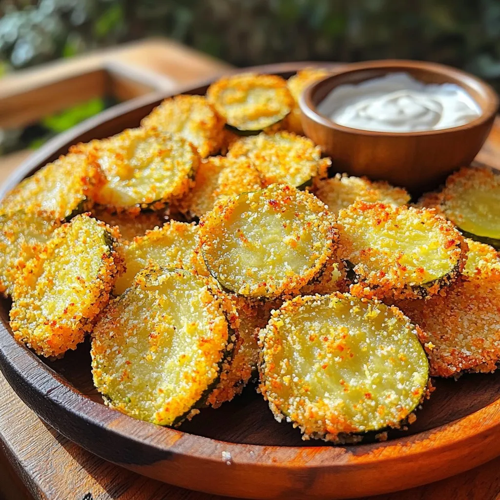 - 1 cup dill pickle slices (fresh or jarred) - 1 cup buttermilk - 1 cup all-purpose flour - 1 teaspoon garlic powder - 1 teaspoon onion powder - 1 teaspoon paprika - ½ teaspoon cayenne pepper (optional, for heat) - 1 cup breadcrumbs (Panko recommended for extra crunch) - Olive oil spray - Salt and pepper to taste To make crispy air fryer fried pickles, start with fresh or jarred dill pickles. The pickles give a great tangy flavor. You will also need buttermilk. It helps the coating stick and adds moisture. Next, gather all-purpose flour for the dry mix. Garlic powder, onion powder, and paprika add flavor. If you like heat, cayenne pepper is a good choice but is optional. Use Panko breadcrumbs for a crunchier texture. Olive oil spray will help them brown nicely in the air fryer. Finally, season with salt and pepper. This mix of ingredients creates a delicious snack that is full of flavor. - Ranch dressing - Spicy mayo Pair your fried pickles with tasty dips. Ranch dressing is a classic choice. It cools the heat and adds creaminess. Spicy mayo is another fun option. It gives a kick and enhances the flavor. You can even try mixing sauces for fun new tastes. Enjoy! To start, you need to drain the pickle slices. This step is important. It helps remove excess moisture. Next, pat the slices dry with paper towels. This will help them get crispy later. After drying, soak the pickle slices in buttermilk. Use a bowl and pour the buttermilk over the slices. Let them sit for about 30 minutes. This soaking adds flavor and helps the coating stick. Now, it’s time to prepare the coating. In one shallow dish, mix the flour, garlic powder, onion powder, paprika, cayenne pepper, salt, and pepper. This will give your pickles a tasty kick. In another dish, place the breadcrumbs. I recommend using Panko breadcrumbs for extra crunch. After mixing the dry ingredients, take a pickle slice. First, coat it in the flour mixture. Shake off the excess flour. Then dip it back into the buttermilk. Finally, roll it in the breadcrumbs. Make sure it’s evenly coated. Repeat this with all the pickle slices. Before cooking, preheat your air fryer to 400°F (200°C). This takes about 5 minutes. Once preheated, arrange the coated pickles in a single layer in the air fryer basket. Don’t overcrowd the basket. Lightly spray the pickles with olive oil. This helps them brown nicely. Cook them for 10 to 12 minutes. Shake the basket halfway through to ensure even cooking. They should turn golden brown and crispy. Once done, take them out and let them cool for a minute. Serve with your favorite dipping sauce! To get crispy pickles, you must dry them well. After draining your pickle slices, use paper towels to pat them dry. Removing moisture helps the coating stick and makes your pickles crispier. When you coat the pickles, make sure to do it evenly. First, dip each pickle slice in the flour mix, then back in the buttermilk. Finally, roll it in the breadcrumbs. This three-step process creates a great layer that keeps the crunch intact. If you want more or less heat, you can modify the cayenne pepper. Start with a small pinch if you prefer less spice. You can also leave it out entirely. Feel free to add more seasonings to fit your taste. Try some garlic powder or even smoked paprika. These extras give your pickles a unique flavor that stands out. Fried pickles are tasty on their own, but you can pair them with creative dips. Ranch dressing is a classic choice. If you like a kick, spicy mayo works great too. You can also serve fried pickles as part of an appetizer platter. They pair well with other finger foods like wings or sliders. This makes your spread fun and varied for guests. {{image_2}} You can use different pickles for your air fryer fried pickles. Dill pickles are sharp and tangy. They make a great choice if you like bold flavors. Bread and butter pickles bring a sweet taste. These are perfect for a milder snack. You can also choose between whole pickles or slices. Whole pickles give you a big crunch. Slices are easier to coat and cook quickly. Pickle slices work best when you want a quick snack. If you want a gluten-free option, try using almond flour or rice flour. These flours still give a nice crunch. You can also use crushed cornflakes for a fun twist. They add a unique flavor and texture. Seasoned breadcrumbs are another great choice. You can mix in spices like Italian herbs or Parmesan. This adds a new layer of flavor to your pickles. Adding cheese can make your fried pickles even better. Try using a bit of shredded cheddar or mozzarella. It melts and creates a tasty surprise inside. Don't forget about herbs! You can sprinkle in some dill, parsley, or even thyme. These add freshness and extra flavor. Experiment with whatever herbs you like for a fun twist! First, let the fried pickles cool down before storing them. This helps keep them crispy. Place them in a container. I recommend using an airtight container. This will keep moisture out and maintain the pickles' crunch. For reheating, I suggest using the air fryer. It keeps the pickles crispy. Preheat the air fryer to 375°F (190°C). Then, heat the pickles for about 5 minutes. You can also use an oven if you prefer. Set it to 350°F (175°C) and reheat for 8-10 minutes. Avoid microwaving them, as this can make them soggy. If you want to freeze fried pickles, place them in a single layer on a baking sheet. Freeze them for about an hour. After that, transfer them to a freezer-safe bag. This will help them keep their shape. When you want to eat them, thaw in the fridge overnight before reheating. To make fried pickles, start by draining and drying the pickle slices. This step is key for crispiness. Next, soak the pickles in buttermilk for about 30 minutes. This adds flavor and helps the coating stick well. Then, mix flour, garlic powder, onion powder, paprika, cayenne, salt, and pepper in one bowl. In another bowl, place breadcrumbs. Coat each pickle slice first in the flour mix, then in buttermilk, and finally in the breadcrumbs. Preheat your air fryer to 400°F. Arrange the coated pickles in a single layer and spray with olive oil. Air fry for 10-12 minutes, shaking the basket halfway. Enjoy crispy fried pickles! Yes, you can use homemade pickles! Using homemade pickles gives you full control over flavor and crunch. You can adjust the spices and herbs as you like. Homemade pickles often taste fresher than store-bought ones. Plus, they can be made to suit your taste, making your fried pickles even more special. Fried pickles taste great with many dipping sauces. Popular options include ranch dressing and spicy mayo. These sauces add creaminess and a kick. You can also try garlic aioli or ketchup for a classic touch. Experiment with your favorite flavors to find the best match! If you want to tone down the heat, skip the cayenne pepper. You can also reduce the amount of paprika. Instead, focus on adding more garlic or onion powder for flavor without the spice. For extra cooling, serve with creamy sauces like ranch. This will balance the heat and make your pickles tasty! Air fryer fried pickles last about 3-4 days when stored in the fridge. Make sure they cool before putting them in an airtight container. This helps keep them fresh. To reheat, use the air fryer or oven to regain their crispiness. Avoid microwaving, as it can make them soggy. Fried pickles in the air fryer are a tasty treat. You learned about the key ingredients, from dill pickle slices to spices. The step-by-step guide showed you how to prepare, coat, and cook them perfectly. Plus, you got tips for making them crispy and delicious. Try out different dipping sauces and variations to find your favorite. Use the storage tips to keep leftovers fresh. Enjoy this crunchy snack at your next gathering or as a fun side dish! Happy cooking!