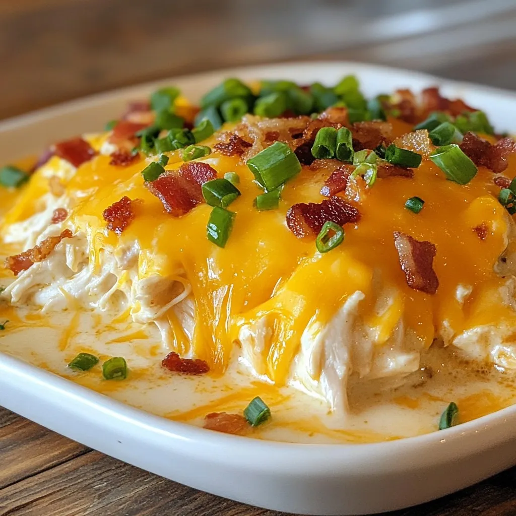 - 2 lbs boneless, skinless chicken breasts - 1 (8 oz) package cream cheese, softened - 1 packet ranch seasoning mix - 1 cup chicken broth - 1 cup shredded cheddar cheese - 1/2 cup cooked bacon bits (optional) - 1/4 cup green onions, chopped - Salt and pepper to taste Each ingredient plays a key role in this dish. The chicken breasts are the base, giving you protein. The cream cheese adds creaminess. The ranch seasoning mix brings that classic flavor. Chicken broth helps keep everything moist. Shredded cheddar cheese gives a rich taste. Bacon bits, if you choose to add them, add a nice crunch. Green onions brighten the dish with fresh flavor. Salt and pepper help enhance all the tastes. You can swap chicken breasts for thighs if you want more flavor. Neufchâtel cheese works well instead of cream cheese. A homemade ranch mix can replace the store-bought packet. Vegetable broth is a good option for chicken broth. You can leave out bacon for a lighter dish. For a vegan version, use plant-based chicken and cream cheese. {{ingredient_image_1}} To start, gather all your ingredients. You will need 2 lbs of boneless, skinless chicken breasts, 8 oz of softened cream cheese, a packet of ranch seasoning mix, 1 cup of chicken broth, and 1 cup of shredded cheddar cheese. You can also use 1/2 cup of cooked bacon bits and 1/4 cup of chopped green onions for added flavor. 1. Place Chicken: Put the chicken breasts at the bottom of your slow cooker. 2. Mix Cream Cheese and Ranch: In a bowl, combine the softened cream cheese and ranch seasoning. Mix until smooth. 3. Spread on Chicken: Spread this creamy mixture over the chicken breasts evenly. 4. Add Broth: Pour the chicken broth over everything in the slow cooker. Cover the slow cooker. For best results, cook on low for 6 to 8 hours. If you are short on time, you can set it to high for 3 to 4 hours. The chicken should be tender when done. Once cooked, use two forks to shred the chicken right in the slow cooker. Stir it into the creamy sauce until mixed well. 1. Add Cheese: Toss in the shredded cheddar cheese. Stir until it melts and combines. 2. Bacon and Seasoning: If you like, fold in the cooked bacon bits. Season with salt and pepper to taste. 3. Garnish: Top with chopped green onions for a fresh touch. 4. Serve: I recommend serving this dish over rice or in a bun. Enjoy the cheesy, comforting goodness! - Use boneless, skinless chicken breasts for easy shredding. - Soften the cream cheese before mixing for a smooth blend. - Cook on low for tender chicken and deep flavor. - Stir in the cheese just before serving for a creamy finish. - Adjust the salt and pepper to match your taste. - Serve over fluffy white rice for a filling meal. - Use a bun to make a tasty sandwich. - Top with extra green onions for a fresh crunch. - Pair with a side salad to balance the richness. - Consider serving with tortilla chips for a fun twist. - Don’t skip the chicken broth; it keeps the dish moist. - Avoid cooking on high for too long; it can dry out the chicken. - Mix the cream cheese and ranch well to avoid lumps. - Don’t forget to taste before serving; adjust flavors if needed. - Using too much salt can overpower the dish; season lightly first. Pro Tips Use Fresh Ingredients: Fresh chicken and high-quality cream cheese will enhance the overall flavor and texture of your dish. Adjust the Seasoning: Feel free to adjust the ranch seasoning according to your taste preferences; add more for a bolder flavor or less for a milder one. Thicken the Sauce: If you prefer a thicker sauce, you can add a cornstarch slurry towards the end of cooking to achieve your desired consistency. Try Different Cheeses: Experiment with different types of cheese like pepper jack or gouda for a unique twist on the classic creamy ranch flavor. {{image_2}} You can change the taste of slow cooker crack chicken easily. Try adding different spices. For a spicy kick, add some hot sauce or cayenne pepper. You can also use garlic powder for a richer flavor. Want a BBQ twist? Use BBQ sauce instead of ranch seasoning. This gives a sweet and smoky taste. Herbs like thyme or rosemary can add a fresh note. Each twist brings a new layer of flavor! Want a lighter version? Swap out cream cheese for Greek yogurt. It will still be creamy but with less fat. You can use low-sodium chicken broth to cut down on salt. If you skip the bacon bits, the dish remains tasty and healthy. Add more veggies like bell peppers or spinach to boost nutrition. These swaps keep the dish comforting but lighter. Leftover crack chicken is a treat! You can serve it over brown rice or whole grain pasta for a filling meal. Try it in a wrap with fresh veggies for lunch. You can also make a tasty dip by mixing it with some sour cream and serving it with chips. Be creative! Each serving can feel new and exciting. After cooking, let your Slow Cooker Crack Chicken cool down. I usually let it sit for about 30 minutes. Once cool, put it in an airtight container. This dish stays fresh in the fridge for up to four days. Always ensure it is stored properly to keep its creamy goodness. Want to save some for later? You can freeze Crack Chicken! First, cool it completely. Then, transfer it to a freezer-safe container. You can also use freezer bags, which take up less space. This dish keeps well for up to three months in the freezer. Just remember to label it with the date! When you're ready to eat, thaw the chicken in the fridge overnight. For reheating, I recommend using the microwave or the slow cooker. If using the microwave, heat it in short bursts, stirring in between. For the slow cooker, set it on low until warmed, about 1-2 hours. Add a splash of chicken broth to keep it creamy. Enjoy your comforting dish! Crack Chicken is a creamy and cheesy dish. It mixes chicken with ranch flavor. You cook it slowly for rich taste. The chicken gets tender and soft. Cream cheese and cheddar make it creamy. People love it for its comfort and flavor. It’s great for busy days or gatherings. Yes, you can use frozen chicken. Just add an extra hour to cooking time. The slow cooker will safely thaw and cook the chicken. This helps keep the dish juicy and full of flavor. Crack Chicken lasts about 3 to 4 days in the fridge. Make sure to store it in an airtight container. This keeps it fresh and safe to eat. You can enjoy it as leftovers in many ways. This post covered key ingredients and their best substitutes for Crack Chicken. We explored step-by-step instructions, cooking times, and serving tips to get great results. I shared common mistakes to avoid and creative variations to try. Finally, we discussed how to store leftovers safely. Crack Chicken is simple and fun to make. You can adjust flavors and make it healthier too. Enjoy crafting your dish and savor every bite!