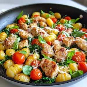 - 1 lb chicken breast, diced - 1 package gnocchi (16 oz) - 3 tablespoons olive oil - 4 cloves garlic, minced - 1 cup cherry tomatoes, halved - 1 cup fresh spinach - 1 teaspoon Italian seasoning - Salt and pepper to taste - 1/2 cup grated Parmesan cheese - Fresh basil leaves, for garnish This dish shines because of its fresh and simple ingredients. Each one plays a key role. Chicken Breast: I use one pound of diced chicken. It adds protein and makes the dish filling. Gnocchi: A 16-ounce package of gnocchi brings a soft and chewy texture that pairs well with the sauce. Garlic and Olive Oil: The garlic gives a strong flavor. Three tablespoons of olive oil help cook everything and adds richness. Vegetables: I add one cup of halved cherry tomatoes and one cup of fresh spinach. The tomatoes burst with juice, and the spinach wilts perfectly. Seasonings: I use one teaspoon of Italian seasoning, salt, and pepper. They enhance all the other flavors. Cheese and Garnish: Finally, I sprinkle half a cup of grated Parmesan cheese on top and add fresh basil leaves for a pop of color and flavor. These ingredients combine to create a quick, tasty meal. It’s perfect for busy weeknights, and the flavors are amazing! {{ingredient_image_1}} Heating the Skillet Start by heating 2 tablespoons of olive oil in a large skillet. Use medium-high heat to get the oil nice and hot. This step is key for a good sear on the chicken. Seasoning and Browning Chicken Next, add 1 pound of diced chicken breast to the skillet. Season it with salt, pepper, and 1 teaspoon of Italian seasoning. Cook this chicken for about 5 to 7 minutes. You want it browned and fully cooked. Stir it occasionally for even cooking. Boiling Gnocchi While the chicken cooks, bring a pot of salted water to a boil. Add a package of 16 ounces of gnocchi to the water. Cook it for about 2 to 3 minutes, or until the gnocchi floats to the top. This means they are ready! Draining Process Once the gnocchi float, quickly drain them in a colander. Set them aside for later use in the dish. Sautéing Garlic and Adding Vegetables When the chicken is done, add 4 minced garlic cloves to the skillet. Sauté the garlic for 1 minute until it smells great. Then, stir in 1 cup of halved cherry tomatoes. Cook for another 2 to 3 minutes until the tomatoes soften. Mixing in Gnocchi and Cheese Now, add 1 cup of fresh spinach and the cooked gnocchi to the skillet. Mix everything well to combine. Drizzle the last tablespoon of olive oil over the dish. Sprinkle 1/2 cup of grated Parmesan cheese on top. Stir gently until all the ingredients are warm and coated. Remove from heat and let it sit for a minute to melt the cheese. Garnish with fresh basil leaves before serving. Timing the Cooking Steps Timing is key in this dish. Start with the chicken. Cook it for 5-7 minutes until it is golden. While it cooks, boil your gnocchi. They take only 2-3 minutes to float. This way, both will finish at the same time. Keeping Ingredients Fresh Use fresh spinach and ripe cherry tomatoes. They add color and taste. Look for bright green spinach and vibrant tomatoes. Store them in the fridge until you’re ready to cook. This keeps them crisp and tasty. Additional Seasoning Ideas You can add a pinch of red pepper flakes for heat. A squeeze of lemon juice brightens the whole dish. Fresh herbs like thyme or oregano work well too. Try different seasonings to find what you love. Suggestions for Cheese Variations Parmesan is great, but you can mix it up. Use feta for a tangy twist. Mozzarella melts beautifully if you want a cheesy pull. Experiment with different cheeses to enhance your dish. Pro Tips Marinate the Chicken: For extra flavor, marinate the diced chicken in olive oil, garlic, and Italian seasoning for at least 30 minutes before cooking. Use Fresh Gnocchi: If possible, use fresh gnocchi instead of packaged ones for a lighter and more authentic texture. Customize Veggies: Feel free to add other vegetables like bell peppers or zucchini for added nutrition and color. Serve Immediately: This dish is best enjoyed fresh, so serve it right after cooking to maintain the gnocchi's texture and the vibrant flavors. {{image_2}} Using Different Proteins I love to switch up the chicken in this dish. You can use shrimp or tofu instead. Shrimp cooks fast and adds a nice touch. Tofu adds a great texture and absorbs flavors well. Both give a fun twist to the recipe. Alternative Vegetables You can also change the veggies in your skillet. Zucchini works great when sliced thin. It adds a nice crunch. Bell peppers are another option. Their sweetness can brighten the dish. Feel free to mix and match your favorite vegetables. Oven-Baked Version If you prefer baking, try this oven-baked method. Start by cooking the chicken in a skillet. Then, layer the cooked chicken, gnocchi, and veggies in a baking dish. Top it with cheese and bake at 375°F for about 20 minutes. This gives the dish a crispy top and rich flavor. One-Pot Variations For a quick clean-up, use a one-pot method. Start by cooking the chicken in a large pot. Add the gnocchi and veggies directly to the pot with some broth. Cook until everything is tender. This method keeps all the flavors together and saves time. After you enjoy your Minute Garlic Chicken Gnocchi Skillet, you may have some left. Here’s how to store it: - Refrigeration Tips: Allow the dish to cool first. Then, transfer it to an airtight container. Store it in the fridge for up to three days. This keeps the flavors fresh and tasty. - Freezing Recommendations: If you want to save it for longer, you can freeze it. Place the cooled dish in a freezer-safe container. It can last up to three months in the freezer. When ready, let it thaw in the fridge overnight before reheating. When it’s time to eat your leftovers, follow these steps to reheat: - Best Methods to Reheat: The best way to reheat is on the stove. Place the skillet on medium heat. Add a splash of water or broth to help with moisture. Stir often until it’s heated through. You can also use a microwave. Place it in a microwave-safe bowl. Heat in 30-second intervals, stirring in between. - Maintaining Texture and Flavor: To keep the gnocchi soft, avoid overheating. You want to warm it gently. Adding a little olive oil can help if it seems dry. This keeps the dish as delicious as when you first made it. Can I use frozen gnocchi? Yes, you can use frozen gnocchi. Just cook them for about 3-4 minutes until they float. This way, they will be soft and ready to mix with the rest of your dish. How long does it take to cook chicken in a skillet? Cooking chicken breast in a skillet takes about 5-7 minutes. Make sure it is browned and cooked through. Always check that the inside is no longer pink. What can I serve with garlic chicken gnocchi? You can serve garlic chicken gnocchi with a fresh salad or some crusty bread. A light, zesty side dish pairs well with the flavors of the skillet. Can I make this dish without garlic? Yes, you can skip the garlic. You might miss the flavor, but you can add onion or herbs for taste. This blog post explored a tasty chicken gnocchi dish. You learned about the key ingredients, like chicken breast, gnocchi, and vegetables. I shared step-by-step cooking instructions to help you prepare it perfectly. You discovered useful tips and tricks to enhance flavor and adapt the dish with ingredient swaps. Whether storing leftovers or reheating, you now have the know-how to enjoy this meal multiple times. Remember, cooking is all about having fun and experimenting. Enjoy making this dish your own!