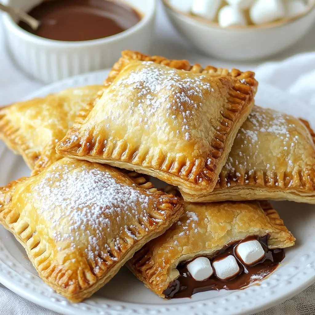 To make delicious S'Mores hand pies, gather these key ingredients: - 2 cups all-purpose flour - 1/4 cup granulated sugar - 1/2 teaspoon salt - 1/2 cup unsalted butter, cold and cubed - 1/4 cup cold water - 1 cup mini marshmallows - 1/2 cup semi-sweet chocolate chips - 1/2 cup crushed graham crackers - 1 egg, beaten (for egg wash) - 1 teaspoon vanilla extract These items create the perfect blend of sweet and crunchy flavors in your hand pies. You can add fun twists to your S'Mores hand pies. Consider these optional ingredients: - White chocolate chips for a different chocolate flavor - Peanut butter for a creamy filling - Cinnamon for a warm spice kick Feel free to mix and match to suit your taste! If you need alternatives, here are some swaps you can make: - Use whole wheat flour instead of all-purpose flour for a nutty taste. - Swap unsalted butter with coconut oil for a dairy-free option. - Try using dark chocolate chips if you prefer a richer flavor. These substitutions help you create a hand pie that fits your dietary needs or personal preferences. {{ingredient_image_1}} To start, gather your ingredients. You will need flour, sugar, salt, cold butter, and water. In a large bowl, mix together the flour, sugar, and salt. This gives your dough a nice base. Next, add the cold, cubed butter. Use your fingers or a pastry cutter to mix it until it looks like coarse crumbs. This step is key for a flaky crust. Slowly add cold water, one tablespoon at a time. Mix until the dough forms. Be gentle; overworking it can make it tough. Once ready, divide the dough into two disks, wrap them in plastic, and chill for at least 30 minutes. After chilling, preheat your oven to 375°F (190°C) and prepare two baking sheets with parchment paper. Roll out one disk of dough on a floured surface until it is about 1/8-inch thick. Use a cookie cutter or a glass to cut out 3-inch circles. On one half of each circle, place a few mini marshmallows, a sprinkle of crushed graham crackers, and some chocolate chips. Fold the other half over the filling. Press the edges firmly to seal them. For a fun touch, use a fork to crimp the edges. This helps keep the filling inside. Place the assembled hand pies onto your baking sheets. Brush the tops with the beaten egg for a golden finish. Bake them in the oven for 20 to 25 minutes. Keep an eye on them until they turn golden brown. Once they are done, take them out and let them cool slightly. This waiting time makes them easier to handle. Enjoy your delicious S'Mores Hand Pies warm or at room temperature! For a flaky crust, use cold butter. Cold butter creates small pockets that make your crust light. Mix the butter into the flour until it looks like coarse crumbs. Don’t overwork the dough; this helps keep it tender. After mixing, chill the dough for 30 minutes. This step firms up the butter and helps the crust stay flaky when baked. To get that perfect gooey filling, use mini marshmallows and chocolate chips. These melt well inside the pie. Make sure to add a sprinkle of crushed graham crackers. They add texture and help absorb some of the liquid. Don’t overfill the pies; too much filling can spill out while baking. Just a few marshmallows, chocolate chips, and graham cracker crumbs will do. For a beautiful presentation, serve your hand pies warm. Place them on a rustic wooden board. Dust the tops with powdered sugar for a sweet touch. A side of melted chocolate for dipping adds a fun element. You can also arrange fresh berries around the pies. This adds color and freshness to your dish. Pro Tips Chill Your Dough: Make sure to keep your dough cold while working with it. This helps maintain a flaky texture in your hand pies. Use High-Quality Chocolate: Opt for semi-sweet chocolate chips from a reputable brand for a richer flavor in your filling. Experiment with Flavors: Try adding a pinch of cinnamon or a dash of sea salt to the filling for an extra depth of flavor. Serve with Dipping Sauce: Pair your hand pies with a side of melted chocolate or caramel for an indulgent treat. {{image_2}} You can switch up the chocolate for your S'Mores hand pies. Try dark chocolate for a rich flavor. Milk chocolate gives a sweeter taste. You can even use white chocolate for a creamy twist. Each type adds a unique touch to the pie. Have fun mixing and matching! Want to give your hand pies a boost? Consider adding some flavor add-ins. A dash of cinnamon can bring warmth and spice. You might also try a spoonful of peanut butter for creaminess. Want a fruity touch? Add some raspberry or strawberry jam inside. These add-ins will make your pies stand out. If you're looking for healthier options, I have some ideas for you. Use whole wheat flour instead of all-purpose flour. This adds fiber and nutrients. You can use natural sweeteners like honey or maple syrup in place of sugar. Swap out mini marshmallows for homemade, healthier versions. These changes keep the fun while making them more nutritious! To keep your S'Mores hand pies fresh, store them in an airtight container. This helps prevent them from drying out. Place a piece of parchment paper between layers if you stack them. Store at room temperature for up to two days. If you want them to last longer, refrigerate them. They can stay fresh for up to a week in the fridge. When you're ready to enjoy leftovers, reheat them in the oven. Preheat your oven to 350°F (175°C). Place the hand pies on a baking sheet and warm them for about 10 minutes. This keeps them crispy. You can also use a microwave for quick reheating, but they may lose some crispiness. Heat them for about 20 seconds, checking to avoid overheating. Freezing these treats is an easy way to save them for later. First, let the hand pies cool completely. Then, wrap each pie in plastic wrap. Place them in a freezer-safe bag or container. They can last up to three months in the freezer. When you’re ready to eat, thaw them in the fridge overnight. Then, reheat them as mentioned above for that fresh-baked taste. Yes, you can make the dough ahead of time. Prepare it and wrap it in plastic wrap. Chill it in the fridge for up to two days. This way, you can save time when you are ready to bake. Just roll it out when you want to make the hand pies. To prevent the filling from spilling out, don't overfill the pies. Use a small amount of mini marshmallows, chocolate chips, and graham crackers. Make sure to seal the edges well. Crimp them with a fork to ensure they are tight. This keeps the gooey filling inside while baking. You can serve S'Mores Hand Pies with melted chocolate for dipping. A scoop of vanilla ice cream goes well too. For a fun touch, add some fresh strawberries or raspberries. These sides make the dessert even more enjoyable and delicious. You learned how to make delicious S'Mores Hand Pies. We covered the ingredients, step-by-step prep, and baking. I shared tips for a flaky crust and gooey filling. You can even customize flavors and learn storage tips. Try new chocolate types or healthier options for fun twists. With what you know now, you'll create tasty treats and impress friends. Enjoy baking these pies and make tasty memories!