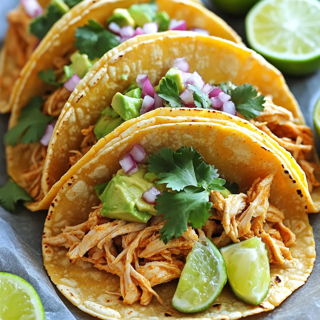 - 1 pound boneless, skinless chicken thighs - 2 tablespoons olive oil - 1 teaspoon ground cumin - 1 teaspoon smoked paprika - 1 teaspoon chili powder - 1 teaspoon garlic powder - 1 teaspoon onion powder - Salt and pepper to taste - 8 small corn tortillas The main ingredients are simple and flavorful. The chicken thighs give the tacos a nice texture. Olive oil helps the spices stick and adds richness. The spices create a warm, smoky flavor. Each one plays a role in making the chicken taste great. - 1 cup fresh cilantro, chopped - 1 cup diced red onion - 1 lime, cut into wedges - 1 avocado, sliced - Pickled jalapeños (optional for garnish) These optional garnishes add freshness and a pop of color. The cilantro brings a bright taste. Red onion provides crunch and sweetness. Lime juice adds acidity, which brightens the dish. Avocado gives creaminess, while jalapeños add heat if you like spice. When it comes to toppings, you can mix and match. Try a drizzle of salsa or some crumbled cheese. You can also add diced tomatoes or radishes for extra crunch. Fresh toppings enhance your tacos and make each bite exciting. Don't be afraid to experiment and find your favorite combination! To start, we need to marinate the chicken. Take a bowl and mix the olive oil, cumin, smoked paprika, chili powder, garlic powder, onion powder, salt, and pepper. This mix adds rich flavors. Next, add the chicken thighs to the bowl. Make sure each piece is coated well. Cover the bowl and let it sit in the fridge. Allow it to marinate for at least 30 minutes. You can also leave it for up to 4 hours for even more flavor. Now, it’s time to cook the chicken. Preheat your grill or skillet over medium-high heat. Take the marinated chicken out of the bowl. Place it on the hot grill or skillet. Cook each side for about 5-7 minutes. You want the chicken to be fully cooked. The juices should run clear. Use a meat thermometer to check the internal temperature. It should reach 165°F (75°C). After cooking, move the chicken to a cutting board. Let it rest for a few minutes. This helps keep it juicy. Use two forks to shred the chicken into bite-sized pieces. While the chicken rests, warm the corn tortillas. You can do this on the grill or in a skillet. Heat them for about 30 seconds on each side. They should be soft and slightly charred. Now for the fun part—assembling the tacos! Take a warm tortilla and add a generous amount of shredded chicken on top. Then, sprinkle diced red onion and chopped cilantro over the chicken. Add sliced avocado for creaminess. If you like a little heat, toss on some pickled jalapeños. Finally, squeeze fresh lime juice over everything. Enjoy your delicious chicken street tacos! Marinating chicken adds great flavor. Start by mixing olive oil, cumin, smoked paprika, chili powder, garlic powder, onion powder, salt, and pepper in a bowl. Add the chicken thighs and coat them well. Cover the bowl and let it sit in the fridge for at least 30 minutes. For more flavor, you can marinate it for up to 4 hours. This makes the chicken juicy and tasty. To get tender chicken, cook it over medium-high heat. Sear each side for 5-7 minutes. This helps to lock in the juices. Check the chicken's internal temperature with a meat thermometer. It should reach 165°F (75°C). Let the chicken rest for a few minutes after cooking. This keeps it moist and easy to shred. Warm your corn tortillas just before serving. You can heat them on a grill or in a skillet. Place each tortilla on the heat for about 30 seconds on each side. This makes them soft and adds a nice char. Warm tortillas make the tacos taste even better. {{image_2}} You can make these tacos spicier. Add chopped fresh chili or a dash of hot sauce. You might like serrano or jalapeño peppers. These peppers add heat and flavor. Try marinating the chicken with chili powder for more spice. Adjust the amount to match your taste. If you want a meatless option, use grilled veggies. Bell peppers, zucchini, and mushrooms work well. You can also use black beans or lentils for protein. Season them with the same spices as the chicken. This keeps the flavors similar and delicious. Toppings can change the flavor of your tacos. Try adding crumbled queso fresco for creaminess. You can also use chopped tomatoes or diced mango for sweetness. A drizzle of creamy chipotle sauce gives a nice kick. Explore different toppings to find your favorite mix. After enjoying your chicken street tacos, you may have some chicken left. To store it, let the chicken cool down first. Then, put it in an airtight container. It will stay fresh for up to four days in the fridge. If you want to keep it longer, freeze it. Just use a freezer bag or container. It can last for up to three months in the freezer. Tortillas can go stale quickly. To keep them fresh, wrap them in plastic wrap or foil. Store them in the fridge for up to a week. For longer storage, place them in the freezer. Just make sure to separate each tortilla with parchment paper. This way, they won’t stick together when you want to use them later. Reheating is easy and quick. For chicken, preheat your oven to 350°F (175°C). Place the chicken on a baking sheet and cover it with foil. Heat for about 10-15 minutes until warm. For tortillas, heat a skillet over medium heat. Warm each tortilla for about 30 seconds on each side. This will bring back their soft texture and make them tasty again. Yes, you can use chicken breast. Thighs have more fat. This makes them juicier and more flavorful. Chicken breast is leaner, so it may dry out faster. If you use breast, watch the cooking time closely. I love serving street tacos with fresh sides. Here are some great options: - Mexican rice for a hearty touch. - Black beans to add protein and fiber. - Corn salad for sweetness and crunch. - Chips and salsa for a fun snack. These sides pair well and add more flavor to your meal. To make chicken street tacos gluten-free, use corn tortillas. Most corn tortillas are gluten-free. Always check the label to be sure. Skip any sauces that contain gluten. You can also make a fresh salsa to add flavor without gluten. To find the best chicken street tacos, check local food blogs or apps. Sites like Yelp or Google Maps offer great reviews. Ask friends or family for their favorite spots too. Often, the best tacos come from small, local taquerias. In this article, we covered the key ingredients for chicken street tacos, along with tasty garnishes. You now know step-by-step instructions for marinating, cooking, and assembling your tacos. I shared important tips to enhance flavor and texture. You learned about exciting variations and how to store leftovers properly. Remember, tasty tacos are easy to make with fresh ingredients and a few simple steps. Enjoy every bite and share with friends!