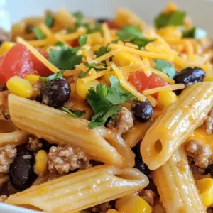 - 8 oz (about 2 cups) pasta: penne or rotini - 1 lb ground beef or ground turkey - 1 packet taco seasoning - 1 can (15 oz) black beans, rinsed and drained - 1 can (10 oz) diced tomatoes with green chilies - 1 cup corn, frozen or canned - 1 cup shredded cheddar cheese - 1/2 cup cream cheese, softened - 1 cup chicken or vegetable broth - Salt and pepper to taste These ingredients create the perfect balance of flavors. You can choose your pasta type based on what you like best. Penne offers a fun bite, while rotini holds sauce well. Ground beef gives a rich taste, but ground turkey is lighter. The canned goods are super handy. Black beans add protein and fiber. Diced tomatoes bring a nice tang. Corn adds sweetness and texture. Now, let's talk cheese! Cheddar gives a sharp, yummy flavor. Cream cheese makes the dish creamy and dreamy. Don't forget seasoning! Taco seasoning brings all those tasty spices together. Salt and pepper are your best friends here. A pinch of these enhances all flavors. - Fresh cilantro - Jalapeños, diced for heat For a fresh touch, add chopped cilantro on top. It brightens up the dish. If you like heat, diced jalapeños are a great choice. They add a nice kick. You can mix and match these toppings to make the dish your own! {{ingredient_image_1}} Start by boiling water in a large pot. Add salt to the water for flavor. Cook the pasta until it is al dente, which means it’s firm but not hard. This usually takes about 8-10 minutes. Stir the pasta often to prevent it from sticking. Once done, drain the pasta in a colander. Set it aside to cool slightly while you prepare the meat. In a large skillet, heat over medium heat. Add the ground beef to the skillet. Use a wooden spoon to break the beef apart as it cooks. This helps it brown evenly. Cook until the meat is no longer pink. Season the beef with salt and pepper to enhance its flavor. Browning the meat well adds a rich taste to the dish. Once the beef is cooked, stir in the taco seasoning. Add the canned diced tomatoes, black beans, corn, and chicken broth. Mix everything well. Bring the mixture to a simmer. This allows the flavors to blend. Next, add the softened cream cheese. Stir until it melts and creates a creamy base. This step is key for a rich, cheesy sauce. Now it’s time to combine everything! Add the cooked pasta into the skillet. Stir gently to mix the pasta with the sauce. Sprinkle the shredded cheddar cheese on top. Stir until the cheese melts and becomes gooey. If needed, cook for another 2-3 minutes. This warms the dish through. Taste and adjust seasoning if needed, then serve hot! To make the best Cheesy Taco Pasta, you can adjust the flavors with spices. If you like it spicy, add more taco seasoning or some chili powder. A pinch of cumin can add depth too. Taste as you go to find what you like best. Choosing the right pasta also matters. I prefer penne or rotini because they hold sauce well. Their shapes grab the cheesy goodness and taco flavors perfectly. One common mistake is overcooking the pasta. Cook it until it's al dente, so it stays firm. If you overcook it, the pasta becomes mushy and loses its bite. Another mistake is not browning the meat enough. You want to cook the ground beef well. This step adds flavor and texture to your dish. You can enhance flavor and texture with fun add-ins. Try bell peppers or onions for extra crunch and taste. Sauté them with the meat for the best results. Using different cheeses can also change the dish. Swap cheddar for pepper jack for a spicy kick. You could even add cream cheese for extra creaminess. Try mixing cheeses for a tasty twist! Pro Tips Cook Pasta Perfectly: Always cook your pasta al dente to prevent it from becoming mushy when mixed with the sauce. Customize Your Heat: Adjust the level of spiciness by adding more or fewer jalapeños based on your preference. Use Leftovers Wisely: This dish is great for using up leftover meats or beans from other meals; just chop them up and add. Garnish for Freshness: Always add fresh herbs like cilantro just before serving to enhance flavor and presentation. {{image_2}} For a vegetarian twist, swap the ground beef with lentils or mushrooms. Both options add great texture. You can also use tofu for protein. Instead of cream cheese, try cashew cream or a vegan cream cheese substitute. These options keep the dish rich and creamy. Add more veggies to boost nutrition. Consider bell peppers, zucchini, or spinach. These add color and flavor, making the dish even heartier. You can mix in your favorites to suit your taste. If you need a gluten-free dish, opt for gluten-free pasta. There are many great options made from rice, quinoa, or chickpeas. These pastas cook well and hold up nicely. To thicken the creamy base, use cornstarch or arrowroot powder mixed with water. This gives you the creamy texture without gluten. You can also try using a gluten-free flour to help thicken the sauce. Want to add some heat? Toss in diced jalapeños or a splash of hot sauce while cooking. You can also add red pepper flakes for a kick. Adjust the amount based on your heat tolerance. For a cheesy twist, try using spicy cheese, like pepper jack. You can also use taco seasoning that has added spice. This adds layers of flavor to your dish. To keep Cheesy Taco Pasta fresh, place it in an airtight container. Make sure it cools down before sealing. Store it in the fridge for up to three days. If you want to save it for later, you can freeze it too. Use a freezer-safe container and label it with the date. It will last up to three months in the freezer. To reheat Cheesy Taco Pasta, you can use the microwave or the stovetop. For the microwave, place the pasta in a bowl and cover it. Heat it for one to two minutes, stirring halfway through. On the stovetop, add a splash of broth to a skillet and heat over low. Stir gently until hot. To keep that creamy texture, add a little broth or cream cheese if needed. Stir well to mix everything evenly. This will help avoid a dry meal, making it just as tasty as when you first made it. You can easily adapt this recipe for a slow cooker. Here’s how: - Cook the meat: Brown the ground beef in a skillet first, then transfer it to the slow cooker. - Combine ingredients: Add the taco seasoning, diced tomatoes, black beans, corn, and chicken broth to the slow cooker. - Set the cooker: Cook on low for about 4 to 6 hours or on high for 2 to 3 hours. - Add cream cheese: Stir in the softened cream cheese about 30 minutes before serving. - Finish it off: Cook the pasta separately, then mix it into the slow cooker just before serving. Yes, you can prepare this dish ahead of time. Here are some tips: - Cook and cool: Make the entire dish, then cool it completely before storing. - Store properly: Keep it in an airtight container in the fridge for up to 3 days. - Freeze for later: You can also freeze the pasta for up to 2 months. Just thaw it before reheating. To add heat to your Cheesy Taco Pasta, consider these options: - Add jalapeños: Mix in diced jalapeños for a fresh kick. - Use spices: Try adding cayenne pepper or chili powder to boost the spice level. - Spicy cheese: Choose a spicy cheese blend for extra flavor. Yes, you can make a dairy-free version. Here are some substitutes: - Cream cheese: Use a dairy-free cream cheese alternative. - Cheddar cheese: Opt for a plant-based shredded cheese. - Broth: Ensure your broth is free from dairy. This blog post covered how to make Cheesy Taco Pasta, from the main ingredients to tips and tricks. You learned about cooking pasta, preparing meat, and combining flavors. I shared options for different diets, storage tips, and answers to common questions. In the end, this dish offers flexibility and fun for every palate. Enjoy making it your own and delight in the taste!