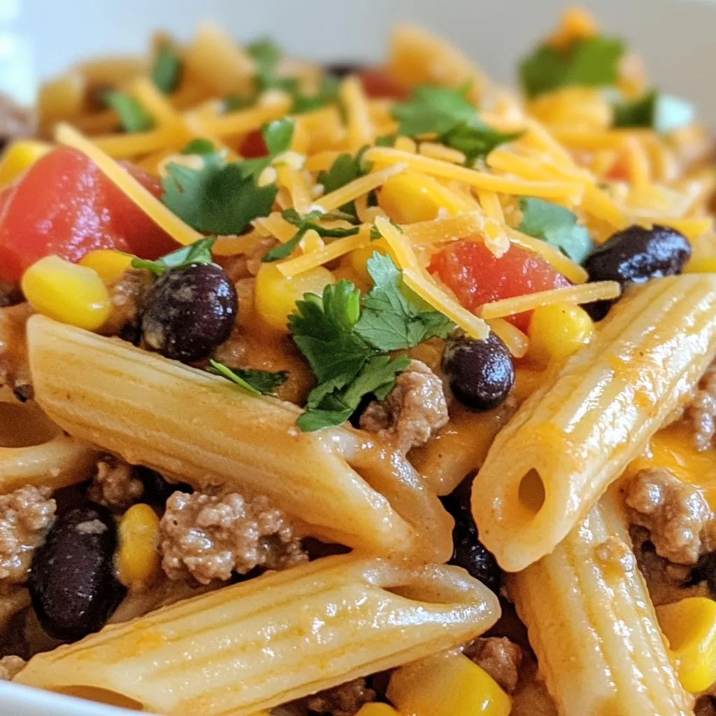 - 8 oz (about 2 cups) pasta: penne or rotini - 1 lb ground beef or ground turkey - 1 packet taco seasoning - 1 can (15 oz) black beans, rinsed and drained - 1 can (10 oz) diced tomatoes with green chilies - 1 cup corn, frozen or canned - 1 cup shredded cheddar cheese - 1/2 cup cream cheese, softened - 1 cup chicken or vegetable broth - Salt and pepper to taste These ingredients create the perfect balance of flavors. You can choose your pasta type based on what you like best. Penne offers a fun bite, while rotini holds sauce well. Ground beef gives a rich taste, but ground turkey is lighter. The canned goods are super handy. Black beans add protein and fiber. Diced tomatoes bring a nice tang. Corn adds sweetness and texture. Now, let's talk cheese! Cheddar gives a sharp, yummy flavor. Cream cheese makes the dish creamy and dreamy. Don't forget seasoning! Taco seasoning brings all those tasty spices together. Salt and pepper are your best friends here. A pinch of these enhances all flavors. - Fresh cilantro - Jalapeños, diced for heat For a fresh touch, add chopped cilantro on top. It brightens up the dish. If you like heat, diced jalapeños are a great choice. They add a nice kick. You can mix and match these toppings to make the dish your own! {{ingredient_image_1}} Start by boiling water in a large pot. Add salt to the water for flavor. Cook the pasta until it is al dente, which means it’s firm but not hard. This usually takes about 8-10 minutes. Stir the pasta often to prevent it from sticking. Once done, drain the pasta in a colander. Set it aside to cool slightly while you prepare the meat. In a large skillet, heat over medium heat. Add the ground beef to the skillet. Use a wooden spoon to break the beef apart as it cooks. This helps it brown evenly. Cook until the meat is no longer pink. Season the beef with salt and pepper to enhance its flavor. Browning the meat well adds a rich taste to the dish. Once the beef is cooked, stir in the taco seasoning. Add the canned diced tomatoes, black beans, corn, and chicken broth. Mix everything well. Bring the mixture to a simmer. This allows the flavors to blend. Next, add the softened cream cheese. Stir until it melts and creates a creamy base. This step is key for a rich, cheesy sauce. Now it’s time to combine everything! Add the cooked pasta into the skillet. Stir gently to mix the pasta with the sauce. Sprinkle the shredded cheddar cheese on top. Stir until the cheese melts and becomes gooey. If needed, cook for another 2-3 minutes. This warms the dish through. Taste and adjust seasoning if needed, then serve hot! To make the best Cheesy Taco Pasta, you can adjust the flavors with spices. If you like it spicy, add more taco seasoning or some chili powder. A pinch of cumin can add depth too. Taste as you go to find what you like best. Choosing the right pasta also matters. I prefer penne or rotini because they hold sauce well. Their shapes grab the cheesy goodness and taco flavors perfectly. One common mistake is overcooking the pasta. Cook it until it's al dente, so it stays firm. If you overcook it, the pasta becomes mushy and loses its bite. Another mistake is not browning the meat enough. You want to cook the ground beef well. This step adds flavor and texture to your dish. You can enhance flavor and texture with fun add-ins. Try bell peppers or onions for extra crunch and taste. Sauté them with the meat for the best results. Using different cheeses can also change the dish. Swap cheddar for pepper jack for a spicy kick. You could even add cream cheese for extra creaminess. Try mixing cheeses for a tasty twist! Pro Tips Cook Pasta Perfectly: Always cook your pasta al dente to prevent it from becoming mushy when mixed with the sauce. Customize Your Heat: Adjust the level of spiciness by adding more or fewer jalapeños based on your preference. Use Leftovers Wisely: This dish is great for using up leftover meats or beans from other meals; just chop them up and add. Garnish for Freshness: Always add fresh herbs like cilantro just before serving to enhance flavor and presentation. {{image_2}} For a vegetarian twist, swap the ground beef with lentils or mushrooms. Both options add great texture. You can also use tofu for protein. Instead of cream cheese, try cashew cream or a vegan cream cheese substitute. These options keep the dish rich and creamy. Add more veggies to boost nutrition. Consider bell peppers, zucchini, or spinach. These add color and flavor, making the dish even heartier. You can mix in your favorites to suit your taste. If you need a gluten-free dish, opt for gluten-free pasta. There are many great options made from rice, quinoa, or chickpeas. These pastas cook well and hold up nicely. To thicken the creamy base, use cornstarch or arrowroot powder mixed with water. This gives you the creamy texture without gluten. You can also try using a gluten-free flour to help thicken the sauce. Want to add some heat? Toss in diced jalapeños or a splash of hot sauce while cooking. You can also add red pepper flakes for a kick. Adjust the amount based on your heat tolerance. For a cheesy twist, try using spicy cheese, like pepper jack. You can also use taco seasoning that has added spice. This adds layers of flavor to your dish. To keep Cheesy Taco Pasta fresh, place it in an airtight container. Make sure it cools down before sealing. Store it in the fridge for up to three days. If you want to save it for later, you can freeze it too. Use a freezer-safe container and label it with the date. It will last up to three months in the freezer. To reheat Cheesy Taco Pasta, you can use the microwave or the stovetop. For the microwave, place the pasta in a bowl and cover it. Heat it for one to two minutes, stirring halfway through. On the stovetop, add a splash of broth to a skillet and heat over low. Stir gently until hot. To keep that creamy texture, add a little broth or cream cheese if needed. Stir well to mix everything evenly. This will help avoid a dry meal, making it just as tasty as when you first made it. You can easily adapt this recipe for a slow cooker. Here’s how: - Cook the meat: Brown the ground beef in a skillet first, then transfer it to the slow cooker. - Combine ingredients: Add the taco seasoning, diced tomatoes, black beans, corn, and chicken broth to the slow cooker. - Set the cooker: Cook on low for about 4 to 6 hours or on high for 2 to 3 hours. - Add cream cheese: Stir in the softened cream cheese about 30 minutes before serving. - Finish it off: Cook the pasta separately, then mix it into the slow cooker just before serving. Yes, you can prepare this dish ahead of time. Here are some tips: - Cook and cool: Make the entire dish, then cool it completely before storing. - Store properly: Keep it in an airtight container in the fridge for up to 3 days. - Freeze for later: You can also freeze the pasta for up to 2 months. Just thaw it before reheating. To add heat to your Cheesy Taco Pasta, consider these options: - Add jalapeños: Mix in diced jalapeños for a fresh kick. - Use spices: Try adding cayenne pepper or chili powder to boost the spice level. - Spicy cheese: Choose a spicy cheese blend for extra flavor. Yes, you can make a dairy-free version. Here are some substitutes: - Cream cheese: Use a dairy-free cream cheese alternative. - Cheddar cheese: Opt for a plant-based shredded cheese. - Broth: Ensure your broth is free from dairy. This blog post covered how to make Cheesy Taco Pasta, from the main ingredients to tips and tricks. You learned about cooking pasta, preparing meat, and combining flavors. I shared options for different diets, storage tips, and answers to common questions. In the end, this dish offers flexibility and fun for every palate. Enjoy making it your own and delight in the taste!