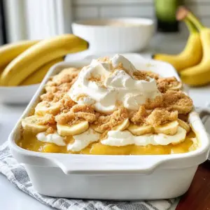To make Southern Banana Pudding Cobbler, you need simple and fresh ingredients. Here’s what you'll gather: - 4 ripe bananas, sliced - 1 box vanilla pudding mix (3.4 oz) - 2 cups milk - 1 teaspoon vanilla extract - 1 cup crushed vanilla wafers, plus extra for topping - 1 cup all-purpose flour - 1 cup sugar - 1 tablespoon baking powder - ½ teaspoon salt - ½ cup unsalted butter, melted - 1 cup buttermilk (or 1 cup milk with 1 tablespoon vinegar) - Whipped cream for serving These ingredients work together to create layers of creamy goodness. The ripe bananas add a sweet, fruity taste. The vanilla pudding mix makes it rich and smooth. The crushed vanilla wafers give it a nice crunch. You can use any milk you have on hand, or buttermilk for a richer flavor. The sugar adds sweetness, while the flour helps bind everything. Baking powder makes it rise, giving it a lovely texture. Gather all your ingredients before starting. This way, you stay organized and have everything at your fingertips. The right mix of these elements makes your cobbler a true Southern delight. {{ingredient_image_1}} First, preheat your oven to 350°F (175°C). This step is key to getting a nice, even bake. In a medium bowl, take your vanilla pudding mix. Add 2 cups of milk and 1 teaspoon of vanilla extract. Stir well until the mixture is smooth. Set this pudding aside for now. In another large bowl, combine the dry ingredients. You will need 1 cup of crushed vanilla wafers, 1 cup of all-purpose flour, 1 cup of sugar, 1 tablespoon of baking powder, and ½ teaspoon of salt. Mix these dry ingredients well until they are fully blended. Now it’s time to add your wet ingredients. Pour in ½ cup of melted unsalted butter and 1 cup of buttermilk. If you don’t have buttermilk, mix 1 cup of milk with 1 tablespoon of vinegar. Stir everything together until you get a smooth batter. Next, grab a greased 9x13 inch baking dish. Pour the batter into the dish, spreading it evenly. On top of the batter, layer 4 ripe bananas, sliced. Make sure to space them out nicely. Then, spoon your prepared vanilla pudding over the bananas. Cover them completely for a rich flavor. Before baking, sprinkle extra crushed vanilla wafers on top. This adds a nice crunch. Place your cobbler in the preheated oven and bake for 30-35 minutes. Keep an eye on it—when the top is golden, and a toothpick comes out clean, it’s done! Let it cool for a few minutes before serving. Enjoy it warm or at room temperature with whipped cream on top. To get the best pudding, mix it well. Use cold milk and vanilla extract. Stir until smooth and creamy. Let it sit for a few minutes. This helps it thicken up nicely. If it seems too runny, add a touch more pudding mix. Always taste for sweetness. You want it to be just right. A great cobbler is soft and moist. Make sure to mix your dry ingredients well. This includes flour, sugar, and baking powder. Then, add your melted butter and buttermilk. Mix until it's smooth but don’t overmix. The batter should be thick, but pourable. Spread it evenly in your baking dish for the best results. Serve your Southern Banana Pudding Cobbler warm. Top it with a big dollop of whipped cream. You can also add extra crushed vanilla wafers on top. This adds a nice crunch. Pair it with a scoop of vanilla ice cream for a treat. Enjoy it with friends or family for a sweet ending to any meal. Pro Tips Choose Ripe Bananas: Make sure your bananas are perfectly ripe for the sweetest flavor and best texture in your cobbler. Homemade Buttermilk Substitute: If you don’t have buttermilk, mix regular milk with vinegar or lemon juice and let it sit for 5-10 minutes before using. Layering Techniques: For a more even distribution of flavors, layer the bananas and pudding gently so they don’t mix too much. Serving Suggestions: Serve with a generous scoop of whipped cream or a scoop of vanilla ice cream for an extra treat! {{image_2}} You can change the bananas in this recipe. Try using ripe peaches or berries. They add a nice twist. For a tropical vibe, use sliced mango or pineapple. Each fruit brings its own flavor. Just remember to slice them thin. This helps them cook well. While vanilla pudding shines here, feel free to mix it up. Try chocolate pudding for a rich treat. Or use butterscotch pudding for a sweet twist. You can even go for a strawberry pudding. Each flavor changes the taste, making it fun to explore. For gluten-free, swap all-purpose flour with a gluten-free blend. This keeps the texture nice. You can also use gluten-free vanilla wafers. If you need a dairy-free version, use almond milk instead of regular milk. Coconut milk works well too. It adds a unique taste. These swaps help everyone enjoy this dessert. Store your Southern Banana Pudding Cobbler in the fridge. Use an airtight container to keep it fresh. It can last up to five days. The cold helps maintain the texture of the pudding and keeps the bananas from browning too quickly. If you notice the bananas changing color, cover them with a bit of whipped cream. This adds sweetness and keeps them looking great. You can freeze this cobbler if you have leftovers. Cut it into portions and wrap each piece tightly in plastic wrap. Place the wrapped portions in a freezer bag. It will stay good for about two months. When you're ready to eat it, thaw it in the fridge overnight. Avoid refreezing once it has thawed to keep the taste and texture nice. To reheat, place individual servings in the microwave. Heat for about 30 seconds, then check if it's warm. If not, heat again in short bursts. You can also reheat the whole dish in the oven. Preheat to 350°F (175°C) and cover it with foil. Bake for about 15-20 minutes. Add whipped cream on top after reheating for extra creaminess. Enjoy every delicious bite! Yes, you can use different bananas. Look for ripe bananas for the best taste. They should be yellow with some brown spots. You can also use plantains, but they will change the flavor a bit. The sweetness and softness of ripe bananas work best here. Cobbler and pudding are both delicious, but they are different. Cobbler has a cake-like base with fruit on top. It often has a crunchy layer from baked dough or cookies. Pudding, on the other hand, is creamy and smooth. It usually has a custard base. In Southern Banana Pudding Cobbler, you get both textures, which is what makes it special! You can store Southern Banana Pudding Cobbler for up to three days. Keep it in the fridge for the best taste. Cover it with plastic wrap or foil to keep it fresh. If you want to enjoy it later, you can freeze it for up to a month. Just thaw it in the fridge overnight before serving. This blog post covered all the key steps to make a Southern Banana Pudding Cobbler. We discussed ingredients, step-by-step baking instructions, and tips for perfecting your dessert. You learned about variations to try, storage options, and answered common questions. Creating this dessert can be fun and tasty. With ripe bananas and crunchy wafers, you can impress anyone. Enjoy making your cobbler, and remember to share your delicious results!