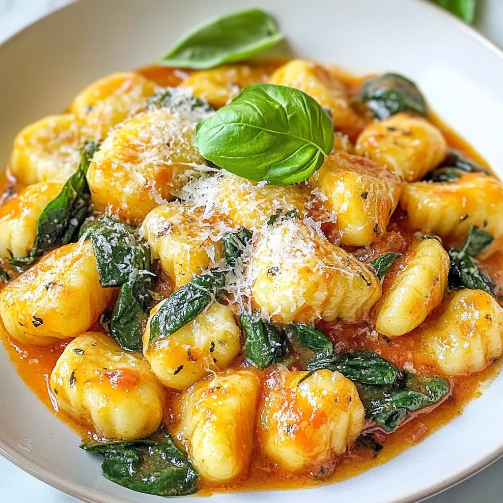 - 1 pound gnocchi (store-bought or homemade) - 2 tablespoons olive oil - 2 cloves garlic, minced - 1 can (14 oz) diced tomatoes, undrained - 3 cups fresh spinach, roughly chopped - 1 teaspoon dried oregano - Salt and pepper to taste - ½ cup grated Parmesan cheese (or a dairy-free alternative) - 1 teaspoon crushed red pepper flakes (for heat) - Fresh basil leaves (for garnish) You can swap gnocchi for pasta if needed. Use canned tomatoes in juice for easy prep. Instead of olive oil, try avocado oil for a different flavor. For a dairy-free option, skip the cheese or use a vegan brand. Fresh spinach can be replaced with frozen spinach; just thaw and drain it well. {{ingredient_image_1}} This dish comes together quickly. You need about 10 minutes to prep and 20 minutes to cook. Gather your ingredients first. This saves time and keeps you organized. 1. Start by heating 2 tablespoons of olive oil in a large skillet over medium heat. 2. Once the oil is hot, add 2 cloves of minced garlic. Sauté it for 30 seconds. You want it fragrant but not burnt. 3. Next, pour in a can of diced tomatoes. Keep the juices for flavor. Stir in 1 teaspoon of dried oregano and crushed red pepper flakes if you like heat. Let this simmer for 5 minutes. 4. While the tomato mix cooks, boil salted water in another pot. Add 1 pound of gnocchi and cook it for 2-3 minutes. The gnocchi is done when it floats. Drain it well and set aside. 5. After 5 minutes, stir in 3 cups of chopped spinach. Let it wilt for about 2 minutes. 6. Now add the cooked gnocchi to the skillet. Mix well with the sauce. Season with salt and pepper to taste. 7. Remove from heat and sprinkle ½ cup of grated Parmesan cheese on top. Stir gently to mix and let the cheese melt slightly. 8. Serve hot! Garnish with fresh basil leaves for a pop of color and flavor. - Prepare the ingredients while the oil heats. This keeps everything flowing. - Start cooking the gnocchi as soon as you add the tomatoes to the skillet. - Timing is key. You want the gnocchi ready when the sauce is done. - If you need extra flavor, add fresh herbs at the end. They brighten up the dish. To cook gnocchi well, use plenty of water. Salt the water well; this adds flavor. Cook the gnocchi until they float. This usually takes 2-3 minutes. Do not overcook them. If you do, they become mushy. Drain them gently and set aside. To boost flavor, add fresh herbs like basil and parsley. They add brightness to the dish. You can also use more garlic for a richer taste. If you like heat, add more crushed red pepper flakes. A splash of balsamic vinegar can deepen the flavor as well. Serve straight from the skillet for a cozy touch. This looks rustic and inviting. For a fancier look, scoop into bowls. Top with extra basil and a drizzle of olive oil. This adds a nice shine and extra flavor. Enjoy your meal with a side of crusty bread to soak up the sauce! Pro Tips Choosing Gnocchi: Opt for fresh gnocchi if possible; it has a lighter texture compared to shelf-stable varieties. Enhancing Flavor: Incorporate fresh herbs like thyme or rosemary to elevate the dish's flavor profile. Serving Suggestions: Pair with a side salad or crusty bread to make a complete meal. Storage Tips: Store leftovers in an airtight container in the fridge for up to 3 days; reheat gently to avoid overcooking the gnocchi. {{image_2}} You can easily boost this dish by adding protein. Chicken is a great choice. Simply cook bite-sized pieces in the skillet before adding garlic. Cook until the chicken is browned. For shrimp, add them just after the tomatoes. They cook quickly and add a nice touch. Both options make this dish more filling and tasty. This recipe is easy to adapt for vegetarians and vegans. To keep it vegetarian, just stick to the original recipe. For a vegan version, swap the Parmesan cheese with a dairy-free alternative. Nutritional yeast can add a cheesy flavor. You can also increase the spinach or add other veggies like bell peppers or mushrooms for more nutrition. If you want a gluten-free meal, choose gluten-free gnocchi. Many brands are available in stores. They taste great and cook similarly to regular gnocchi. Make sure to check the labels for allergens. This way, everyone can enjoy the dish without worry. To keep your Quick Tomato Spinach Gnocchi Skillet fresh, store leftovers in an airtight container. Let the dish cool down at room temperature first. Then, place it in the fridge for up to three days. This keeps the flavors intact. When you're ready to eat the leftovers, reheat gently. You can use the stove or microwave. If using the stove, warm it in a skillet over low heat. Stir occasionally until hot. If using a microwave, heat in short bursts of 30 seconds. Stir in between to avoid hot spots. If you want to save it for later, freezing is a great option. Place the cooled gnocchi skillet in a freezer-safe container. Seal it tightly to prevent freezer burn. This dish can last up to three months in the freezer. To enjoy later, thaw it overnight in the fridge before reheating. You can use store-bought gnocchi or make your own. I often choose store-bought for speed. Look for fresh or frozen gnocchi in the pasta aisle. Fresh gnocchi cooks fast and has a soft texture. Frozen gnocchi works well too; just follow the package instructions. Yes, you can prepare this dish ahead. Cook the gnocchi and sauce, then store them separately. Keep the gnocchi in an airtight container in the fridge. The sauce can also be stored for up to three days. Reheat both before serving. This keeps everything fresh and tasty. Gnocchi cooks fast. Boil them until they float. This usually takes about 2-3 minutes. Once they rise to the surface, they are ready. You can also taste one to check for doneness. If it’s soft, it’s perfect! In this post, we explored the key ingredients for gnocchi, including required and optional items. I shared step-by-step instructions to make it easy. You learned essential tips for perfecting your dish and exciting variations to try. We also discussed how to store leftovers and answered common questions. Remember, making gnocchi can be fun and rewarding. Use these tips to create your own version. Enjoy your cooking and share your delicious gnocchi with friends!
