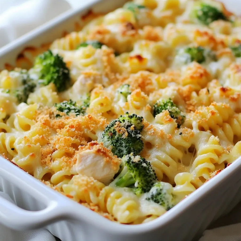 To make a tasty Chicken and Broccoli Alfredo Bake, you need some key ingredients. Here’s what you should gather: - 2 cups cooked rotini pasta - 1 pound boneless, skinless chicken breasts, diced - 2 cups fresh broccoli florets - 2 tablespoons olive oil - 3 cloves garlic, minced - 2 cups Alfredo sauce (you can buy it or make your own) - 1 cup shredded mozzarella cheese - 1/2 cup grated Parmesan cheese - Salt and pepper to taste - 1 teaspoon Italian seasoning These items create the base for this creamy, cheesy dish that you will love. You can add a few optional items to boost the taste even more: - 1/4 cup breadcrumbs (for a crispy topping) - Fresh chopped parsley or basil (for garnish) These additions can give your dish a fun twist, adding texture and color. You may want to adjust some ingredients based on your taste or what you have at home. Here are some common swaps: - You can use any pasta shape you love, like penne or fusilli. - For a leaner meal, you can swap chicken for turkey or tofu. - If you want more veggies, add bell peppers, spinach, or carrots. These changes can help you create a dish that fits your preferences and pantry. {{ingredient_image_1}} First, preheat your oven to 350°F (175°C). This step is key for even baking. While the oven heats, prepare the broccoli. In a large pot, bring water to a boil. Add salt to the water. Once it boils, add the fresh broccoli florets. Blanch them for 2-3 minutes. You want them bright green and tender-crisp. After that, drain the broccoli and set it aside. Next, we cook the chicken. In the same pot, add 2 tablespoons of olive oil. Heat it over medium heat. Add the diced chicken and sauté for about 6-8 minutes. Cook until the chicken is no longer pink. This gives it a nice flavor. After the chicken is cooked, add 3 minced garlic cloves. Sauté for one more minute. The garlic will smell great! Season with salt, pepper, and 1 teaspoon of Italian seasoning. This adds depth to the dish. Now, it's time to mix everything together. Stir in the cooked rotini pasta and the blanched broccoli. Pour in 2 cups of Alfredo sauce. Mix well until everything is coated in sauce. This step makes the dish rich and creamy. Transfer the mixture to a greased 9x13 inch baking dish. Next, sprinkle 1 cup of shredded mozzarella cheese on top. Add 1/2 cup of grated Parmesan cheese as well. For extra crunch, sprinkle 1/4 cup of breadcrumbs on top, if desired. Bake in the oven for 25-30 minutes. Look for bubbly and golden cheese as a sign it's done. Once baked, let it cool for a few minutes before serving. Enjoy your flavorful Chicken and Broccoli Alfredo Bake! To make the best Alfredo sauce, you can use store-bought or homemade. I like to use fresh ingredients for rich flavor. If you go with homemade, use heavy cream, butter, and cheese. Cook the sauce over low heat. Stir it often to keep it smooth. For added depth, try mixing in garlic or herbs. This makes the sauce special and tasty. To keep broccoli crisp, blanch it quickly. Boil water and add salt first. Cook the broccoli for just 2-3 minutes. It should be bright green and tender-crisp. After cooking, drain and rinse it in cold water. This stops the cooking process. You want it to stay firm in the bake. When layering the bake, start with the pasta and sauce mix. Spread it evenly in the dish. Next, add the broccoli and chicken. Make sure they are well-distributed. This helps every bite have good flavor. Finally, top it with cheese and breadcrumbs. This adds a nice crunch and a cheesy finish. Pro Tips Cook Chicken Thoroughly: Ensure the chicken is cooked until it reaches an internal temperature of 165°F (75°C) for food safety. Customize Your Veggies: Feel free to add other vegetables such as bell peppers or spinach for added flavor and nutrition. Make It Ahead: Prepare the dish in advance, cover it, and refrigerate. Just pop it in the oven when you're ready to serve. Perfect the Cheese Top: For an extra crispy topping, broil the bake for a few minutes after baking to achieve a golden brown crust. {{image_2}} You can make this dish healthier. For a low-carb version, swap the rotini pasta for zucchini noodles. This keeps the meal light and fresh. For a gluten-free option, use gluten-free pasta. There are many good brands available now. Check the package to ensure it fits your needs. You can also try a cauliflower mash instead of pasta. It gives a nice texture and flavor. You can change the cheeses to fit your taste. Instead of mozzarella, use gouda for a smoky flavor. Cheddar also works great for a sharper taste. If you want more veggies, try adding bell peppers or spinach. Both add color and nutrients. You can even mix in some mushrooms for an earthy taste. Have fun with different combinations! Adding herbs or spices can really change your dish. Fresh basil or parsley adds a bright flavor. You can sprinkle them on top right before serving. For a little heat, add red pepper flakes. If you enjoy Italian flavors, use more Italian seasoning. A squeeze of lemon juice can also brighten the entire dish. Don’t be afraid to experiment with what you love! To keep your Chicken and Broccoli Alfredo Bake fresh, let it cool first. Once cooled, place it in an airtight container. It will last in the fridge for about three to four days. Make sure to label the container with the date. If you have more leftovers, consider dividing them into smaller portions. This way, you can grab a serving easily. For the best taste, reheat your Chicken and Broccoli Alfredo Bake in the oven. Preheat your oven to 350°F (175°C). Place the dish in the oven for about 15-20 minutes. Cover it with foil to keep it moist. You can also reheat it in the microwave. Use a microwave-safe dish and cover it loosely. Heat it in one-minute bursts until it's hot all the way through. If you want to keep it longer, you can freeze the bake. First, let it cool completely. Then, wrap it tightly in plastic wrap and foil. This helps prevent freezer burn. It can last for up to three months in the freezer. When you are ready to eat, thaw it overnight in the fridge. Then, reheat it in the oven for a delicious meal. Yes, you can use different types of pasta. Rotini works well, but so do penne or fusilli. Choose a pasta shape that holds sauce well. This way, each bite tastes great. To make this dish vegetarian, replace chicken with more veggies. You can add mushrooms, bell peppers, or zucchini. Use vegetable broth in place of any chicken broth. This keeps the flavor rich without meat. To reheat, use an oven for even heating. Preheat to 350°F (175°C). Place the bake in a dish, cover with foil, and heat for about 15-20 minutes. This keeps it moist and cheesy. You can also use a microwave, but check often to avoid drying it out. This blog post covered how to make a delicious Chicken and Broccoli Alfredo Bake. You learned about essential and optional ingredients, with tips for perfect sauce and avoiding mushy broccoli. We also discussed various healthy alternatives and how to store and reheat leftovers. Cooking can be simple and fun. With these steps, you can enjoy a tasty meal any time!