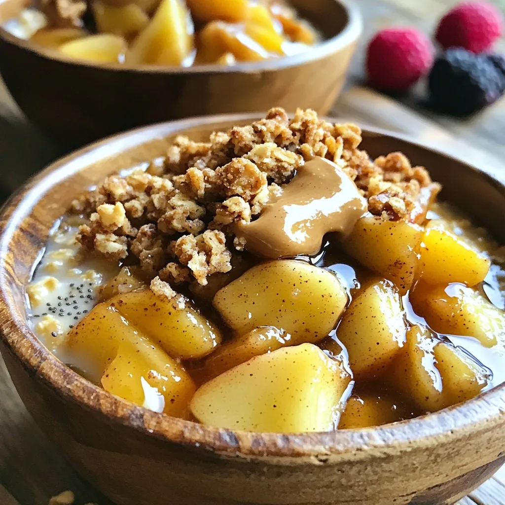 To create a delicious Cinnamon Apple Crumble Breakfast Bowl, gather these key ingredients: - 2 large apples, peeled and diced - 1 teaspoon ground cinnamon - 2 tablespoons maple syrup - 1 cup rolled oats - ½ cup almond milk (or any milk of choice) - 1 tablespoon chia seeds - ¼ cup walnuts, chopped - 2 tablespoons almond butter (or peanut butter) - 1 tablespoon coconut oil - 1 tablespoon brown sugar (or coconut sugar) - A pinch of salt - Fresh berries (for topping, optional) These ingredients blend well to create a warm, comforting breakfast. The apples provide a sweet and tart base. Ground cinnamon adds a warm spice that makes everything feel cozy. Maple syrup brings natural sweetness, while rolled oats offer a hearty base. You can choose almond milk or any milk you like. Chia seeds boost nutrition and help thicken the oatmeal. The walnuts add a nice crunch, and almond butter gives a creamy touch. Coconut oil adds richness and flavor. Brown sugar enhances sweetness, and a pinch of salt balances the taste. Finally, fresh berries on top add a pop of color and flavor. This mix of ingredients makes each bite a delightful experience. Enjoy the fun of creating this breakfast bowl! Start by melting 1 tablespoon of coconut oil in a medium saucepan over medium heat. Once the oil is melted, add 2 large diced apples to the pan. Stir in 1 teaspoon of ground cinnamon and 2 tablespoons of maple syrup. This mix gives the apples a sweet, warm flavor. Cook the apples for about 5 to 7 minutes. Stir them often until they become soft and caramelized. If you want extra caramelization, let them cook a bit longer. Just keep an eye on them! In another pot, combine 1 cup of rolled oats, ½ cup of almond milk, 1 tablespoon of chia seeds, and a pinch of salt. Bring the mix to a gentle boil on medium heat. Once it starts boiling, lower the heat to low and let it simmer. Stir occasionally for about 5 minutes. You want the oatmeal to be creamy but not too thick. If it gets too thick, you can add a splash more almond milk. While the oatmeal cooks, grab a small bowl. Mix ¼ cup of chopped walnuts with 1 tablespoon of brown sugar. This will create a crunchy topping. For the best crunch, use a fork to break up any big clumps of walnuts. You want even bits for the perfect texture. Once the oatmeal is ready, spoon it into serving bowls. Layer the caramelized apples on top. Then, sprinkle the walnut crumble over everything. For a finishing touch, add a dollop of 2 tablespoons of almond butter on each bowl. If you like, you can also add fresh berries on top for color and flavor. This makes your breakfast bowl look and taste amazing! To get the best caramelized apples, you need the right heat. Start cooking on medium heat. This will help the apples soften but not burn. Stir them often. Cook for about 5 to 7 minutes. You want them soft and golden. If they cook too fast, lower the heat. A gentle simmer works wonders for flavor. For creamy oatmeal, almond milk is your friend. Use ½ cup for this recipe. If you want thicker oatmeal, reduce the milk slightly. If you like it runnier, add more milk. Stir it while it cooks to keep it smooth. Let it simmer for about 5 minutes. This helps the oats absorb the milk well. For a pretty breakfast bowl, use rustic bowls. Start with a base of oatmeal. Then, layer the caramelized apples on top. Next, sprinkle the walnut crumble over everything. A dollop of almond butter adds richness. For color, add fresh berries on top. A light sprinkle of cinnamon finishes it off nicely. This makes your bowl not just tasty but also beautiful! {{image_2}} You can swap out maple syrup for honey or agave syrup. These sweeteners add a nice flavor. If you have nut allergies, use sunflower seed butter instead of almond or peanut butter. This keeps the dish safe while still tasty. Try adding sliced bananas, strawberries, or blueberries on top. These fruits add freshness and flavor. You can also use cashew butter or tahini as different nut butter options. Each adds a unique twist to your bowl. To keep it vegan, ensure your milk choice is plant-based. Almond milk works great, but oat milk can be yummy too. For gluten-free options, choose certified gluten-free oats. They are safe and full of fiber, making your breakfast bowl wholesome and hearty. To keep your Cinnamon Apple Crumble Breakfast Bowl fresh, store it in an airtight container. Place it in the fridge if you plan to eat it within two days. This keeps the oats and apples tasty. If you want to keep it longer, consider freezing components instead. When reheating, do it gently. Use a microwave or a saucepan over low heat. Add a splash of almond milk if it seems dry. Stir often, so it warms evenly. This helps maintain a good texture. You want soft oats and tender apples, not mushy. You can freeze both the apples and the oats. To freeze apples, cool them first. Then, place them in a freezer-safe bag. For oats, let them cool too, then store in a separate bag. When ready to eat, thaw overnight in the fridge before reheating. This method preserves flavor and texture well. I recommend using sweet apples like Fuji or Gala. They add natural sweetness and flavor. Tart apples like Granny Smith can work too, but they will give a different taste. Choose based on your preference for sweet or tangy. Yes, you can! Prepare the apples and oatmeal in advance. Store them in the fridge. When you're ready, just heat them up. This makes busy mornings easier. You can add vanilla extract or nutmeg for extra flavor. If you like it sweeter, add more maple syrup. For a nutty taste, try different nuts or seeds in the crumble. Absolutely! This breakfast bowl is great for meal prep. You can make multiple servings. Just store them in containers. It stays fresh for a few days in the fridge. Yes, you can boost the protein! Add Greek yogurt or protein powder to the oatmeal. Chia seeds also add protein and fiber. This makes your breakfast more filling and nutritious. This breakfast bowl combines delicious and healthy ingredients, like apples, oats, and nuts. We explored step-by-step instructions to cook the apples, prepare oatmeal, and create a crunchy topping. I shared tips for making your dish perfect and suggested tasty variations. Lastly, we covered storage info to keep leftovers fresh. Remember, this breakfast is easy to customize. Feel free to switch ingredients and find what you love. Enjoy making this meal your own!