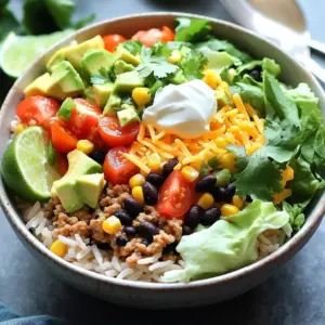 To make a tasty taco rice bowl, gather these ingredients: - 1 cup jasmine rice - 1 pound ground turkey (or beef) - 1 packet taco seasoning - 1 cup black beans, drained and rinsed - 1 cup corn kernels (fresh or frozen) - 1 cup diced tomatoes (canned or fresh) - 1 cup shredded lettuce - 1 avocado, diced - ½ cup shredded cheddar cheese - ¼ cup sour cream - 2 tablespoons olive oil - Fresh cilantro for garnish - Lime wedges for serving - Salt and pepper to taste These ingredients work together to create rich flavors in your bowl. You will need a few tools to make this meal: - Saucepan for cooking rice - Skillet for cooking meat - Spoon for mixing - Measuring cups and spoons - Serving bowls for assembly - Fork for fluffing rice These tools help make the cooking process smooth and easy. When you shop for ingredients, keep these tips in mind: - Choose jasmine rice that is free of cracks or broken grains. - Look for ground turkey or beef that is bright and firm. - Pick black beans that are shiny, with no dents on the can. - If using fresh corn, select ears that feel heavy and firm. - For tomatoes, pick ones that are ripe and fragrant. - Select lettuce with crisp leaves and no brown spots. - Choose avocados that yield slightly when pressed but are not too soft. Fresh ingredients make your taco rice bowl taste its best. To start, rinse 1 cup of jasmine rice under cold water. Keep rinsing until the water runs clear. This step helps remove extra starch. Next, bring 2 cups of water to a boil in a saucepan. Add the rinsed rice and cover the pot. Lower the heat to a simmer for about 15 minutes. The rice will absorb all the water. After 15 minutes, remove the pot from heat. Let it sit covered for 5 more minutes. Finally, fluff the rice with a fork. While the rice cooks, heat 2 tablespoons of olive oil in a skillet over medium heat. Add 1 pound of ground turkey or beef to the skillet. Sprinkle in the taco seasoning from the packet. Cook the meat for about 5 to 7 minutes. Break the meat apart with a spoon as it cooks. Make sure it turns a nice brown color. Once the meat is browned, mix in 1 cup of black beans and 1 cup of corn kernels. Stir everything together well. Let it cook for an additional 2 to 3 minutes. The beans and corn should be heated through. Taste your mixture and add salt and pepper as needed. Now it’s time to build your bowl! Start with a generous scoop of fluffy jasmine rice in each serving bowl. Next, add a layer of the seasoned meat mixture on top of the rice. Follow this with 1 cup of diced tomatoes and 1 cup of shredded lettuce. Make sure to spread them evenly. For the finishing touches, layer on diced avocado and sprinkle with ½ cup of shredded cheddar cheese. Then, add a dollop of sour cream on each bowl. Finally, garnish with fresh cilantro. Serve lime wedges on the side. Squeeze lime juice over your bowl before eating for extra flavor! To cook jasmine rice well, start by rinsing it. Rinse it under cold water until the water is clear. This step removes excess starch and prevents stickiness. Next, bring two cups of water to a boil in a saucepan. Once boiling, add one cup of jasmine rice. Cover the pot and lower the heat to a simmer. Let it cook for about 15 minutes. After that, remove it from heat. Let it sit covered for five more minutes. Finally, fluff the rice with a fork. This method gives you fluffy, perfect rice every time. Taco seasoning can be a fun way to change flavors. You can start with a packet of taco seasoning. But feel free to tweak it! Add more chili powder for heat. You might like garlic powder for depth. Cumin adds warmth, while paprika gives color. Taste your meat mixture while cooking. Adjust the seasoning based on your preference. This way, you can make the dish as spicy or mild as you like. A well-presented taco rice bowl is eye-catching. Start with a base of fluffy jasmine rice. Layer the seasoned meat mixture on top. Add bright diced tomatoes and shredded lettuce next. For color and texture, sprinkle diced avocado. A bit of shredded cheddar adds richness. Finish with a dollop of sour cream and fresh cilantro. Serve with lime wedges on the side for extra zest. These steps make your dish not only tasty but also beautiful. Enjoy the process of making it look great! {{image_2}} For a tasty vegetarian taco rice bowl, swap meat for hearty veggies. Use a mix of bell peppers, zucchini, and mushrooms. Sauté these in olive oil before adding taco seasoning. Stir in black beans and corn just like the meat version. This bowl is still full of flavor and fun! To make this bowl vegan, skip the sour cream and cheese. Use avocado and a sprinkle of nutritional yeast for a cheesy flavor. You can also add more beans or use lentils for protein. Top it with fresh salsa or guacamole for added taste and texture. This taco rice bowl is naturally gluten-free when using gluten-free taco seasoning. Ensure all canned ingredients, like beans and tomatoes, are gluten-free. Serve it with jasmine rice, or replace it with quinoa for a nutty flavor. Enjoy a delicious meal without worry! To keep your Taco Rice Bowl fresh, store leftovers in an airtight container. This helps maintain flavors and moisture. Allow the bowl to cool to room temperature before sealing. You can store it in the fridge for up to three days. When you are ready to enjoy your leftovers, gently reheat them. The microwave works well here. Place your portion on a microwave-safe plate. Heat it for about one to two minutes. Stir halfway through to ensure even heating. You can also reheat on the stove. Add a splash of water to keep the rice moist. Heat on low until warm. If you want to save Taco Rice Bowls for later, freezing is a great option. Divide the bowl into single servings. Use freezer-safe containers or bags. Make sure to remove as much air as possible to prevent freezer burn. They can last up to three months in the freezer. To eat, let it thaw overnight in the fridge and reheat as mentioned above. You can use ground chicken or pork as good substitutes. If you want a plant-based option, try lentils or crumbled tofu. These choices still give you a great taste and texture. You can store Taco Rice Bowls in the fridge for up to three days. Make sure to keep them in an airtight container to keep them fresh. Yes, brown rice works well. It takes longer to cook, so adjust your time. Brown rice adds a nice nutty flavor and extra fiber, making your meal healthier. You can add sliced jalapeños for heat. Try fresh salsa or pico de gallo for a bright taste. Other great options include diced red onion, sour cream, or even hot sauce. Fresh herbs like cilantro or chives also make great additions. To spice up your Taco Rice Bowl, add diced jalapeños or chipotle peppers. You can also mix in some hot sauce or cayenne pepper to the ground meat. A sprinkle of chili flakes can also bring the heat. In this blog post, we explored how to create a delicious taco rice bowl. We covered the essential ingredients and tools, plus tips for fresh choices. The step-by-step instructions guide you through cooking jasmine rice and preparing protein. We also offered useful tips for perfect cooking and great presentation. Don’t forget the variations for dietary needs and storage tips for leftovers. Use this knowledge to impress your friends with a tasty meal. Enjoy every bite and make it your own!