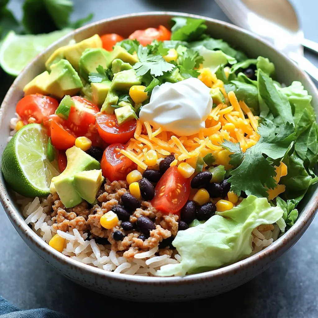 To make a tasty taco rice bowl, gather these ingredients: - 1 cup jasmine rice - 1 pound ground turkey (or beef) - 1 packet taco seasoning - 1 cup black beans, drained and rinsed - 1 cup corn kernels (fresh or frozen) - 1 cup diced tomatoes (canned or fresh) - 1 cup shredded lettuce - 1 avocado, diced - ½ cup shredded cheddar cheese - ¼ cup sour cream - 2 tablespoons olive oil - Fresh cilantro for garnish - Lime wedges for serving - Salt and pepper to taste These ingredients work together to create rich flavors in your bowl. You will need a few tools to make this meal: - Saucepan for cooking rice - Skillet for cooking meat - Spoon for mixing - Measuring cups and spoons - Serving bowls for assembly - Fork for fluffing rice These tools help make the cooking process smooth and easy. When you shop for ingredients, keep these tips in mind: - Choose jasmine rice that is free of cracks or broken grains. - Look for ground turkey or beef that is bright and firm. - Pick black beans that are shiny, with no dents on the can. - If using fresh corn, select ears that feel heavy and firm. - For tomatoes, pick ones that are ripe and fragrant. - Select lettuce with crisp leaves and no brown spots. - Choose avocados that yield slightly when pressed but are not too soft. Fresh ingredients make your taco rice bowl taste its best. To start, rinse 1 cup of jasmine rice under cold water. Keep rinsing until the water runs clear. This step helps remove extra starch. Next, bring 2 cups of water to a boil in a saucepan. Add the rinsed rice and cover the pot. Lower the heat to a simmer for about 15 minutes. The rice will absorb all the water. After 15 minutes, remove the pot from heat. Let it sit covered for 5 more minutes. Finally, fluff the rice with a fork. While the rice cooks, heat 2 tablespoons of olive oil in a skillet over medium heat. Add 1 pound of ground turkey or beef to the skillet. Sprinkle in the taco seasoning from the packet. Cook the meat for about 5 to 7 minutes. Break the meat apart with a spoon as it cooks. Make sure it turns a nice brown color. Once the meat is browned, mix in 1 cup of black beans and 1 cup of corn kernels. Stir everything together well. Let it cook for an additional 2 to 3 minutes. The beans and corn should be heated through. Taste your mixture and add salt and pepper as needed. Now it’s time to build your bowl! Start with a generous scoop of fluffy jasmine rice in each serving bowl. Next, add a layer of the seasoned meat mixture on top of the rice. Follow this with 1 cup of diced tomatoes and 1 cup of shredded lettuce. Make sure to spread them evenly. For the finishing touches, layer on diced avocado and sprinkle with ½ cup of shredded cheddar cheese. Then, add a dollop of sour cream on each bowl. Finally, garnish with fresh cilantro. Serve lime wedges on the side. Squeeze lime juice over your bowl before eating for extra flavor! To cook jasmine rice well, start by rinsing it. Rinse it under cold water until the water is clear. This step removes excess starch and prevents stickiness. Next, bring two cups of water to a boil in a saucepan. Once boiling, add one cup of jasmine rice. Cover the pot and lower the heat to a simmer. Let it cook for about 15 minutes. After that, remove it from heat. Let it sit covered for five more minutes. Finally, fluff the rice with a fork. This method gives you fluffy, perfect rice every time. Taco seasoning can be a fun way to change flavors. You can start with a packet of taco seasoning. But feel free to tweak it! Add more chili powder for heat. You might like garlic powder for depth. Cumin adds warmth, while paprika gives color. Taste your meat mixture while cooking. Adjust the seasoning based on your preference. This way, you can make the dish as spicy or mild as you like. A well-presented taco rice bowl is eye-catching. Start with a base of fluffy jasmine rice. Layer the seasoned meat mixture on top. Add bright diced tomatoes and shredded lettuce next. For color and texture, sprinkle diced avocado. A bit of shredded cheddar adds richness. Finish with a dollop of sour cream and fresh cilantro. Serve with lime wedges on the side for extra zest. These steps make your dish not only tasty but also beautiful. Enjoy the process of making it look great! {{image_2}} For a tasty vegetarian taco rice bowl, swap meat for hearty veggies. Use a mix of bell peppers, zucchini, and mushrooms. Sauté these in olive oil before adding taco seasoning. Stir in black beans and corn just like the meat version. This bowl is still full of flavor and fun! To make this bowl vegan, skip the sour cream and cheese. Use avocado and a sprinkle of nutritional yeast for a cheesy flavor. You can also add more beans or use lentils for protein. Top it with fresh salsa or guacamole for added taste and texture. This taco rice bowl is naturally gluten-free when using gluten-free taco seasoning. Ensure all canned ingredients, like beans and tomatoes, are gluten-free. Serve it with jasmine rice, or replace it with quinoa for a nutty flavor. Enjoy a delicious meal without worry! To keep your Taco Rice Bowl fresh, store leftovers in an airtight container. This helps maintain flavors and moisture. Allow the bowl to cool to room temperature before sealing. You can store it in the fridge for up to three days. When you are ready to enjoy your leftovers, gently reheat them. The microwave works well here. Place your portion on a microwave-safe plate. Heat it for about one to two minutes. Stir halfway through to ensure even heating. You can also reheat on the stove. Add a splash of water to keep the rice moist. Heat on low until warm. If you want to save Taco Rice Bowls for later, freezing is a great option. Divide the bowl into single servings. Use freezer-safe containers or bags. Make sure to remove as much air as possible to prevent freezer burn. They can last up to three months in the freezer. To eat, let it thaw overnight in the fridge and reheat as mentioned above. You can use ground chicken or pork as good substitutes. If you want a plant-based option, try lentils or crumbled tofu. These choices still give you a great taste and texture. You can store Taco Rice Bowls in the fridge for up to three days. Make sure to keep them in an airtight container to keep them fresh. Yes, brown rice works well. It takes longer to cook, so adjust your time. Brown rice adds a nice nutty flavor and extra fiber, making your meal healthier. You can add sliced jalapeños for heat. Try fresh salsa or pico de gallo for a bright taste. Other great options include diced red onion, sour cream, or even hot sauce. Fresh herbs like cilantro or chives also make great additions. To spice up your Taco Rice Bowl, add diced jalapeños or chipotle peppers. You can also mix in some hot sauce or cayenne pepper to the ground meat. A sprinkle of chili flakes can also bring the heat. In this blog post, we explored how to create a delicious taco rice bowl. We covered the essential ingredients and tools, plus tips for fresh choices. The step-by-step instructions guide you through cooking jasmine rice and preparing protein. We also offered useful tips for perfect cooking and great presentation. Don’t forget the variations for dietary needs and storage tips for leftovers. Use this knowledge to impress your friends with a tasty meal. Enjoy every bite and make it your own!