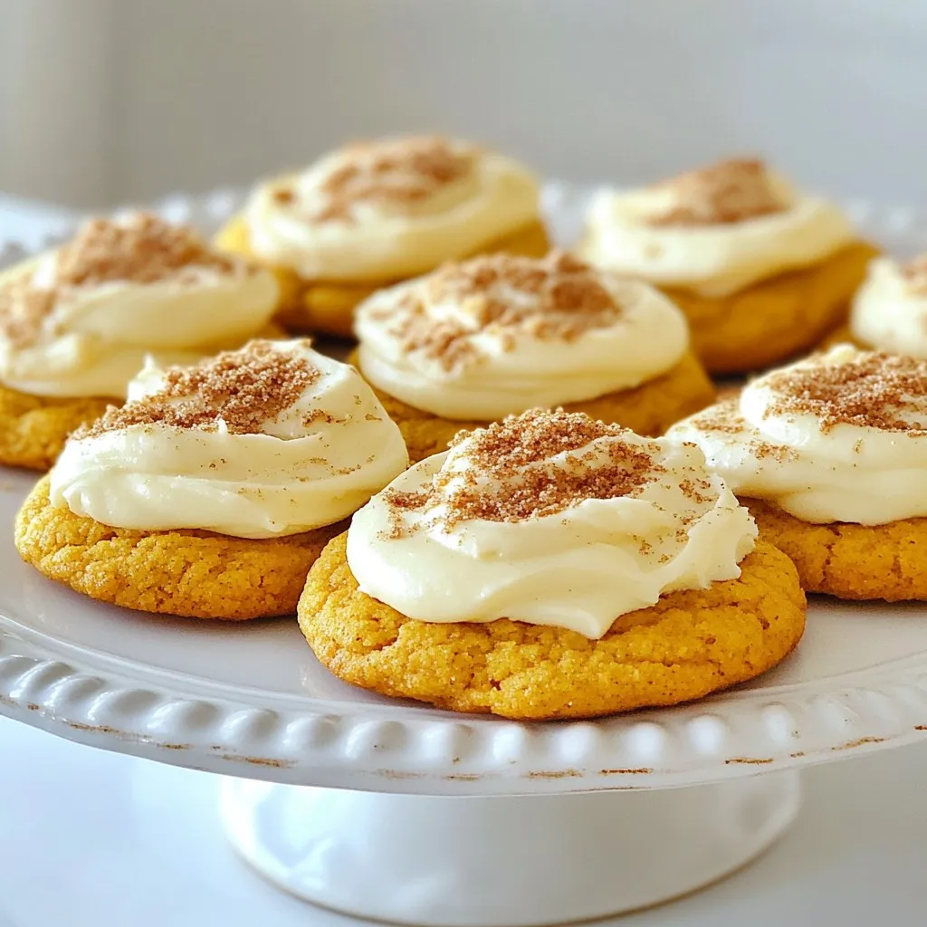 To make these delightful pumpkin cookies, you need the following items: - 1 cup pumpkin puree - 1/2 cup granulated sugar - 1/2 cup brown sugar, packed - 1/2 cup unsalted butter, softened - 1 large egg - 1 teaspoon vanilla extract - 2 cups all-purpose flour - 1 teaspoon baking soda - 1 teaspoon baking powder - 1 teaspoon ground cinnamon - 1/2 teaspoon ground nutmeg - 1/4 teaspoon ground ginger - 1/4 teaspoon salt - 1 cup cream cheese, softened - 1/4 cup powdered sugar - 1 tablespoon milk You can make some swaps in this recipe. For pumpkin puree, you can use butternut squash puree. If you want a dairy-free option, try using coconut oil instead of butter. For the frosting, you can use a dairy-free cream cheese. You can also swap powdered sugar for a sugar alternative if you prefer. The quality of your ingredients matters. Fresh pumpkin puree gives the best flavor. Use real butter for a rich taste. Good quality spices add warmth and depth. Using high-quality cream cheese makes the frosting creamy and smooth. If you want the best cookies, don’t skimp on these ingredients. {{ingredient_image_1}} Start by preheating your oven to 350°F (175°C). This step is key for even baking. Next, grab a baking sheet and line it with parchment paper. This helps keep the cookies from sticking. In a large mixing bowl, combine 1/2 cup of softened unsalted butter, 1/2 cup of granulated sugar, and 1/2 cup of brown sugar. Use a mixer to beat these together until creamy. Then, add 1 cup of pumpkin puree, 1 large egg, and 1 teaspoon of vanilla extract. Mix until everything is well blended. In a separate bowl, whisk together 2 cups of all-purpose flour, 1 teaspoon of baking soda, 1 teaspoon of baking powder, 1 teaspoon of ground cinnamon, 1/2 teaspoon of ground nutmeg, 1/4 teaspoon of ground ginger, and 1/4 teaspoon of salt. Gradually add this dry mix to your wet ingredients. Mix just until combined, being careful not to overmix. Now, drop tablespoonfuls of the cookie dough onto your prepared baking sheet. Space them about 2 inches apart and flatten them slightly with a spoon. Bake the cookies for 12-15 minutes. The edges should be lightly golden. The centers will look soft but will firm up as they cool. Keep an eye on them to avoid overbaking. While the cookies cool, it's time to make the frosting. In a medium bowl, beat 1 cup of softened cream cheese until smooth. Add 1/4 cup of powdered sugar and 1 tablespoon of milk. Mix until you reach a creamy consistency. Adjust with more milk or powdered sugar if needed. Once the cookies are cool, spread a generous dollop of frosting on each one. For a lovely finish, sprinkle a pinch of cinnamon or pumpkin spice on top. To make soft and chewy pumpkin cookies, you need the right balance of wet and dry ingredients. Use one cup of pumpkin puree. This adds moisture and flavor. Don’t overmix the dough when you combine wet and dry ingredients. Overmixing can make cookies tough. One common mistake is using too much flour. Scoop flour directly from the bag. Then, level it off with a knife. Don’t pack it down into the cup. Another mistake is baking the cookies too long. Check them at 12 minutes. The edges should be golden, and the middle will look soft. Spices make pumpkin cookies extra special. Use ground cinnamon, nutmeg, and ginger. Each spice adds warmth and depth. For a twist, add a pinch of allspice or cloves. You can also sprinkle some cinnamon on top of the frosting for added flavor. Pro Tips Use Fresh Pumpkin Puree: For the best flavor, consider using fresh pumpkin puree instead of canned. Roast a pumpkin and blend until smooth for a rich, natural taste. Chill the Dough: If the dough feels too sticky to handle, chill it in the refrigerator for 30 minutes. This helps the cookies hold their shape while baking. Frosting Variations: Experiment with the frosting by adding flavors like maple syrup or vanilla bean to create a unique twist on the classic cream cheese frosting. Storage Tips: Store cookies in an airtight container at room temperature for up to a week. For longer storage, freeze the unfrosted cookies and frost them when ready to serve. {{image_2}} You can make gluten-free pumpkin cookies easily. Just swap the all-purpose flour with a gluten-free blend. Look for one that works well in baking. This blend should have a mix of flours and starches. Make sure your baking soda and powder are also gluten-free. The taste stays rich and similar to the classic version. To make these cookies vegan, replace the egg with a flax egg. Mix one tablespoon of ground flaxseed with three tablespoons of water. Let it sit for a few minutes until it thickens. Use vegan butter instead of regular butter. For the frosting, use non-dairy cream cheese. This makes a tasty treat for everyone. While cream cheese frosting is a star, you can try other toppings too. For a lighter option, whip up some coconut cream. Just chill a can of coconut milk and whip the solid part. You can also use a simple glaze made of powdered sugar and milk. Add a splash of vanilla or maple for extra flavor. Each option gives a unique twist to your pumpkin cookies. Store your pumpkin cookies in an airtight container. This keeps them fresh. You can stack them with sheets of parchment paper in between. This prevents them from sticking together. Keep the container at room temperature. They will stay soft and tasty this way. To freeze your pumpkin cookies, first cool them completely. Place them in a single layer on a baking sheet. Freeze them for about an hour. Then, transfer them to a freezer bag. Remove as much air as possible. Label the bag with the date. You can freeze them for up to three months. Pumpkin cookies can last about a week at room temperature. If stored well, they stay soft and yummy. For frosting, keep it in the fridge. It lasts about a week too. If you freeze the cookies with frosting, eat them within a month for best flavor. You can use butternut squash puree instead of pumpkin puree. It has a similar taste and texture. Sweet potato puree is another great choice. Both will give your cookies a lovely flavor. Look for a light golden edge on your cookies. The centers might seem soft but will firm up as they cool. A toothpick inserted in the center should come out clean or with a few moist crumbs. Yes, you can make the cream cheese frosting in advance. Store it in an airtight container in the fridge for up to three days. Just stir it again before using to get it smooth. Pumpkin cookies are usually cakey, thanks to the pumpkin puree. They have a soft, moist texture that feels light. If you want a chewier cookie, try using less flour and bake them a bit longer. Absolutely! Adding chocolate chips brings a nice sweetness to the cookies. You can mix in about one cup of chocolate chips into the dough before baking. It adds a fun twist to the flavor. This blog post provided a complete guide on making pumpkin cookies. We discussed important ingredients, key substitutions, and why quality matters. You learned step-by-step instructions for mixing, baking, and frosting. I shared tips to avoid common mistakes for the best texture. We covered fun variations, storage methods, and answered your top FAQs. Now, you have all the tools to create delicious pumpkin cookies. Enjoy baking and sharing them with friends and family!