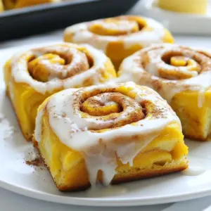 - 2 cups all-purpose flour - 1/4 cup granulated sugar - 1/4 cup brown sugar, packed - 1/2 teaspoon salt - 1 teaspoon ground cinnamon - 1/2 teaspoon ground nutmeg - 1/4 teaspoon ground ginger - 1 cup canned pumpkin puree - 2 1/4 teaspoons active dry yeast - 1/4 cup warm milk - 1/4 cup unsalted butter, melted - 1 large egg - 1/2 cup cream cheese, softened - 1 cup powdered sugar - 1 teaspoon vanilla extract - 2 tablespoons milk When you set out to make these pumpkin cinnamon rolls, you gather these key ingredients. The dry ingredients create the dough's base, while the wet ones add moisture and flavor. The glaze ingredients bring sweetness and a creamy finish to the rolls. Each item plays a vital role in making this fall treat a success. The spices—cinnamon, nutmeg, and ginger—infuse warmth and comfort into the rolls. The pumpkin puree not only adds flavor but also makes the rolls soft and moist. Combining these elements creates a delightful balance between taste and texture. When you have everything ready, you're one step closer to baking a batch of delicious pumpkin cinnamon rolls. {{ingredient_image_1}} To start, you need to combine yeast and warm milk. In a small bowl, mix the warmed milk with the active dry yeast. Stir gently and let it sit for about five minutes. You want it frothy. This means the yeast is ready. Next, it's time to mix the dry ingredients. In a large bowl, combine the all-purpose flour, granulated sugar, brown sugar, salt, ground cinnamon, nutmeg, and ginger. This blend gives your rolls a warm flavor. Now, let’s combine the wet and dry ingredients. Add the pumpkin puree, melted butter, egg, and the frothy yeast mixture to the dry mix. Stir until a dough forms. It should be soft but not sticky. When the dough is ready, you must knead it. Use a floured surface and knead the dough for five to seven minutes. You are looking for smooth and elastic dough. This step is key for a good texture. Once kneaded, place the dough in a greased bowl. Cover it with a clean kitchen towel. Let it rise in a warm place for one hour. It should double in size. This is the first rise, and it helps develop flavor and texture. After the dough has risen, it's time to shape the rolls. Roll out the dough on a floured surface into a rectangle. Aim for about a quarter inch thick. Now, you need to add butter and cinnamon-sugar filling. Spread a thin layer of softened butter over the entire surface. Next, sprinkle the cinnamon-sugar mix evenly on top. Then, cutting and arranging rolls comes next. Roll the dough tightly from one long side to the other. Pinch the edges to seal. Cut the log into 12 equal pieces. Place them in a greased baking dish. Before you bake, preheat the oven to 375°F (190°C). This step is crucial for even baking. Now, it’s time for the baking time and signs of doneness. Bake your rolls for 20 to 25 minutes. They should turn golden brown. A toothpick inserted should come out clean. While the rolls bake, let’s prepare the glaze. Mixing cream cheese glaze ingredients is easy. Combine softened cream cheese, powdered sugar, vanilla extract, and two tablespoons of milk. Stir until smooth. Check for consistency. The glaze should be thick but pourable. If it's too thick, add a bit more milk. Once the rolls are done baking, let them cool slightly. This step is important before glazing. Now you can cooling and glazing the rolls. Drizzle the cream cheese glaze generously over the top. For presentation tips, serve warm on a nice platter. Add extra glaze and a sprinkle of cinnamon for an autumn touch. Enjoy the warmth and flavor of your pumpkin cinnamon rolls! - Knead the dough for 5-7 minutes. This helps develop gluten. - Use a floured surface to prevent sticking. - The dough should feel smooth and elastic. - To check if the dough has risen, poke it gently. If it springs back slowly, it’s ready. - Try adding a pinch of allspice for extra warmth. - You can mix in chopped pecans or walnuts for crunch. - Dark chocolate chips add a sweet twist to your rolls. - Pair your rolls with warm apple cider or coffee. - Serve on a festive platter with a sprinkle of cinnamon. - Drizzle extra glaze on top for a beautiful finish. Pro Tips Don’t Rush the Rising: Allow the dough to rise fully for the best texture. It should double in size, which ensures light and fluffy rolls. Use Fresh Spices: For the best flavor, use fresh ground spices. They can make a significant difference in the taste of your cinnamon rolls. Check Oven Temperature: Use an oven thermometer to ensure your oven is at the right temperature, as an inaccurate oven can lead to undercooked or burnt rolls. Make Ahead: You can prepare the rolls the night before, cover them tightly, and place them in the fridge. Let them come to room temperature before baking in the morning. {{image_2}} For a gluten-free twist, you can use gluten-free flour blends. Look for a blend that includes xanthan gum. This helps mimic the texture of regular flour. You can also try almond flour or coconut flour. These will change the texture a bit, but they add a unique taste. Just remember to adjust the liquid in your dough. Gluten-free dough can be drier, so add a bit more liquid if needed. To make these rolls vegan, replace the egg with a flax egg. To make a flax egg, mix one tablespoon of ground flaxseed with three tablespoons of water. Let it sit for about five minutes to thicken. Use almond milk or oat milk instead of regular milk. For butter, try coconut oil or vegan butter. These swaps keep your rolls soft and delicious without any animal products. For creative fillings, think beyond the classic cinnamon and sugar. You can add chopped apples or pears for a fruity kick. Chocolate chips can also bring a sweet twist. If you love nuts, try adding walnuts or pecans for crunch. You can also sprinkle in some dried cranberries for a tart contrast. Experimenting with fillings lets you customize your rolls to your taste. To keep your pumpkin cinnamon rolls fresh, place them in an airtight container. You can also wrap them tightly in plastic wrap. This method keeps them moist. Store them at room temperature for up to 2 days. If you want to keep them longer, refrigeration works too, but they may dry out. Freezing these rolls is simple and smart. First, let the rolls cool completely. Then, wrap each roll in plastic wrap. Place them in a freezer-safe bag or container. You can freeze them for up to 3 months. When you're ready to enjoy, thaw them in the fridge overnight. Then, warm them in the oven at 350°F for 10-15 minutes. These rolls stay fresh for about 2 days at room temperature. If you store them in the fridge, they can last up to a week. Freezing extends their life to about 3 months. Just remember, the fresher they are, the better they taste! Yes, you can prepare Pumpkin Cinnamon Rolls ahead of time. Here’s how: - Make the dough and let it rise. - After shaping the rolls, place them in a greased dish. - Cover with plastic wrap and refrigerate overnight. - The next morning, let the rolls rise for 30 minutes before baking. If your rolls did not rise, check for these common issues: - The yeast may be expired. Always check the date. - The milk might have been too hot or too cold. It should be warm, not hot. - Ensure the dough is in a warm place to rise properly. To achieve softer rolls, follow these techniques: - Use bread flour instead of all-purpose flour. - Knead the dough well to develop gluten. - Make sure not to overbake the rolls; they should be golden, not brown. Yes, you can use homemade pumpkin puree. Here’s what to consider: - Ensure it is well-drained to avoid excess moisture. - Use the same amount as canned pumpkin in the recipe. - Fresh puree may have a different flavor; adjust spices if needed. Pair your Pumpkin Cinnamon Rolls with these options: - Hot coffee or warm apple cider enhances the fall flavors. - Serve with a side of whipped cream or vanilla ice cream for added sweetness. - A light fruit salad can balance the richness of the rolls. In this post, we covered the key ingredients and steps to make delightful pumpkin cinnamon rolls. You learned how to prepare the dough, shape, bake, and glaze them. We shared tips to ensure perfect rolls and suggested fun variations. Use this knowledge to impress your friends and family. Baking can be fun and rewarding. Experiment with your flavors and make the recipe your own. Enjoy the warmth and joy these rolls bring to your home!